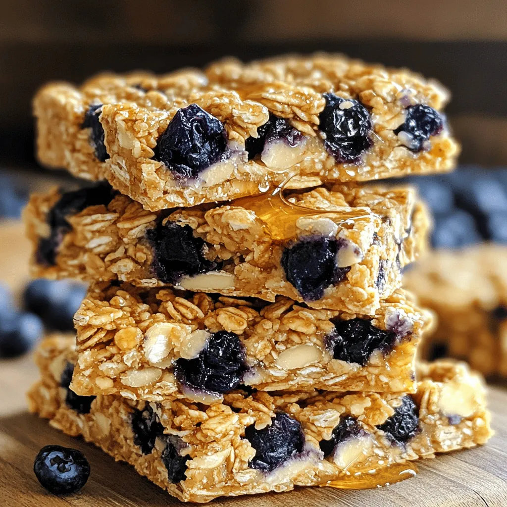 - 2 cups rolled oats - 1 cup unsalted almond butter - 1/2 cup honey or maple syrup - 1 teaspoon pure vanilla extract - 1 cup dried blueberries - 1/2 cup chopped almonds or walnuts - 1/4 teaspoon sea salt - 1/4 teaspoon ground cinnamon - Optional: 1/4 cup mini dark chocolate chips When you gather these ingredients, think about their benefits. Rolled oats are a great source of fiber. They help keep you full longer. Almond butter adds healthy fats and protein. Honey or maple syrup gives a natural sweetness. Pure vanilla extract brings a warm, rich flavor. Dried blueberries are packed with antioxidants, making them a superfood. Chopped almonds or walnuts add crunch and nutrients. Sea salt enhances all the flavors. Ground cinnamon not only tastes good but also has health perks. If you want an extra treat, add mini dark chocolate chips. They add a sweet surprise. The combination of these ingredients makes for a healthy snack. It’s easy to make and fun to eat. For the full recipe, check out the details above. 1. Preheat your oven and prepare the baking pan: Start by setting your oven to 350°F (175°C). Line an 8x8 inch baking pan with parchment paper. Leave some paper over the sides. This helps you lift the bars out easily later. 2. Mix dry ingredients thoroughly: In a big bowl, combine the rolled oats, chopped almonds or walnuts, dried blueberries, sea salt, and ground cinnamon. Stir well to mix everything evenly. 3. Combine wet ingredients for granola bars: In another bowl, whisk together the almond butter, honey (or maple syrup), and vanilla extract. Make sure this mixture is smooth and creamy. 1. Transfer mixture to the baking pan and press down: Pour the wet mixture over the dry ingredients. Use a spatula to mix everything until all the oats and nuts are coated. Then, scoop the mixture into your prepared baking pan. Press down firmly so it forms an even layer. This step is key to ensure the bars stick together. 2. Bake until golden brown and aromatic: Place the pan in your preheated oven. Bake for 20-25 minutes. Look for a golden brown color around the edges. You should also smell a lovely aroma filling your kitchen. 1. Cool the baked mixture and cut into bars: After baking, let the pan cool for about 10 minutes. Then, lift the granola mixture out using the parchment paper overhang. Set it on a wire rack to cool completely. Once cool, use a sharp knife to cut it into squares or rectangles. 2. Storage recommendations for freshness: To keep your granola bars fresh, store them in an airtight container. They can last up to a week at room temperature. If you want them to last longer, consider freezing them. This way, you always have a healthy snack ready to go. For the full recipe, check out the details above. To make the best blueberry vanilla granola bars, pressing the mixture firmly is key. This helps the bars stay together when you cut them. After mixing, use a spatula to press down evenly. Aim for a compact layer in the pan. Baking time is also important. Bake the bars for 20 to 25 minutes. Keep an eye on them, and take them out when the edges turn golden brown. This gives the bars a nice crunch while keeping the center chewy. Using high-quality ingredients makes a big difference. For almond butter, I recommend brands like Justin’s or MaraNatha. These offer great flavor and creaminess. For oats, look for old-fashioned rolled oats, like Quaker or Bob’s Red Mill. Finding dried blueberries can be tricky. I suggest checking local health food stores or online retailers. Brands like Sun-Maid and Trader Joe's have good options. Make sure the blueberries are plump and sweet for the best flavor. Serving your granola bars can be fun and creative. Try cutting them into fun shapes with cookie cutters. You can also stack them on a rustic wooden board for a nice look. Adding toppings can bring extra flavor. Drizzle some honey or maple syrup on top for sweetness. You can also sprinkle some chopped nuts or mini dark chocolate chips for texture. This makes your bars look as good as they taste! For the full recipe, check out the Blueberry Vanilla Granola Bars section above. {{image_4}} You can change the nuts in your granola bars. Try using cashews, pecans, or sunflower seeds. Each nut adds its own taste and texture. You can also mix seeds like pumpkin or chia for extra crunch and nutrition. For fruit, consider adding dried cranberries, apricots, or even raisins. The flavor blends will surprise you! If you want nut-free bars, use sunflower seed butter instead of almond butter. This keeps the texture and taste while being safe for nut allergies. You can also make these bars vegan by swapping honey for maple syrup. This keeps it sweet without using any animal products. For gluten-free options, ensure you use certified gluten-free oats. This way, everyone can enjoy these tasty snacks! To match the seasons, you can add spices or flavors. In fall, add pumpkin spice for a cozy taste. In winter, try a touch of cinnamon or ginger. During summer, consider adding fresh berries or a hint of mint. These small changes make your granola bars feel special and fresh throughout the year. You can find the Full Recipe for these delicious bars to try all these variations! To keep your blueberry vanilla granola bars fresh, store them in an airtight container. This helps prevent them from becoming stale. I recommend using glass jars or plastic containers with tight seals. Line the bottom with parchment paper for easy removal. You can also separate layers with wax paper to avoid sticking. If you want to save some for later, freezing is a great option! First, cut the granola bars into your desired sizes. Wrap each piece tightly in plastic wrap. Then, place them in a freezer-safe bag or container. Be sure to label the bag with the date. When you’re ready to eat one, just take it out and let it thaw at room temperature. This keeps the texture nice and chewy. In the pantry, these granola bars last about a week. If you keep them in the fridge, they can stay fresh for up to two weeks. Storing them in the freezer can extend their life to about three months. Enjoy your homemade snack anytime! For the full recipe, check it out above. Can I use fresh blueberries instead of dried? Yes, you can use fresh blueberries. However, the bars may become soggy. Dried blueberries work best because they add sweetness and chewiness. If you prefer fresh, try adding them for a burst of flavor. Just keep the moisture in mind. What can I substitute for almond butter? You can use peanut butter, sunflower seed butter, or cashew butter. Each option gives a unique taste. Choose what fits your diet or flavor preference. If you want a nut-free option, sunflower seed butter is a great choice. Caloric value and macronutrient breakdown per serving Each granola bar has about 150 calories. It contains 5 grams of protein, 8 grams of fat, and 18 grams of carbs. This makes them a balanced snack. They provide energy while keeping you full. Health benefits of the ingredients used - Rolled oats: High in fiber, they help digestion. - Almond butter: Packed with healthy fats, it boosts heart health. - Honey or maple syrup: Natural sweeteners that give quick energy. - Dried blueberries: Rich in antioxidants, they support your immune system. - Nuts: Provide protein and essential nutrients for overall health. What to do if bars crumble when cut? If your bars crumble, they might need more binding. Ensure you press the mixture firmly into the pan. You can also add a bit more almond butter or honey next time. How to adjust sweetness or flavor levels To change the sweetness, add more honey or maple syrup. If you want less sweetness, reduce it by half. For more flavor, try adding extra vanilla or a pinch of cinnamon. Taste as you go to find your perfect balance. This blog post guides you through making tasty blueberry vanilla granola bars. We covered ingredients, step-by-step cooking instructions, and helpful tips for texture and storage. You learned about flavor variations and ways to store your bars for freshness. Remember, these bars are easy to customize. You can adapt them for your taste and diet. I hope you enjoy making these healthy snacks as much as I do. Happy baking!