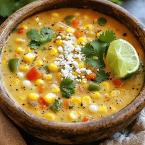 To make Mexican Street Corn Soup, you need the following ingredients: - 4 ears of fresh corn, husked - 1 tablespoon olive oil - 1 medium onion, finely chopped - 2 cloves of garlic, minced - 1 bell pepper (choose red or yellow), diced - 4 cups vegetable broth - 1 cup heavy cream or coconut milk - 1 teaspoon chili powder - 1 teaspoon ground cumin - Salt and black pepper to taste - 1/2 cup cotija cheese, crumbled (feta can be used as an alternative) - 1/4 cup fresh cilantro, chopped - Juice of 1 lime You can enhance your soup with some tasty toppings: - Diced avocado - Extra cilantro - Your favorite hot sauce If you run out of any ingredients, here are some swaps: - Use frozen corn if fresh is not available. - Swap heavy cream for coconut milk to make it dairy-free. - For a different flavor, try a different cheese, like feta. - If you want less spice, reduce the chili powder. This list keeps your cooking simple and flexible. You can adapt it to your tastes and what you have on hand. Enjoy making your Mexican Street Corn Soup! For the complete recipe, check the Full Recipe section. How to Prep the Corn To start, you need to prep the corn. Take 4 ears of fresh corn. Use a sharp knife to cut the kernels off each cob. Slice down the sides carefully to catch all the kernels. Set the kernels aside for later. Sautéing Vegetables Next, grab a large pot and heat 1 tablespoon of olive oil over medium heat. Once the oil is hot, add 1 medium onion, chopped finely, and 1 diced bell pepper. Sauté these for about 5 minutes. Stir them often until they soften and become fragrant. Combining Corn and Broth Now it’s time to combine everything. Add the corn kernels you prepped into the pot. Pour in 4 cups of vegetable broth. Turn up the heat and bring this mix to a boil. Once boiling, reduce the heat. Let it simmer for 10 to 15 minutes to blend the flavors. Blending the Soup For a smooth texture, use an immersion blender. Blend the soup until you reach your desired consistency. If you like some texture, blend half the soup, leaving the rest chunky. After blending, stir in 1 cup of heavy cream or coconut milk. Let it simmer for another 5 minutes. Season with salt and black pepper to taste. Check out the Full Recipe for more details! - Seasoning Recommendations: Start with salt and black pepper. They enhance all flavors. Add chili powder for warmth and cumin for depth. Adjust to your taste. You can try smoked paprika for a different twist. - Boosting Creaminess: Use heavy cream for rich flavor. Coconut milk adds a nice twist for dairy-free eaters. If you want an extra touch, mix in a bit of cream cheese. This makes the soup even richer. - Best Pot for Cooking: A large, heavy-bottom pot works best. It helps heat evenly and prevents burning. Use a pot that holds at least 6 quarts. This ensures enough space for all ingredients. - Tools for Blending: An immersion blender is perfect for this soup. It allows you to blend right in the pot. If you don’t have one, a regular blender works too. Just be careful when transferring hot soup. These tips will help you make a flavorful and smooth Mexican street corn soup. For more detailed steps, check the Full Recipe. {{image_4}} To add heat, use more chili powder or fresh jalapeños. You can also stir in some diced chipotle in adobo for a smoky flavor. Blend these spicy ingredients into the soup to ensure even heat. Adjust based on your taste. Always remember, you can add heat but can't take it away! For vegetarian or vegan versions, you can easily swap ingredients. Here are two simple ideas: - Using Coconut Milk Substitute heavy cream with coconut milk. This adds a rich, creamy texture while keeping the dish vegan. Coconut milk brings a hint of sweetness that pairs well with the spices. It makes the soup feel indulgent without using dairy. - Substituting Vegetable Broth If you want a lighter version, use vegetable broth instead of chicken broth. This keeps everything plant-based while adding depth to the flavor. You can also use homemade broth for a fresher taste. Just simmer some veggies and herbs to create your broth before adding it to the soup. Explore these variations to find your perfect bowl of Mexican street corn soup. For the full recipe, check the earlier sections. After enjoying your Mexican Street Corn Soup, let it cool down. Pour the soup into an airtight container. Make sure to seal it well to keep it fresh. Store it in the fridge for up to 4 days. If you want to enjoy it later, freezing is a great option. When you're ready to eat, take the soup out of the fridge. Pour it into a pot. Heat it over medium heat. Stir often to ensure even warming. If the soup seems thick, add a little vegetable broth or water. You can also microwave it in a safe bowl. Heat it in short bursts, stirring in between, until it’s hot. To freeze your soup, use a freezer-safe container. Leave some space at the top for expansion. You can also use freezer bags to save space. When ready to eat, thaw it overnight in the fridge. You can also use the microwave on the defrost setting. Reheat as mentioned earlier, and enjoy your delicious soup! Mexican Street Corn Soup is a creamy and flavorful dish. It takes the classic street food, elote, and turns it into a soup. You get sweet corn, spices, and creamy goodness in every spoonful. The soup often has lime juice, cotija cheese, and fresh cilantro. It’s a warm and comforting meal, perfect for any day. Yes, you can use frozen corn. Frozen corn is just as good and saves time. It cooks quickly and adds sweetness to the soup. Just add it to the pot when you would add fresh corn. You may want to adjust cooking time as frozen corn may need less time to heat through. To make the soup spicier, add more chili powder or fresh jalapeños. You can mix in hot sauce to your taste. Another option is to add diced chipotle peppers for a smoky flavor. Adjust the spice level to suit your preference, and enjoy the heat! The main difference is the form. Elote is grilled corn on the cob, coated in toppings. This soup combines those flavors into a creamy blend. You still get the same sweet corn, lime, and cheese, but in a warm bowl. The soup is easier to share and enjoy on cool days. For the complete recipe, check out the [Full Recipe]. You learned about making Mexican Street Corn Soup. We discussed essential ingredients, optional toppings, and substitutions. I provided a clear cooking method from prepping corn to blending the soup. Tips on flavor and cooking gear will help you create the best dish. We also explored tasty variations and storage tips. Now, dive in and enjoy your warm, creamy soup! You have the tools to try new flavors and make it your own. Happy cooking!