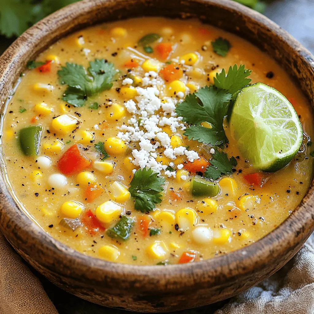To make Mexican Street Corn Soup, you need the following ingredients: - 4 ears of fresh corn, husked - 1 tablespoon olive oil - 1 medium onion, finely chopped - 2 cloves of garlic, minced - 1 bell pepper (choose red or yellow), diced - 4 cups vegetable broth - 1 cup heavy cream or coconut milk - 1 teaspoon chili powder - 1 teaspoon ground cumin - Salt and black pepper to taste - 1/2 cup cotija cheese, crumbled (feta can be used as an alternative) - 1/4 cup fresh cilantro, chopped - Juice of 1 lime You can enhance your soup with some tasty toppings: - Diced avocado - Extra cilantro - Your favorite hot sauce If you run out of any ingredients, here are some swaps: - Use frozen corn if fresh is not available. - Swap heavy cream for coconut milk to make it dairy-free. - For a different flavor, try a different cheese, like feta. - If you want less spice, reduce the chili powder. This list keeps your cooking simple and flexible. You can adapt it to your tastes and what you have on hand. Enjoy making your Mexican Street Corn Soup! For the complete recipe, check the Full Recipe section. How to Prep the Corn To start, you need to prep the corn. Take 4 ears of fresh corn. Use a sharp knife to cut the kernels off each cob. Slice down the sides carefully to catch all the kernels. Set the kernels aside for later. Sautéing Vegetables Next, grab a large pot and heat 1 tablespoon of olive oil over medium heat. Once the oil is hot, add 1 medium onion, chopped finely, and 1 diced bell pepper. Sauté these for about 5 minutes. Stir them often until they soften and become fragrant. Combining Corn and Broth Now it’s time to combine everything. Add the corn kernels you prepped into the pot. Pour in 4 cups of vegetable broth. Turn up the heat and bring this mix to a boil. Once boiling, reduce the heat. Let it simmer for 10 to 15 minutes to blend the flavors. Blending the Soup For a smooth texture, use an immersion blender. Blend the soup until you reach your desired consistency. If you like some texture, blend half the soup, leaving the rest chunky. After blending, stir in 1 cup of heavy cream or coconut milk. Let it simmer for another 5 minutes. Season with salt and black pepper to taste. Check out the Full Recipe for more details! - Seasoning Recommendations: Start with salt and black pepper. They enhance all flavors. Add chili powder for warmth and cumin for depth. Adjust to your taste. You can try smoked paprika for a different twist. - Boosting Creaminess: Use heavy cream for rich flavor. Coconut milk adds a nice twist for dairy-free eaters. If you want an extra touch, mix in a bit of cream cheese. This makes the soup even richer. - Best Pot for Cooking: A large, heavy-bottom pot works best. It helps heat evenly and prevents burning. Use a pot that holds at least 6 quarts. This ensures enough space for all ingredients. - Tools for Blending: An immersion blender is perfect for this soup. It allows you to blend right in the pot. If you don’t have one, a regular blender works too. Just be careful when transferring hot soup. These tips will help you make a flavorful and smooth Mexican street corn soup. For more detailed steps, check the Full Recipe. {{image_4}} To add heat, use more chili powder or fresh jalapeños. You can also stir in some diced chipotle in adobo for a smoky flavor. Blend these spicy ingredients into the soup to ensure even heat. Adjust based on your taste. Always remember, you can add heat but can't take it away! For vegetarian or vegan versions, you can easily swap ingredients. Here are two simple ideas: - Using Coconut Milk Substitute heavy cream with coconut milk. This adds a rich, creamy texture while keeping the dish vegan. Coconut milk brings a hint of sweetness that pairs well with the spices. It makes the soup feel indulgent without using dairy. - Substituting Vegetable Broth If you want a lighter version, use vegetable broth instead of chicken broth. This keeps everything plant-based while adding depth to the flavor. You can also use homemade broth for a fresher taste. Just simmer some veggies and herbs to create your broth before adding it to the soup. Explore these variations to find your perfect bowl of Mexican street corn soup. For the full recipe, check the earlier sections. After enjoying your Mexican Street Corn Soup, let it cool down. Pour the soup into an airtight container. Make sure to seal it well to keep it fresh. Store it in the fridge for up to 4 days. If you want to enjoy it later, freezing is a great option. When you're ready to eat, take the soup out of the fridge. Pour it into a pot. Heat it over medium heat. Stir often to ensure even warming. If the soup seems thick, add a little vegetable broth or water. You can also microwave it in a safe bowl. Heat it in short bursts, stirring in between, until it’s hot. To freeze your soup, use a freezer-safe container. Leave some space at the top for expansion. You can also use freezer bags to save space. When ready to eat, thaw it overnight in the fridge. You can also use the microwave on the defrost setting. Reheat as mentioned earlier, and enjoy your delicious soup! Mexican Street Corn Soup is a creamy and flavorful dish. It takes the classic street food, elote, and turns it into a soup. You get sweet corn, spices, and creamy goodness in every spoonful. The soup often has lime juice, cotija cheese, and fresh cilantro. It’s a warm and comforting meal, perfect for any day. Yes, you can use frozen corn. Frozen corn is just as good and saves time. It cooks quickly and adds sweetness to the soup. Just add it to the pot when you would add fresh corn. You may want to adjust cooking time as frozen corn may need less time to heat through. To make the soup spicier, add more chili powder or fresh jalapeños. You can mix in hot sauce to your taste. Another option is to add diced chipotle peppers for a smoky flavor. Adjust the spice level to suit your preference, and enjoy the heat! The main difference is the form. Elote is grilled corn on the cob, coated in toppings. This soup combines those flavors into a creamy blend. You still get the same sweet corn, lime, and cheese, but in a warm bowl. The soup is easier to share and enjoy on cool days. For the complete recipe, check out the [Full Recipe]. You learned about making Mexican Street Corn Soup. We discussed essential ingredients, optional toppings, and substitutions. I provided a clear cooking method from prepping corn to blending the soup. Tips on flavor and cooking gear will help you create the best dish. We also explored tasty variations and storage tips. Now, dive in and enjoy your warm, creamy soup! You have the tools to try new flavors and make it your own. Happy cooking!