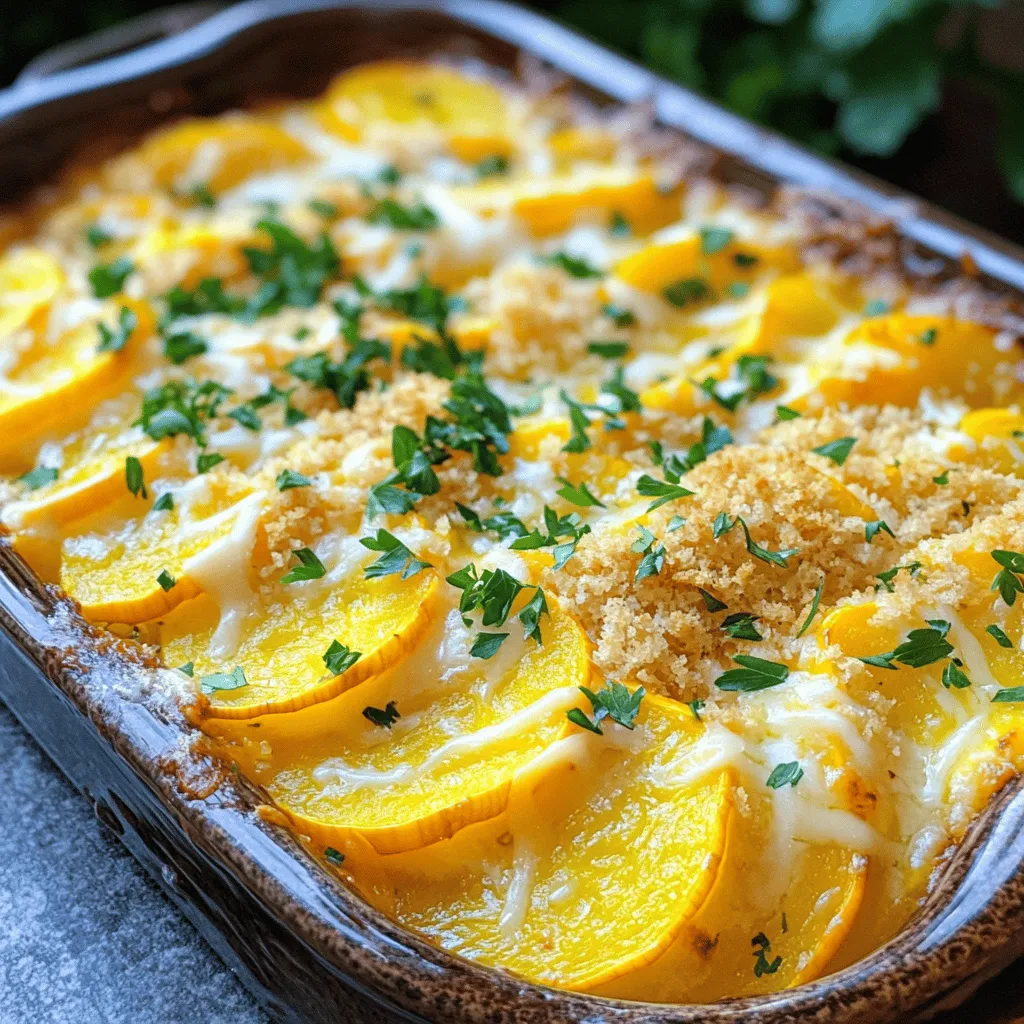 - 4 medium yellow squash, sliced into thin rounds - 1 medium onion, finely chopped - 2 cloves garlic, minced - 1 cup shredded sharp cheddar cheese (divided) - 1/2 cup sour cream The key to a great yellow squash casserole starts with fresh ingredients. Yellow squash has a mild, sweet flavor. The onion and garlic add depth and aroma. Cheddar cheese gives a rich, creamy texture. Sour cream adds a tangy taste that balances the dish. - 1 cup breadcrumbs (preferably seasoned) - 2 tablespoons extra virgin olive oil - 1 teaspoon dried thyme - 1/2 teaspoon kosher salt - 1/4 teaspoon freshly ground black pepper - 1/4 teaspoon cayenne pepper (optional for added heat) - Fresh parsley, chopped, for garnish Using seasoned breadcrumbs can enhance the flavor. Thyme adds a lovely herbal note. A pinch of cayenne pepper gives a little kick. Fresh parsley is perfect for topping. It adds color and freshness to your casserole. You can find the [Full Recipe](#) for detailed steps and tips. How to choose the best yellow squash Look for squash that is firm and smooth. The skin should be bright yellow. Avoid squash with soft spots or blemishes. Smaller squash are often sweeter and more tender. Tips for sautéing vegetables properly Heat your skillet before adding oil. Use medium heat for even cooking. Add onions first and cook until soft. Then, add garlic and stir for one minute. Finally, add your yellow squash. Cook until tender but not mushy. This keeps the flavor and texture just right. Best sides to accompany the casserole A fresh green salad pairs well. You can also serve it with crusty bread for a full meal. Grilled chicken or fish can add protein if you want. For a twist, try adding roasted veggies on the side. Presentation ideas for serving Serve the casserole right from the dish for a homey feel. For a special touch, garnish with fresh parsley before serving. You can also plate individual servings for a nice look. Adding other vegetables You can mix in zucchini or bell peppers for more color and taste. Spinach or kale can add a healthy boost. Just sauté them along with the onions and squash. Substituting cheese options If you want a different flavor, try using mozzarella or feta cheese. You can also use vegan cheese for a dairy-free option. Mix and match to find your favorite cheese combination. Incorporating meats like chicken or sausage Add cooked chicken or sausage for extra protein. Dice them small and mix in with the squash. Sauté them first for the best flavor. Plant-based protein suggestions Use lentils or chickpeas for a hearty, plant-based option. They add protein and fiber. Mix them in with the other ingredients before baking. For the full recipe, check out the Cheesy Yellow Squash Casserole Fest. To keep your yellow squash casserole fresh, follow these tips: - Refrigeration: Let the casserole cool completely. Cover it with plastic wrap or foil. Store it in the fridge for up to 3 days. - Freezing: For long-term storage, freeze the casserole. Use an airtight container or freezer bag. It can last up to 3 months in the freezer. Thaw overnight in the fridge before reheating. When you are ready to enjoy your leftovers, here’s how to reheat them without drying out: - Oven Method: Preheat your oven to 350°F (175°C). Place the casserole in an oven-safe dish. Cover it with foil to keep moisture in. Heat for about 20-25 minutes. - Microwave Method: Place a single serving on a microwave-safe plate. Heat for 1-2 minutes, checking often to avoid dryness. - Can I make this dish ahead of time? Yes! You can prepare the casserole a day before. Store it in the fridge, then bake it when you're ready to serve. - What can I substitute if I don’t have sour cream? You can use Greek yogurt or cream cheese as a substitute for sour cream. Both will add creaminess and taste. This casserole is tasty and has many health benefits: - Calories: One serving has around 250 calories. - Health Benefits: Yellow squash is low in calories and high in vitamins A and C. - Healthier Version: Use low-fat cheese and whole grain breadcrumbs for a lighter option. - Can I use different types of squash? Yes! You can mix in zucchini or even butternut squash for a twist. Just cut them into similar sizes. - How can I make the casserole gluten-free? Use gluten-free breadcrumbs and check the cheese for gluten-free labels. This way, everyone can enjoy it! {{image_4}} In this post, we explored yellow squash casserole from ingredients to serving tips. We covered key ingredients like yellow squash, cheddar cheese, and optional spices. You learned step-by-step instructions for cooking and baking the casserole. We also discussed storage tips and ways to adjust the recipe for your needs. This dish is easy to make and full of flavor. With a few simple steps, you can enjoy a comforting meal that suits any occasion. Try adding your personal touch, and share the joy with friends and family!