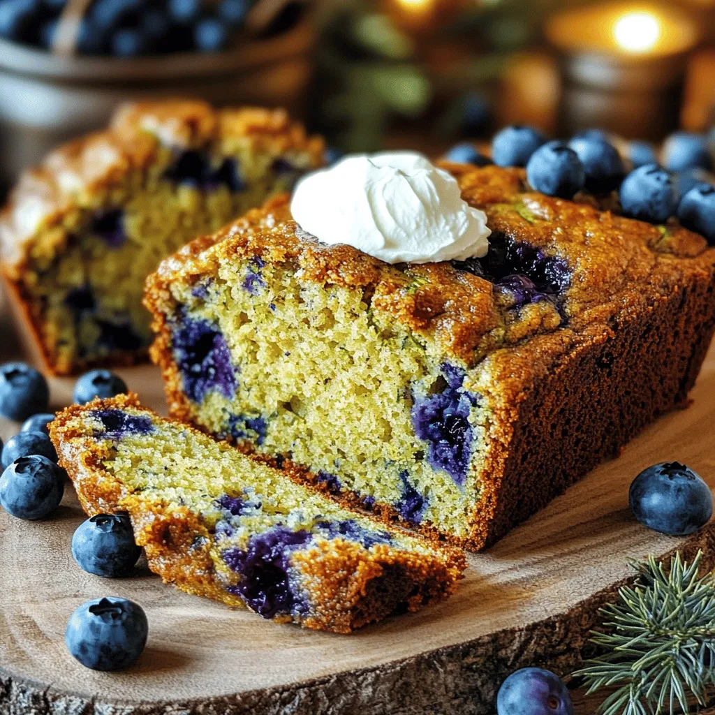 To make this delicious blueberry zucchini bread, gather these simple ingredients: - 1 medium zucchini (yields about 1 cup shredded) - 1 cup fresh blueberries (frozen is acceptable if fresh is unavailable) - 1 cup all-purpose flour - 1/2 cup whole wheat flour - 1 teaspoon baking soda - 1/2 teaspoon baking powder - 1 teaspoon ground cinnamon - 1/4 teaspoon salt - 1/2 cup granulated sugar - 1/4 cup packed brown sugar - 1/2 cup unsweetened applesauce - 1/4 cup vegetable oil - 2 large eggs - 1 teaspoon vanilla extract - Optional: 1/2 cup chopped walnuts or pecans Fresh vs. Frozen Blueberries Using fresh blueberries gives the best flavor and texture. If you cannot find fresh ones, frozen blueberries work well too. Just be sure to add them straight from the freezer to the batter. This prevents them from turning mushy. Zucchini Preparation Tips Zucchini adds moisture and nutrition. Grate the zucchini using a box grater. After grating, place it in a fine mesh colander. Let it drain for a bit to remove excess water. This step helps prevent your bread from becoming too soggy. Optional Ingredients and Enhancements For added texture and flavor, try mixing in 1/2 cup of chopped walnuts or pecans. You can also sprinkle some oats on top before baking for a crunchy finish. If you like spice, feel free to add a pinch of nutmeg or cardamom to the dry mix. For the full recipe, check the detailed steps in the [Full Recipe]. First, set your oven to 350°F (175°C). This will ensure even baking. Next, take a 9x5 inch loaf pan and grease it well. Use butter or cooking spray to coat the bottom and sides. This helps the bread slide out easily after baking. In a large bowl, combine the following dry ingredients: - 1 cup all-purpose flour - 1/2 cup whole wheat flour - 1 teaspoon baking soda - 1/2 teaspoon baking powder - 1 teaspoon ground cinnamon - 1/4 teaspoon salt Sift these together. Sifting breaks up lumps and ensures even mixing. Make sure the mixture is uniform in color. In another bowl, whisk together: - 1/2 cup granulated sugar - 1/4 cup packed brown sugar - 1/2 cup unsweetened applesauce - 1/4 cup vegetable oil - 2 large eggs - 1 teaspoon vanilla extract Mix until smooth. Then, pour this wet mixture into your dry ingredients. Gently fold them together. Do not overmix; this keeps the bread tender. Before you finish, squeeze excess moisture from the shredded zucchini. Then, add it along with 1 cup of fresh blueberries. If you want, toss in 1/2 cup of chopped walnuts or pecans. Fold these in gently. Finally, pour your batter into the greased loaf pan. Smooth the top with a spatula. Now, you’re ready to bake! For the full recipe, check out the details above. When I pick zucchini, I look for ones that are firm and smooth. They should be medium-sized, about 6 to 8 inches long. Smaller zucchinis taste sweeter and have fewer seeds. Avoid those with soft spots or blemishes. The skin should be shiny and bright green. If you find yellow zucchini, it’s also good, but I prefer green for this recipe. One common mistake is not draining the zucchini. Shredded zucchini contains a lot of water. If you don’t drain it, your bread might be soggy. After grating, let it sit in a colander for a few minutes. Another mistake is overmixing the batter. Mix just until the ingredients combine. This keeps the bread light and fluffy. Lastly, make sure to check the doneness with a toothpick. If it comes out wet, give it more time in the oven. Adding spices can really boost the flavor of your blueberry zucchini bread. I love using ground cinnamon because it pairs well with both blueberries and zucchini. You might also try adding nutmeg for warmth or ginger for a little kick. A hint of vanilla extract enhances the sweetness too. Feel free to experiment with your favorite spices to make the bread uniquely yours. For the complete recipe, check out the Full Recipe provided above. {{image_4}} You can add chocolate chips to your blueberry zucchini bread for a sweet twist. Use about 1 cup of semi-sweet or dark chocolate chips. Fold them in with the blueberries and zucchini. This option adds a rich flavor and a fun texture. Kids love this variation, and it works great for dessert! If you want a vegan version, swap the eggs for flax eggs. Mix 1 tablespoon of ground flaxseed with 3 tablespoons of water. Let it sit for a few minutes to thicken. Replace the applesauce with mashed bananas for extra moisture and sweetness. Use plant-based oil in place of regular oil. This way, you can enjoy a tasty treat that fits your diet! To make gluten-free blueberry zucchini bread, use a gluten-free flour blend. Look for a mix that includes xanthan gum for better texture. You can also use almond flour or coconut flour. Remember to adjust the liquids since these flours absorb moisture differently. This way, everyone can enjoy this delicious recipe! For the full recipe, check out the details provided earlier. To keep your blueberry zucchini bread fresh, wrap it tightly in plastic wrap or foil. This seals in moisture and prevents it from drying out. Store the wrapped bread at room temperature for up to three days. If you want to keep it longer, the fridge works too, but it may change the texture. For longer storage, you can freeze the bread. First, let it cool completely. Then, wrap it tightly in plastic wrap, followed by aluminum foil. This double layer helps avoid freezer burn. You can freeze it for up to three months. When ready to enjoy, just thaw it overnight in the fridge. To reheat your bread, preheat your oven to 350°F (175°C). Remove the plastic wrap and place the bread in the oven for about 10-15 minutes. This warms it through and revives its soft texture. If you're in a hurry, you can slice it and microwave it for about 20-30 seconds. Enjoy it warm for the best taste! Yes, you can use other berries. Raspberries, strawberries, or blackberries work great. Each berry adds its own taste. Just keep the same amount as you would for blueberries. Remember, some berries are juicier. This can change the bread's texture. To ripen zucchini, place it at room temperature. Zucchini will soften over a few days. You can also store it in a paper bag. This helps trap gases that speed up ripening. If you have firm zucchini, it’s ready for baking. This bread uses whole wheat flour and applesauce. Whole wheat flour adds fiber and nutrients. Applesauce cuts down on sugar and fat. Zucchini adds moisture and vitamins. These ingredients make the bread tasty and healthy. You can enjoy it guilt-free! For the full recipe, check out the detailed instructions above. To make Blueberry Zucchini Bread, gather fresh or frozen blueberries and prepare your zucchini well. Follow the steps for mixing dry and wet ingredients for a great batter. Use tips for choosing zucchini and avoiding common mistakes to enhance your bread. Consider fun variations like chocolate chip or vegan options. Store your bread properly and use our reheating tips to enjoy it fresh. Baking is fun, healthy, and rewarding! Now, get started and delight in your tasty creation!