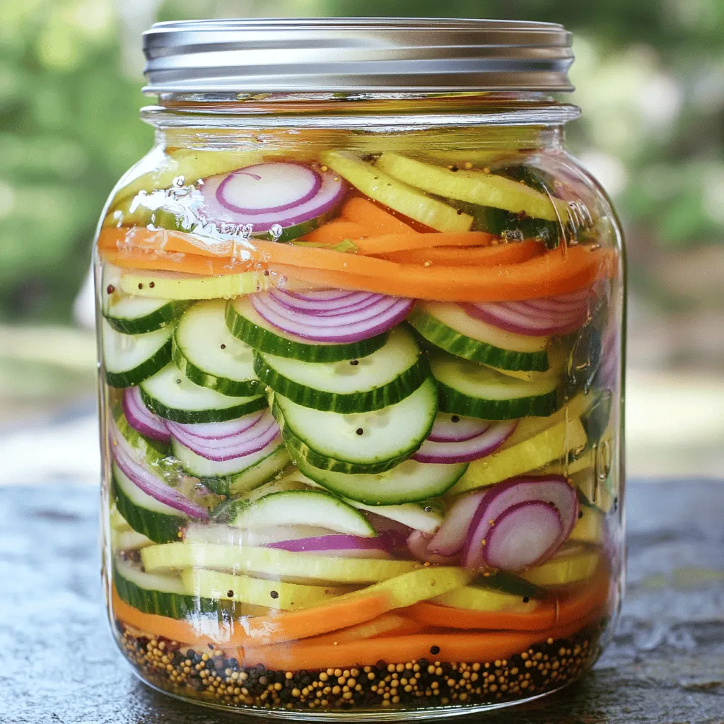 - 1 cup cucumber, sliced into thin rounds - 1 cup carrots, julienned - 1 cup radishes, sliced thin - 1 cup red onion, thinly sliced - 1 cup apple cider vinegar - 1 cup water - 2 tablespoons granulated sugar - 1 tablespoon kosher salt - 1 teaspoon black peppercorns - 1 teaspoon mustard seeds - 1 teaspoon red pepper flakes (optional) Gather these ingredients before you start. Fresh vegetables give the best taste. The apple cider vinegar adds a nice zing. Sugar and salt balance the flavors well. Black peppercorns and mustard seeds give a warm spice. If you like heat, add red pepper flakes. Using a mix of colors makes the dish pretty too. You can find these items at any grocery store. This recipe is quick and easy. It makes a great snack or side dish. You’ll love how fresh they taste! For the full recipe, check out the steps I provided earlier. - Combine apple cider vinegar, water, sugar, salt, peppercorns, mustard seeds, and red pepper flakes in a saucepan. - Heat over medium, stirring until dissolved. To start, I mix my brine in a saucepan. I use one cup of apple cider vinegar and one cup of water. Then, I add two tablespoons of sugar and one tablespoon of salt. I like to toss in one teaspoon of black peppercorns and mustard seeds. If you enjoy some heat, add a teaspoon of red pepper flakes. I place the saucepan on medium heat and stir the mix until the sugar and salt dissolve. - Remove brine from heat and let it cool for 5 minutes. - Layer the prepared vegetables in a glass jar or bowl. After the brine simmers and smells great, I take it off the heat. I let it cool for about five minutes. While it cools, I prepare my veggies. I slice cucumbers, julienne carrots, and thinly slice radishes and red onions. I layer them in a glass jar. I like to mix the colors for a pretty look. - Pour cooled brine over vegetables. - Seal and let sit for at least 30 minutes, or refrigerate for stronger flavor. Now, I carefully pour the cooled brine over the vegetables. I make sure all the veggies are covered in the liquid. If needed, I use a spoon to press them down. Then, I seal the jar or cover the bowl. I let them sit at room temperature for at least 30 minutes. For a stronger flavor, I pop them in the fridge for a few hours or overnight. These quick pickled vegetables are easy to make. You can enjoy them soon after. For the full recipe, check out the section above. - Use fresh, crisp vegetables for the best texture. - Adjust sugar and salt for your taste. A little more sugar gives sweetness. A bit more salt adds flavor. - Add herbs like dill or thyme for extra flavor. These herbs give depth. - Experiment with different types of vinegar. Try rice vinegar for a milder taste or malt vinegar for a stronger kick. - You can add pickled vegetables to salads, sandwiches, or bowls. They add a nice crunch. - Pair them with grilled meats or tacos for a zesty touch. They brighten up any meal. When you make quick pickled vegetables, you can follow the Full Recipe for a tasty result! {{image_4}} You can mix and match your favorite veggies. Try using bell peppers, zucchini, or asparagus. Each vegetable has its own unique taste. Mixing colors makes your dish look great. The more colorful your jar, the more fun it is to eat! Vary the brine for new flavors. You can use rice vinegar or malt vinegar for a different taste. Want a little more zing? Add garlic or ginger to your brine. This gives your pickles a nice kick that can surprise your taste buds. If you love heat, add more red pepper flakes. This will make your pickles spicy and exciting. You can also squeeze in some lime juice for a citrus twist. This adds a bright flavor that makes your pickles even better. Store your pickled vegetables in an airtight container in the fridge. This keeps them fresh and crisp. Try to enjoy them within 1-2 weeks for the best taste. If you want to keep them longer, think about using water bath canning methods. This helps preserve the veggies for months. Always label your jars with dates. This way, you can track how fresh they are. If you notice any signs of spoilage, like a bad smell or mold, toss them out. Safety first! Enjoy your quick pickled vegetables in salads, sandwiches, or as a side. For the full recipe, check out the earlier section. Quick pickled vegetables last about 1-2 weeks in the fridge. The vinegar helps preserve them. After this time, their taste and crunch may fade. Always check them for quality before eating. Yes, you can reuse the pickling brine. However, it works best for quick pickling other vegetables. The brine will still have flavor, but it may be less strong. Fresh brine will give you the best results. You can use quick pickled vegetables in many ways. They make great garnishes for tacos or sandwiches. You can toss them into salads for extra crunch. They also work well as side dishes for grilled meats. Yes, quick pickled vegetables are safe to eat. Just make sure you store them properly. Consume them within the suggested time frame for the best taste and safety. You learned how to make quick pickled vegetables in this blog post. We covered the ingredients, step-by-step instructions, and useful tips. Remember to choose fresh veggies and vary your brine for unique flavors. You can enjoy these pickles in many dishes or as snacks. Keep them in the fridge for a couple of weeks, and don’t forget to check for spoilage. Now, it’s time to experiment and find your own favorite combinations. Happy pickling!