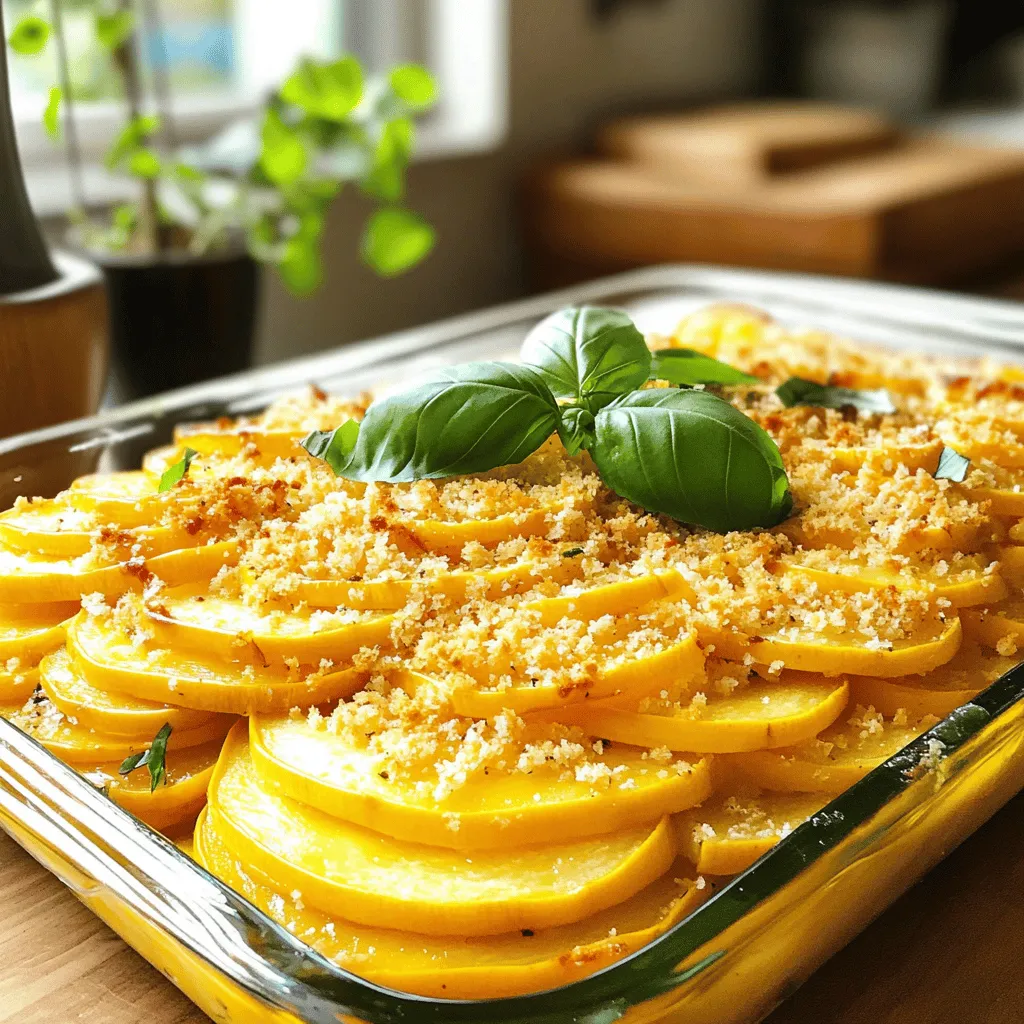 - 4 medium yellow squashes, sliced into thin rounds - 1 cup shredded sharp cheddar cheese - 1 cup shredded mozzarella cheese - 1 small onion, finely chopped - 2 cloves garlic, minced - 1 cup breadcrumbs (preferably panko for extra crunch) - 1/2 cup grated Parmesan cheese - 2 large eggs - 1/2 cup whole milk - 1 teaspoon dried oregano - Salt and pepper to taste - 2 tablespoons olive oil - Fresh basil leaves for garnish (optional) The ingredients for Cheesy Yellow Squash Bake are simple and easy to find. Yellow squash is the star here. It gives a nice texture and flavor. The mix of cheeses adds creaminess and depth. Sharp cheddar and mozzarella work perfectly together. You can customize this dish with your favorite cheese too. The onion and garlic bring aromatic flavors. They add a savory touch that makes your mouth water. Breadcrumbs provide a crunchy topping that contrasts with the soft squash. Using panko breadcrumbs makes it even crispier. Don’t forget the eggs and milk. They bind everything together, making each bite delightful. Dried oregano adds a hint of herbal goodness. Salt and pepper bring all the flavors to life. When you gather these ingredients, you set the stage for a tasty meal. Check out the Full Recipe for complete steps on how to make this dish. This dish is a good balance of nutrients. Yellow squash is low in calories but high in vitamins. It’s full of vitamin C and fiber. The cheese gives protein and calcium. The eggs add healthy fats and more protein. Overall, it’s a hearty meal that can fit into many diets. If you're looking for alternatives, there are many options. For a gluten-free version, use gluten-free breadcrumbs. You can swap yellow squash with zucchini or even eggplant. For a dairy-free option, try plant-based cheeses. Just make sure they melt well. These substitutions can help if you have dietary restrictions. Always check labels for allergens, especially if you cook for others. Enjoy making this dish your own! Start by preheating your oven to 375°F (190°C). This step is key for getting that perfect bake. In a large skillet, heat 2 tablespoons of olive oil over medium heat. When the oil shimmers, add 1 small finely chopped onion. Sauté for about 3-4 minutes until it turns soft and clear. Then, mix in 2 minced garlic cloves and cook for another minute. This will fill your kitchen with a lovely aroma. Once done, remove the skillet from the heat. In a big mixing bowl, toss 4 sliced yellow squashes with salt. Let it sit for about 10 minutes. This helps to pull out extra moisture. After that, pat the squash dry using paper towels. In another bowl, whisk together 2 large eggs, 1/2 cup of whole milk, 1 teaspoon of dried oregano, and some salt and pepper. Mix well until it looks smooth. Now, pour your sautéed onion and garlic mix into the egg mixture. Gently fold in half of the 1 cup shredded cheddar cheese, half of the 1 cup shredded mozzarella cheese, and half of the 1 cup breadcrumbs. Stir until everything is mixed well. Grease a 9x13 inch baking dish. Start by layering half of the squash at the bottom. Spread half of the egg mixture over the squash. Then add the rest of the squash, followed by the remaining egg mix. Sprinkle the last bits of cheddar and mozzarella on top. Then, add the 1/2 cup grated Parmesan and the rest of the breadcrumbs for a nice crunch. Drizzle a little olive oil on top to help with browning. Place the dish in the preheated oven. Bake for 35-40 minutes, until it is golden brown. When the squash is soft, it's ready. Let it cool for 5 minutes before serving. If you want, add fresh basil leaves on top for a nice touch. For the full recipe, refer to the recipe section. To make your Cheesy Yellow Squash Bake shine, follow these tips: - Slice Uniformly: Cut the yellow squash into even, thin rounds. This helps them cook evenly. - Sauté the Aromatics: Sauté the onion and garlic until soft. This adds depth to the flavor. - Pat Dry: After salting, pat the squash dry. This step keeps the bake from getting watery. - Layering Technique: Alternate layers of squash and the egg mixture for the best flavor blend. - Taste Test: Before baking, taste a bit of the mixture. Adjust salt and pepper as needed. Avoiding these mistakes ensures a perfect bake: - Skipping the Drying Step: Don't skip patting the squash dry. Extra moisture can ruin the texture. - Overloading with Cheese: While cheese is great, too much can make it greasy. Balance is key. - Not Preheating: Always preheat your oven. This ensures even cooking from the start. - Rushing the Bake Time: Be patient. Let it bake until golden brown for the best taste. Serve your Cheesy Yellow Squash Bake with these ideas: - Fresh Salad: Pair it with a simple green salad. The freshness balances the richness. - Grilled Chicken: Serve alongside grilled chicken for a complete meal that delights. - Crusty Bread: Offer slices of crusty bread to soak up any cheesy goodness. - Wine Pairing: Enjoy a glass of white wine. A crisp sauvignon blanc complements the dish wonderfully. For the full recipe, check out the detailed instructions above. Enjoy your cooking! {{image_4}} You can change up the cheese in your Cheesy Yellow Squash Bake. If you prefer a stronger flavor, try using aged cheddar. For a creamier texture, add some cream cheese. You can also mix in pepper jack for a spicy kick. Goat cheese adds a tangy twist, while a blend of Italian cheeses brings depth. Feel free to experiment and find what you love best! Adding protein can make this dish heartier. Ground beef or turkey works well. Cook it with the onion and garlic for great flavor. If you want a meatless option, consider black beans or chickpeas. They not only boost protein but also add fiber. Just make sure to drain and rinse canned beans before adding them to the mix! You can include other vegetables in your bake. Spinach or kale adds nutrients and color. Bell peppers bring sweetness and crunch. You could also use zucchini or eggplant if you want to mix it up. Just remember to slice them thinly, like the squash. This ensures even cooking and keeps the bake nice and fluffy. For the full recipe, check out the details above! To store your leftover Cheesy Yellow Squash Bake, let it cool first. Then, cover it tightly with plastic wrap or aluminum foil. You can also use an airtight container. Keep it in the fridge for up to three days. This way, it stays fresh and tasty. When you’re ready to enjoy your leftovers, preheat the oven to 350°F (175°C). Place the bake in a safe oven dish. Cover it with foil to keep it moist. Heat it for about 20-25 minutes or until warm throughout. You can also heat it in the microwave. Use a microwave-safe plate and cover it loosely. Heat for 1-2 minutes, checking every 30 seconds until hot. If you want to freeze the Cheesy Yellow Squash Bake, first let it cool completely. Cut it into portions for easy use. Wrap each piece tightly in plastic wrap, then in aluminum foil. You can also place the portions in a freezer-safe bag. It will stay good in the freezer for up to three months. When you’re ready to eat, thaw it overnight in the fridge before reheating. Enjoy your Cheesy Yellow Squash Bake anytime with these easy storage tips! For the full recipe, check out the earlier sections. To make this recipe gluten-free, simply swap out the breadcrumbs. Use gluten-free breadcrumbs instead. You can also use crushed gluten-free crackers. This will give you the same delightful crunch. Always check labels to ensure no gluten sneaks in. Yes, you can use other squash types! Zucchini works great and adds a mild taste. Butternut squash adds sweetness, while acorn squash gives a nutty flavor. Adjust cooking times if using different squashes to ensure they cook evenly. If your squash is watery, salt it before cooking. This draws out moisture. Let it sit for 10 minutes, then pat it dry with paper towels. This helps the bake stay firm and not soggy. You can also add more breadcrumbs to absorb extra moisture. Leftovers from this dish last for about 3 to 5 days in the fridge. Store it in an airtight container to keep it fresh. When ready to eat, simply reheat in the oven or microwave. Enjoy the cheesy goodness all over again! This blog shared a step-by-step guide for a cheesy yellow squash bake. You learned the key ingredients needed and how to prepare them. I also gave tips for perfecting the dish and variations to try. Remember, making these small changes can enhance your meal. Enjoy experimenting with different cheeses or proteins. Proper storage helps you savor leftovers too. With these tips, you can create a delicious, comforting dish anytime. You’re set to impress with this tasty recipe!