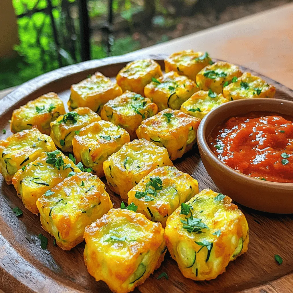 To make cheesy zucchini tots, gather these ingredients: - 2 medium zucchinis, grated - 1 cup shredded cheese (cheddar or mozzarella for a melty texture) - 1/2 cup breadcrumbs (panko for crunch or regular for softness) - 1/4 cup grated Parmesan cheese (adds a savory depth) - 1 large egg (to bind the mixture) - 2 green onions, finely chopped - 2 cloves garlic, minced - 1 teaspoon onion powder (for an extra layer of flavor) - 1/2 teaspoon salt (adjust to taste) - 1/4 teaspoon black pepper (freshly ground for best flavor) - Cooking spray or olive oil (for greasing and added crispiness) You can elevate these tots even more with: - Fresh herbs like parsley or basil for a fresh kick - A pinch of red pepper flakes for heat - Smoked paprika for a unique flavor twist - Extra cheese, like goat cheese or feta, for a richer taste These cheesy zucchini tots are not just tasty; they are also nutritious! Here’s a quick overview: - Calories: About 150 per serving - Protein: 7 grams per serving - Carbohydrates: 12 grams per serving - Fiber: 2 grams per serving - Fat: 8 grams per serving This simple recipe balances flavor and health, making it a great snack for everyone. For the full recipe, check back to create these scrumptious bites! Start by preheating your oven to 400°F (200°C). This step is key for a good bake. Line a baking sheet with parchment paper. This helps the tots not to stick. Next, take your zucchinis and grate them. You can use a box grater or a food processor. Once grated, place the zucchini in a clean kitchen towel. Squeeze it tightly to remove excess water. This step is very important. Removing moisture keeps the tots crispy. In a large bowl, combine the squeezed zucchini with shredded cheese, breadcrumbs, Parmesan, and egg. Add in the chopped green onions, minced garlic, onion powder, salt, and black pepper. Mix everything well with a spatula or spoon. The mixture should be smooth and even. With damp hands, form small tots about 1-2 inches long. Place them on the baking sheet with space between each. Lightly spray or brush them with olive oil for a crispy top. Bake for 20-25 minutes until golden. Flip them halfway for even browning. After baking, let them cool a bit before serving. You can find the full recipe for these tasty bites in the earlier section! To keep your zucchini tots crispy, moisture control is key. After grating the zucchinis, use a clean kitchen towel to squeeze out as much water as you can. This step prevents sogginess. For extra crispiness, use panko breadcrumbs instead of regular ones. Bake your tots at a higher temperature, around 400°F (200°C). This will help them brown nicely. Flip the tots halfway through baking for even cooking. Selecting the right cheese makes a big difference. I recommend using cheddar or mozzarella for a melty texture. Cheddar gives a sharp flavor, while mozzarella adds creaminess. You can mix different cheeses for extra depth. Adding Parmesan cheese enhances the savory taste of your tots. Experiment with different cheese blends to find your favorite combination. Avoid these common mistakes to ensure perfect tots. First, don’t skip squeezing out the zucchini. This is crucial for crispiness. Second, don’t overcrowd the baking sheet. Give each tot space to cook evenly. Finally, avoid using too much cheese. While cheese is tasty, too much can make the mixture too wet. Follow the Full Recipe closely for the best results. {{image_4}} You can make your cheesy zucchini tots even tastier by adding fresh herbs. Chopped basil, parsley, or dill can brighten the flavor. Try mixing in a teaspoon of dried thyme or oregano for a savory twist. If you love a little heat, add a pinch of red pepper flakes. This adds warmth and depth without overpowering the dish. Mixing in herbs can elevate your snack and make it more exciting. While cheddar and mozzarella are classic choices, you can switch it up. Try using goat cheese for a tangy kick. Feta cheese works well too, giving a crumbly texture. For a richer taste, consider using Gruyère or fontina. You can even combine different cheeses for a unique mix. Experimenting with different cheeses can make this dish your own and keep your family guessing. Want to make these tots vegan? It’s easy! Replace the egg with a flaxseed mixture. Just mix one tablespoon of ground flaxseed with three tablespoons of water. Let it sit for five minutes until it thickens. For cheese, try vegan mozzarella or nutritional yeast. Nutritional yeast gives a cheesy flavor without dairy. With these substitutions, you can enjoy cheesy zucchini tots that everyone can love. For the full recipe, check out the details above. To store leftover cheesy zucchini tots, first let them cool completely. Place them in an airtight container. They will stay fresh in the fridge for up to three days. If you want to keep them longer, freezing is a great option. When it’s time to eat your leftovers, the best way to reheat them is in the oven. Preheat your oven to 375°F (190°C). Place the tots on a baking sheet. Heat them for about 10-15 minutes. This method keeps them crispy, just like when they were fresh out of the oven. To freeze your cheesy zucchini tots, let them cool after baking. Arrange them in a single layer on a baking sheet. Place the sheet in the freezer for about one hour. Once frozen, transfer the tots to a freezer bag. They can last for up to two months. When you're ready to enjoy them, bake from frozen, adding a few extra minutes to the cooking time for perfect crispiness. Yes, you can use frozen zucchini. Just make sure to thaw and drain it well. Frozen zucchini has more moisture, so it's crucial to squeeze out extra water. This step keeps your tots crispy and delicious. You can serve these tasty tots with many dips. Marinara sauce is a classic choice. Ranch dressing adds a nice touch too. You could also try a spicy aioli for a kick. Feel free to mix and match to find your favorite! To make gluten-free zucchini tots, swap regular breadcrumbs for gluten-free ones. You can also use crushed gluten-free crackers. Both options work well and keep your dish tasty. Just check the labels to ensure they are truly gluten-free. We explored how to make tasty zucchini tots. We covered essential ingredients, cooking steps, and tips for the best results. I shared ways to add flavor and stay crisp. You can adapt the recipe for vegan needs or storage. Remember, a little care goes a long way. Enjoy your healthy bites and impress others with your skills! Cooking is fun, and now you know how to make it better.