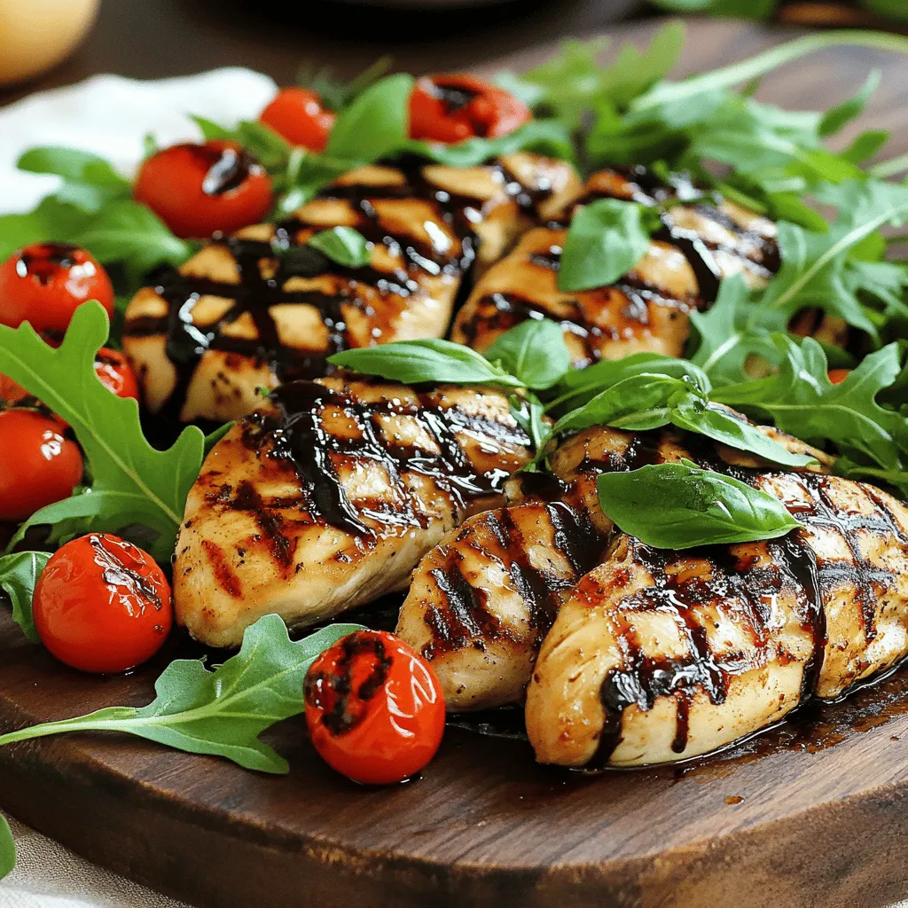 - 4 boneless, skinless chicken breasts - 1/2 cup balsamic vinegar - 3 tablespoons honey - 2 tablespoons extra virgin olive oil - 3 cloves garlic, finely minced - 1 teaspoon dried oregano - 1 teaspoon sea salt - 1/2 teaspoon freshly ground black pepper - Fresh basil leaves, for garnish - Optional: cherry tomatoes and arugula To convert measurements for larger quantities, simply multiply. For example, if you want to serve eight people, double each ingredient. If you need alternatives, here are some options: - Chicken: Use thighs for a juicier option. - Honey: Maple syrup works well for sweetness. - Vinegar: Try red wine vinegar if balsamic is not available. - Garlic: Use garlic powder in a pinch, but fresh is best. These swaps keep the dish tasty while meeting dietary needs. Always adjust based on what you have at home. Enjoy the process! You can find the full recipe to guide your cooking. To make the balsamic glaze, start by mixing balsamic vinegar and honey. In a small saucepan, combine 1/2 cup of balsamic vinegar with 3 tablespoons of honey. Heat this mixture over medium heat until it simmers. Once it simmers, lower the heat to low. Cook it gently for about 10-15 minutes. Stir it every so often. You want it to thicken into a nice glaze. When it’s thick, remove it from the heat and let it cool. Next, let’s marinate the chicken. In a bowl, whisk together 2 tablespoons of olive oil, 3 minced garlic cloves, 1 teaspoon of dried oregano, 1 teaspoon of sea salt, and 1/2 teaspoon of black pepper. This mix brings great flavor to your chicken. Place your 4 boneless, skinless chicken breasts in a large resealable bag or a shallow dish. Pour the marinade over the chicken. Make sure every piece is coated well. Seal the bag or cover the dish. Refrigerate it for at least 30 minutes. For even better flavor, let it marinate for up to 2 hours. Now it’s time to grill! Preheat your grill to medium-high heat. This step is key for perfect grilling. While the grill heats up, take the marinated chicken out of the fridge. Discard any leftover marinade. Grill each chicken breast for about 6-7 minutes per side. Cook until the internal temperature reaches 165°F (75°C). You want a nice char on the outside. In the last few minutes of grilling, brush the chicken with the balsamic glaze. This adds extra flavor and a beautiful finish. Once done, remove the chicken from the grill and let it rest for a few minutes. This helps keep it juicy when you slice it. To grill chicken perfectly, aim for medium-high heat. This temperature helps the chicken cook evenly. Use a grill thermometer to check the heat. A good range is 375°F to 450°F. To check if the chicken is done, use a meat thermometer. The safe internal temperature is 165°F. Insert the thermometer into the thickest part of the chicken. If it reads 165°F, your chicken is ready to eat! Fresh herbs can greatly improve the taste of your chicken. Try adding chopped rosemary or thyme to the marinade. Basil also pairs well with the balsamic glaze. You can also use spices to boost flavor. Consider adding smoked paprika for a smoky taste. A pinch of red pepper flakes can add some heat. Just remember not to overdo it! One mistake to avoid is over-marinating the chicken. If you marinate for too long, the chicken can become mushy. Stick to 30 minutes to 2 hours for the best results. Another key tip is to let the chicken rest after grilling. This allows the juices to settle. If you slice the chicken right away, it may dry out. Let it rest for about 5 minutes before cutting. For the complete recipe, check out the Full Recipe section. {{image_4}} You can use different chicken cuts for your grilled chicken with balsamic glaze. Chicken thighs have more fat, making them juicy and flavorful. They are a great choice if you want something rich. Chicken breasts are leaner and cook quicker. They are perfect if you prefer a lighter meal. For bone-in chicken, you need to adjust your cook time. Bone-in cuts take longer to cook, so grill them for about 10-12 minutes per side. Always check that the internal temperature reaches 165°F (75°C) to ensure safety. Adding fruits to your glaze can enhance the flavor. Peaches and apricots bring a sweet twist that pairs well with balsamic. Chop them and add them to the glaze as it simmers. This will create a delicious, fruity version. You can also experiment with different vinegars. Try apple cider vinegar or red wine vinegar for unique tastes. Each vinegar brings its own flavor, changing the dish in fun ways. Pair your grilled chicken with fresh salad or roasted vegetables. A crisp salad with mixed greens brightens the plate. Roasted veggies like zucchini or bell peppers add color and nutrition. For a creative presentation, stack the chicken slices on a plate. Drizzle with extra balsamic glaze for a beautiful look. Add a sprig of basil for color. You can even serve it with cherry tomatoes and arugula for a fresh touch. For the full recipe, check out [Full Recipe]. To keep your grilled chicken with balsamic glaze fresh, follow these simple steps: - Refrigerating leftovers effectively: Let the chicken cool down to room temperature. Then, store it in an airtight container. This helps prevent moisture loss. You can keep it in the fridge for up to four days. - Freezing grilled chicken with balsamic glaze: If you want to keep it longer, freeze the chicken. Wrap each piece in plastic wrap and place them in a freezer bag. This way, they stay fresh for up to three months. Remember to label the bags with the date for easy identification. To enjoy your grilled chicken again, you need to reheat it right: - Best methods for reheating grilled chicken: The oven is great for reheating. Preheat it to 350°F (175°C). Place the chicken on a baking sheet. Cover it with foil to keep it moist. Heat for about 15-20 minutes or until warm. You can also use a microwave for quick reheating. Just place the chicken in a microwave-safe dish and cover it. Heat it in short bursts until warm. - Maintaining flavor and juiciness while reheating: To keep the chicken juicy, add a splash of water or broth when reheating. This creates steam, which helps retain moisture. If you have leftover balsamic glaze, brush some on before serving to boost the flavor. These storage and reheating tips will help you enjoy your grilled chicken with balsamic glaze even more. For the full recipe, visit the [Full Recipe] link. To ensure chicken is safe to eat, check the internal temperature. The chicken must reach 165°F (75°C) for safe consumption. Use a meat thermometer for accuracy. Insert it into the thickest part of the chicken without touching bone. This step ensures even cooking and safety. Also, cut into the chicken to check that the juices run clear, not pink. Yes, you can prepare the balsamic glaze ahead. Just store it in an airtight container. Keep it in the fridge for up to a week. When ready to use, simply reheat the glaze on low heat. Stir it gently until it reaches the right consistency. Making the glaze ahead saves time on busy days. Grilled chicken with balsamic glaze pairs well with many sides. Here are some tasty options: - Garlic mashed potatoes: Creamy and rich in flavor. - Steamed green beans: Crisp and fresh. - Mixed green salad: Light and refreshing with a tangy dressing. - Quinoa: Nutty and full of protein, it complements the chicken well. - Roasted vegetables: Sweet and savory flavors balance the dish. Feel free to mix and match according to your taste! In this blog post, I shared a tasty grilled chicken recipe with balsamic glaze. You learned about the ingredients, preparation steps, and expert tips for grilling. I also covered meal variations and storage ideas. Remember, grilling chicken can be simple and fun. Don’t hesitate to experiment with flavors and techniques. With practice, you can make a perfect dish that impresses everyone. Enjoy your cooking journey, and let the flavor shine!