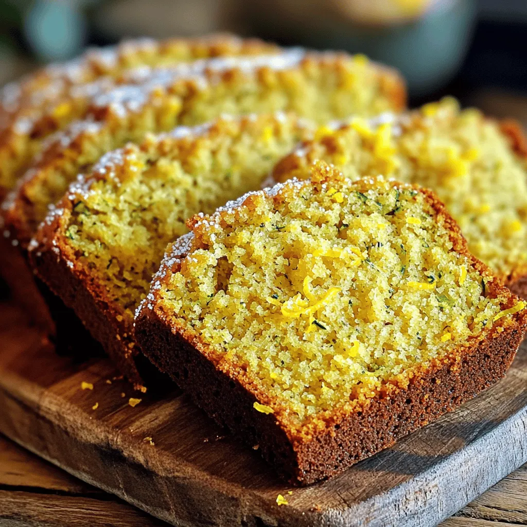 The main ingredients create a moist and flavorful loaf. Here’s what you will need: - 1 cup grated zucchini (about 1 medium zucchini) - 1 cup granulated sugar - 1/2 cup unsalted butter, softened - 2 large eggs, at room temperature - 1/4 cup fresh lemon juice (from 1 lemon) - Zest of 1 lemon (about 1 tablespoon) - 1 1/2 cups all-purpose flour - 1 teaspoon baking powder - 1/2 teaspoon baking soda - 1/2 teaspoon salt - 1/2 teaspoon ground cinnamon - 1/4 teaspoon ground nutmeg - 1/2 cup chopped walnuts or pecans (optional) - 1 tablespoon granulated sugar (for topping) To make your lemon zucchini bread extra special, consider these options: - 1/2 teaspoon vanilla extract for sweetness - 1/4 cup raisins or dried cranberries for a fruity twist - A pinch of ginger for a warm spice flavor You can easily swap some ingredients based on what you have. Here are a few ideas: - Use coconut oil instead of butter for a dairy-free option. - Substitute honey or maple syrup for granulated sugar if you prefer natural sweeteners. - For gluten-free bread, try almond flour or a gluten-free blend instead of all-purpose flour. I find these substitutions help many home cooks make the recipe work for their needs. Be creative and enjoy the process! You can find the full recipe [here](#). Start by gathering all your ingredients. You need fresh zucchini, sugar, butter, and eggs. Grate the zucchini first. This helps it mix well into the batter. Measure your ingredients carefully. Use a scale if you have one. It makes baking more reliable. In a big bowl, add the softened butter and sugar. Use an electric mixer to blend them. Mix on medium speed until it looks fluffy. This takes about 3 to 4 minutes. Next, add the eggs one by one. Mix well after each egg. Then, pour in the lemon juice and zest. Keep mixing until everything is smooth. In another bowl, whisk together the flour, baking powder, baking soda, salt, cinnamon, and nutmeg. Make sure there are no lumps. This is key for even baking. Once mixed, set it aside while you finish the wet mix. Now, it’s time to combine the mixtures. Slowly add the dry mix into the wet mix. Stir gently until just combined. It's okay if some lumps remain. Next, fold in the grated zucchini and any nuts you want. This adds a nice crunch. Make sure the zucchini is evenly mixed in. Pour the batter into a greased loaf pan. Smooth the top with a spatula. Sprinkle sugar on top for a sweet crust. Place your loaf pan in the preheated oven. Bake for 50 to 60 minutes. Check if it's done by inserting a toothpick. It should come out clean or with a few crumbs. Once it’s baked, take it out of the oven. Let it cool in the pan for about 10 minutes. Then, move it to a wire rack. Let it cool completely before slicing. When ready to serve, arrange the slices nicely. A sprinkle of lemon zest adds a lovely touch. Enjoy this delightful lemon zucchini bread! For the full recipe, check out the earlier section. To get the best texture in your lemon zucchini bread, focus on your mixing. Start with softened butter and sugar. Mix until fluffy. This step adds air and makes your bread light. When you add the flour, stir gently. Overmixing can lead to a dense loaf. Overmixing can ruin your bread. Once you add the flour, mix just until combined. It’s okay to leave some lumps. They will bake out. This helps keep the bread soft and moist. Be gentle when folding in the zucchini too. Grate your zucchini with a box grater. Use the medium holes for the best size. After grating, squeeze out excess water. Too much moisture can make your bread soggy. You can use a clean cloth or paper towel for this. When it’s time to serve, slice the bread while still warm. You can serve it plain or with a spread. Cream cheese or butter works great. For a fancy touch, sprinkle some lemon zest on top. It adds a nice pop of color and flavor. You can boost the flavor with fun add-ins. Try adding chocolate chips for sweetness. Nuts give a good crunch. Dried fruit like cranberries or apricots also works well. Each addition makes the bread unique. Feel free to experiment! For the full recipe, check out the details above. {{image_4}} You can make a gluten-free version of this bread. Replace all-purpose flour with a gluten-free blend. Look for a mix that includes xanthan gum. This will help your bread rise. Follow the same steps in the recipe. Your bread will still be moist and tasty. To make this recipe vegan, swap out the eggs. Use flaxseed meal instead. Mix 1 tablespoon of flaxseed meal with 3 tablespoons of water for each egg. Let it sit for a few minutes. This will create a gel-like consistency. You can also replace the butter with coconut oil or vegan butter. Your bread will still be fluffy and delicious. You can change the flavor of your zucchini bread easily. Try adding fresh herbs like basil or thyme. Just a teaspoon of either will give your bread a unique taste. You can also add spices, like ginger or cardamom, for warmth. A pinch of these can enhance the lemon flavor. Feel free to experiment. Each twist will make your bread special. For the full recipe, check out the details above. To keep your lemon zucchini bread fresh, wrap it tightly in plastic wrap. Place it in an airtight container or a zip-top bag. This method prevents the bread from drying out. Keep it at room temperature for up to three days. If you want it to last longer, refrigerate it. Just remember, refrigeration can change the texture. You can freeze lemon zucchini bread for up to three months. First, let it cool completely. Then, wrap it tightly in plastic wrap. For extra protection, add a layer of aluminum foil. Label the package with the date. When you are ready to eat it, thaw it overnight in the fridge. To reheat your bread, use an oven or a microwave. For the oven, preheat it to 350°F (175°C). Then, wrap the bread in foil to keep it moist. Heat for about 10-15 minutes. If you use a microwave, slice the bread and heat it for 10-15 seconds. Enjoy it warm for the best taste! Lemon Zucchini Bread can last for about 3 to 5 days at room temperature. Store it in an airtight container to keep it fresh. If you want it to last longer, you can refrigerate it for up to a week. Yes, you can use frozen zucchini! Just thaw it and drain any excess water before adding it to the batter. This helps keep the bread from getting too wet. This recipe is the best because it blends fresh lemon with moist zucchini. The flavor is bright and refreshing. It also has a perfect balance of sweetness and spice. Plus, it is easy to make and uses simple ingredients. Absolutely! You can divide the batter into mini loaf pans. Bake them for about 25 to 30 minutes. Just check with a toothpick to make sure they are done. Yes, you can reduce the sugar if you want. Cut back by about 1/4 cup for a less sweet bread. You can also add more lemon juice for extra flavor if you reduce the sugar. For the full recipe, check here. You learned about the best way to make lemon zucchini bread. We covered key ingredients, baking steps, and useful tips. Variations like gluten-free and vegan options add appeal. You can store it well or freeze for later. Remember, small changes can enhance flavor. With this guide, you can enjoy a tasty loaf anytime. Now, it’s your turn to bake and share this delight with others!