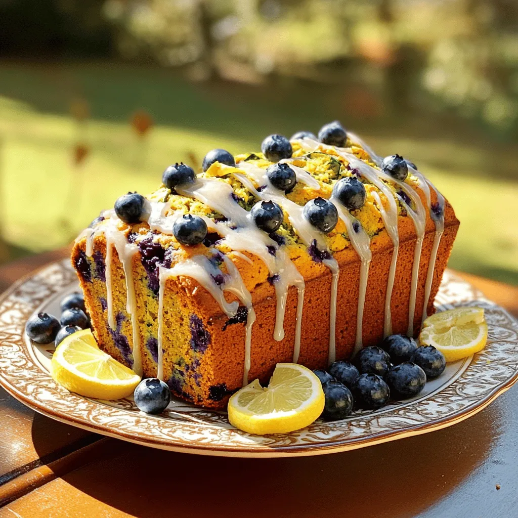 - 1 cup grated zucchini - 1 cup fresh or frozen blueberries - 1 ½ cups all-purpose flour - ½ cup granulated sugar - ½ cup packed brown sugar - 2 large eggs - ½ cup vegetable oil - 1 teaspoon baking powder - 1 teaspoon baking soda - ½ teaspoon salt - 1 teaspoon ground cinnamon - Zest and juice of 1 lemon The main ingredients in this blueberry zucchini bread create a wonderful balance of flavors. The grated zucchini keeps the bread moist while adding fiber without a strong taste. The blueberries burst with sweetness, making each bite a treat. The sugar combination of granulated and brown provides depth. The brown sugar adds a hint of caramel that pairs well with the cinnamon. Eggs bind the mix, while vegetable oil adds richness. In addition, baking powder and baking soda serve as leavening agents. They help the bread rise to a fluffy texture. Salt enhances the flavors, while lemon zest and juice brighten the dish with a zesty kick. - 1 cup powdered sugar - 2 tablespoons lemon juice - Zest of 1 lemon The lemon glaze is simple yet adds a bright finish. The powdered sugar gives it sweetness, balancing the tartness of the lemon juice. The zest amplifies the lemon flavor, making it fresh and vibrant. Drizzling the glaze over the warm bread creates a lovely shine. It adds both taste and visual appeal. If you want the glaze thicker, just add more powdered sugar. For a thinner glaze, increase the lemon juice. For the full recipe, check the details above. Enjoy a slice of this delicious blueberry zucchini bread with lemon glaze! - Preheat oven to 350°F (175°C). - Prepare a 9x5-inch loaf pan by greasing it or lining it with parchment paper. - In a medium bowl, combine 1 cup of grated zucchini, 1 cup of blueberries, and the zest of 1 lemon. Let this sit. - In a large bowl, whisk together 1 ½ cups of flour, 1 teaspoon baking powder, 1 teaspoon baking soda, ½ teaspoon salt, and 1 teaspoon ground cinnamon. - In another bowl, mix ½ cup granulated sugar, ½ cup brown sugar, 2 large eggs, ½ cup vegetable oil, 1 teaspoon vanilla extract, and 2 tablespoons lemon juice until smooth. - Gradually add the wet mixture to the dry ingredients. Stir gently until just combined. - Carefully fold in the zucchini and blueberry mixture, making sure it is evenly mixed. - Pour the batter into the prepared pan and smooth the top. - Bake for 55-65 minutes. Check doneness by inserting a toothpick into the center; it should come out clean. - Allow the bread to cool for about 10 minutes in the pan. Then transfer it to a wire rack to cool completely. For the lemon glaze, whisk together 1 cup powdered sugar, 2 tablespoons lemon juice, and the zest of 1 lemon until smooth. Once the bread cools, drizzle the glaze over the top. Enjoy this delightful Blueberry Zucchini Bread with Lemon Glaze! For the full recipe, refer to the earlier section. To start, squeezing the zucchini is key. Use a clean cloth or paper towel. Place the grated zucchini in the center and twist it to remove excess water. This step helps your bread stay firm. Next, avoid overmixing. When you combine the wet and dry ingredients, stir just until you see no flour. Overmixing can make your bread dense and tough. Aim for a few lumps in the batter. To check if your bread is done, use a toothpick. Insert it into the center of the loaf. If it comes out clean, your bread is ready. If not, give it a few more minutes. Cooling is also important. After baking, let the bread sit in the pan for about 10 minutes. Then, move it to a wire rack. This cooling method keeps the bread from getting soggy. For a beautiful finish, garnish your loaf with fresh blueberries and lemon slices. This adds color and a pop of freshness. When serving, slice the bread into even pieces. Arrange them on a nice plate. This makes it look special and inviting. Enjoy your blueberry zucchini bread warm or at room temperature for the best taste! {{image_4}} You can make this blueberry zucchini bread even more fun. Try adding nuts or seeds to the mix. They will add a nice crunch. Walnuts or sunflower seeds work well. You can also swap in other fruits. Raspberries or strawberries bring a new twist. Each fruit adds its own unique flavor. If you need a gluten-free option, you can easily swap the flour. Almond flour or coconut flour can work well. Just remember to adjust the moisture. You might need extra liquid, like applesauce, to keep it moist. For a vegan version, replace the eggs with flaxseed or applesauce. Flaxseed works as a great binder. You can also try using maple syrup or agave nectar as sweeteners. These alternatives keep the bread tasty and healthy. Store your blueberry zucchini bread at room temperature for up to three days. Use an airtight container to keep it fresh and moist. If you live in a warm area, consider refrigerating it. This helps it last a bit longer, but it may dry out. Wrap the bread in plastic wrap or place it in a sealed bag before refrigerating. To freeze the bread, first let it cool completely. Slice it into pieces for easy serving. Wrap each slice in plastic wrap and place them in a freezer bag. This way, you can take out just what you need. To reheat, you can either let it thaw in the fridge overnight or warm it in the microwave for a few seconds. Blueberry zucchini bread can stay fresh for about three days at room temperature. If stored in the fridge, it can last up to a week. For frozen bread, it remains good for about three months. Always check for signs of spoilage, like mold or an off smell, before eating. Enjoy the delightful flavors while they last! Yes, you can use frozen blueberries. They work great in this recipe. Here are some tips: - Thaw the blueberries before adding them to the batter. - Pat them dry with a paper towel to avoid excess moisture. - Toss them in a little flour before mixing to prevent sinking. To check if the bread is done, look for these signs: - A toothpick inserted in the center should come out clean. - The top should be golden brown and spring back when touched. - The edges may pull away slightly from the pan. If you don’t have zucchini, here are some alternatives: - Use grated carrots for a sweet twist. - Try using applesauce for moisture and sweetness. - Finely grated summer squash can also work well. To make the lemon glaze thicker, consider these tips: - Add more powdered sugar to the mix. - Reduce the amount of lemon juice slightly. - Mix until you reach your desired consistency. Yes, you can easily make muffins instead of bread. Here’s how: - Divide the batter into a muffin tin lined with paper cups. - Bake for about 20-25 minutes, checking for doneness with a toothpick. - The lemon glaze adds a nice finish to each muffin. For the full recipe, see above. Enjoy your baking! Blueberry zucchini bread combines fresh flavors and healthy ingredients for a tasty treat. We covered its main ingredients, step-by-step instructions, and valuable baking tips. Remember to check doneness with a toothpick for success. You can even tweak the recipe by adding fruits, nuts, or making it vegan. Store your bread right for the best taste and longer life. Enjoy crafting this delicious bread and sharing it with others!