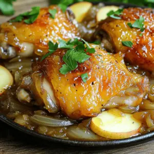 - 4 bone-in, skin-on chicken thighs - 2 tablespoons olive oil - 2 large yellow onions, thinly sliced - 2 cups non-alcoholic apple cider - 1 cup chicken broth - 3 cloves garlic, minced - 1 tablespoon Dijon mustard - 1 teaspoon dried thyme - 1 teaspoon salt - ½ teaspoon black pepper - 2 tablespoons apple cider vinegar - Fresh parsley, chopped, for garnish To make this dish, you will need a few key tools: - A large skillet or Dutch oven - A mixing bowl for the braising liquid - A wooden spoon or spatula for stirring - A meat thermometer to check the chicken - A sharp knife for slicing onions and garlic You can make some swaps if you don't have an ingredient on hand: - Chicken Thighs: Use chicken breasts or drumsticks instead. - Olive Oil: Substitute with canola oil or butter. - Apple Cider: Use apple juice or a mix of apple juice and vinegar. - Chicken Broth: Vegetable broth works well too. - Dijon Mustard: Yellow mustard can be a good alternative. These substitutions can help you create a tasty dish with what you have at home. For the full recipe, check the detailed instructions in the article. Start by patting dry the chicken thighs with a paper towel. This helps the skin get crispy when you cook it. Season both sides of the chicken with salt and black pepper. Heat the olive oil in a large skillet over medium heat. Once the oil is hot, place the chicken skin-side down in the skillet. Sear the chicken for about 4-5 minutes until the skin turns golden brown. Flip the chicken over and cook for another 4-5 minutes. Then, take the chicken out of the skillet and set it aside. In the same skillet, add the thinly sliced onions. Cook the onions over medium heat while stirring often. This will take about 10 minutes. You want them to become soft and start to caramelize. In the last minute, add the minced garlic. Stir the garlic in well, but be careful not to let it burn. This will add a great flavor to your dish. In a medium bowl, mix together the apple cider, chicken broth, Dijon mustard, dried thyme, and apple cider vinegar. Whisk these ingredients until they blend well. This mixture will create a rich sauce for your chicken. Pour the apple cider mixture over the caramelized onions in the skillet. Place the seared chicken thighs back into the pan, skin-side up. Make sure they are nicely nestled in the sauce. Bring everything to a gentle simmer. The bubbling will help the flavors meld together. Cover the skillet with a lid and reduce the heat to low. Let the chicken braise for 30-35 minutes. This cooking time makes the chicken tender and juicy. You want it to reach an internal temperature of 165°F (75°C) to ensure it is fully cooked. Once the chicken is done cooking, carefully take it out of the skillet. Cover the chicken with foil to keep it warm. Turn the heat up to medium-high and let the sauce simmer for another 5-10 minutes. Stir it occasionally. This will thicken the sauce. When ready, plate the chicken and pour the caramelized onion sauce over the top. Finish with a sprinkle of fresh parsley for a nice touch. For a complete meal, serve it with mashed potatoes or crusty bread to soak up the sauce. For the full recipe, check out the detailed instructions above! Caramelizing onions takes time and patience. Start by slicing the onions thinly. Use a large skillet for even cooking. Heat the pan over medium heat and add olive oil. Once the oil is hot, add the onions. Stir them often to prevent burning. Cook for about 10-15 minutes. You want them to turn a nice golden brown color. If they stick to the pan, add a splash of water. This helps release the flavor. For deeper sweetness, add a pinch of sugar. You can boost the flavor of your cider braised chicken with spices. Try adding a dash of smoked paprika or a pinch of cayenne. Both spices add warmth and depth. You can also use fresh herbs like rosemary or sage. These herbs work well with the chicken and onions. Experiment with your favorite spices to find what you like best. Remember, a little goes a long way. To keep chicken thighs juicy, start with skin-on pieces. The skin helps lock in moisture. Pat the chicken dry before seasoning. This step ensures a nice sear. Always sear the thighs skin-side down first. Cook them until they are crispy and golden. Avoid overcrowding the pan; this helps with even cooking. After braising, let the chicken rest for a few minutes before serving. This step helps the juices redistribute and keeps the meat tender. For the full recipe, check out the details above. {{image_4}} You can use various chicken cuts for this dish. Chicken thighs are great because they stay juicy. You can also try bone-in breasts for a leaner option. If you prefer, use drumsticks for a fun twist. Just remember, cooking times may change. Always check the internal temperature to ensure it’s safe. To simplify the cooking, make it a one-pot meal. After searing the chicken, add the onions directly in the same pot. Follow the same steps to caramelize them. Then, pour in the braising liquid and nestle the chicken back. This method saves time and makes cleanup easier. You can cook this dish on the stove or in the oven. If you use the oven, preheat it to 350°F (175°C). After searing the chicken and caramelizing the onions, transfer everything to a baking dish. Cover with foil and cook for 30-35 minutes. This method gives you even cooking and allows the flavors to blend well. You can find the full recipe in the main article. After enjoying your cider braised chicken with caramelized onions, you can store leftovers easily. First, let the chicken cool down to room temperature. Place it in an airtight container. This helps keep the chicken moist and fresh. You can store it in the fridge for up to 3 days. Ensure you cover the sauce well to prevent it from drying out. To reheat your chicken, you can use a skillet or the oven. If using a skillet, add a splash of water or broth to keep it moist. Heat over medium-low heat. Cover the skillet to trap steam and warmth. If using the oven, preheat it to 350°F (175°C). Place the chicken in an oven-safe dish. Cover with foil and heat for about 20 minutes or until warmed through. Make sure it reaches an internal temperature of 165°F (75°C). Freezing is a great option for longer storage. To freeze, let the chicken cool completely. Place it in freezer-safe bags or containers. Remove as much air as possible to prevent freezer burn. Your cider braised chicken can last up to 3 months in the freezer. When ready to eat, thaw it overnight in the fridge. Reheat as mentioned above for the best taste. If you want the full recipe, check the section above. Yes, you can use hard cider. It adds a nice depth of flavor. The alcohol will cook off, leaving a rich taste. If you prefer a non-alcoholic option, stick with apple cider. Both options create a delicious dish. You can serve this chicken with several sides. Mashed potatoes work great for soaking up the sauce. Crusty bread is another excellent choice. A fresh salad or roasted vegetables adds a nice balance too. These sides complement the rich flavors well. To check if the chicken is done, use a meat thermometer. The internal temperature should reach 165°F (75°C). The meat should also be tender and easy to pull apart. If it’s not, let it cook a bit longer. This ensures your chicken is juicy and safe to eat. Yes, this recipe is great for meal prep. You can store leftovers in the fridge for up to four days. Just make sure to keep the chicken and sauce separate until ready to eat. This way, the chicken stays moist and flavorful. For longer storage, you can freeze it. Just thaw before reheating for a quick meal. You can find the full recipe in this article. This article covered how to make Cider Braised Chicken with Caramelized Onions. We discussed the ingredients, tools, and substitutes. You learned step-by-step instructions, tips for perfect caramelization, and cooking techniques for juicy chicken. I also shared variations and storage tips to keep your meal fresh. By following these steps, you can enjoy a flavorful and satisfying dish. Experiment with the recipe to make it your own!
