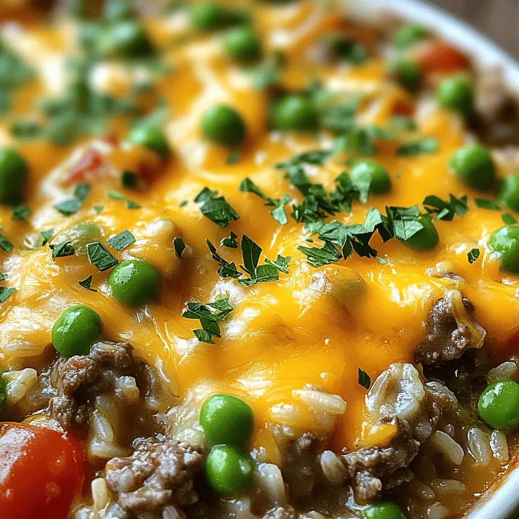 - 1 lb ground beef - 1 cup uncooked long-grain rice - 1 can (15 oz) diced tomatoes with green chilies - 1 can (10.5 oz) cream of mushroom soup - 1 medium onion, diced - 2 cloves garlic, minced - 2 cups beef broth - 1 teaspoon ground cumin - 1 teaspoon smoked paprika - 1 teaspoon onion powder - 1 teaspoon garlic powder - Salt and freshly cracked pepper to taste - 1 cup shredded sharp cheddar cheese - 1/2 cup frozen peas - Fresh parsley, chopped, for garnish You need these ingredients for a tasty casserole. Start with ground beef, rice, and tomatoes. The cream of mushroom soup adds creaminess. Diced onion and garlic give the dish a nice base. Beef broth makes sure the rice cooks well. The spices give it flavor. Ground cumin and smoked paprika warm up the dish. Onion and garlic powders boost the taste. You can add salt and pepper to your liking. For extra fun, you can add cheese and peas. Cheese gives a rich topping, while peas add color and sweetness. Fresh parsley makes it look pretty. This list makes cooking easy. You can check out the Full Recipe for more details. Enjoy mixing these ingredients for a hearty meal! - Preheat oven to 350°F (175°C). - Brown the ground beef in a large skillet. In this step, heat your large skillet over medium heat. Add the ground beef and break it apart with a spatula. Cook it for about 5-7 minutes until it turns a rich brown. If there’s too much fat, drain it for a leaner dish. - Sauté onion and garlic with beef. - Mix spices into the beef mixture. Once the beef is browned, toss in the diced onion and minced garlic. Cook them together for 3-4 minutes. This adds great flavor as the onion softens. Next, mix in the ground cumin, smoked paprika, onion powder, and garlic powder. Don’t forget to season with salt and pepper! - Prepare the rice mixture in a separate bowl. - Combine beef mixture with rice mixture. In a large bowl, combine the uncooked rice, diced tomatoes with their juices, cream of mushroom soup, and beef broth. If you like, add frozen peas for a pop of color. After that, pour in the beef mixture. Stir everything until it’s well mixed and the rice is coated. - Transfer to greased casserole dish. - Cover with foil and bake for 45 minutes. - Add cheese and bake uncovered for an additional 15 minutes. Pour the mixture into a greased 9x13 inch casserole dish. Spread it out evenly with a spatula. Cover the dish tightly with aluminum foil. Bake it in the preheated oven for 45 minutes. After that, remove the foil and sprinkle shredded cheddar cheese on top. Bake it uncovered for another 15 minutes. The cheese should be melted and bubbly, ready to enjoy! - Drain the beef well after cooking. This helps make a less greasy casserole. - Want some heat? Add jalapeños or a splash of hot sauce for a spicier dish. - Serve the casserole hot right from the baking dish. This keeps it warm and inviting. - Garnish with fresh parsley for a pop of color. Pair with crusty bread for a nice touch. - If you use more ingredients, adjust the baking time. A larger dish may need extra time. - Add more broth if you want a moister casserole. This keeps the rice nice and tender. {{image_4}} You can easily switch up the meats in this casserole. Using turkey or chicken instead of ground beef makes it lighter. If you prefer a healthier grain, try substituting brown rice for white rice. Brown rice adds fiber and a nuttier flavor. Cheese is a great way to change the flavor. Adding Monterey Jack or Pepper Jack gives a creamy texture and a little kick. You can also toss in your favorite herbs. Fresh basil or thyme can brighten the dish and add aroma. If you're looking for a vegetarian option, swap the beef for beans or lentils. This change keeps the meal filling and nutritious. For those avoiding dairy, use a dairy-free cream soup. This keeps the casserole rich without the milk. These variations let you customize your dish to fit your taste and diet. Enjoy playing with flavors and ingredients to make this casserole your own! Store leftovers in an airtight container for up to 3 days. This keeps your casserole fresh. Always cool it down before sealing. You can enjoy it again for lunch or dinner. Freeze for up to 2-3 months. First, let it cool completely. Once cooled, you can wrap it tightly in foil or place it in a freezer-safe container. Thaw overnight in the refrigerator before reheating. This method helps maintain the texture and flavor. Reheat in the oven or microwave. If using the oven, cover it with foil to keep it moist. If using the microwave, add a splash of broth to maintain moisture. This keeps your casserole from drying out and enhances the flavor. Enjoy your hearty meal again! - Yes, prepare it and store it in the fridge overnight before baking. This makes it easy to serve on busy days. - Look for bubbling cheese and a golden crust; the internal temperature should reach 165°F (74°C). A meat thermometer helps ensure it's safe to eat. - Yes, quinoa or cauliflower rice are great alternatives. Each swap will give a new flavor and texture. - Pair with a fresh salad or steamed vegetables for a complete meal. This adds color and nutrients to your plate. - Add diced peppers or incorporate more spices to your taste. You can even use hot sauce for an extra kick. - Detailed nutritional information can be calculated based on your ingredient choices and serving sizes. This way, you can adjust for your needs. This casserole combines simple ingredients for a tasty dish. You start by browning beef with onion and garlic. Then, mix in spices, rice, and broth before baking. Add cheese for a gooey finish. For extra flavor, swap ingredients or add spices. Store leftovers easily or make it ahead to save time. Enjoy this comforting meal with friends or family. It’s quick, easy, and satisfying.