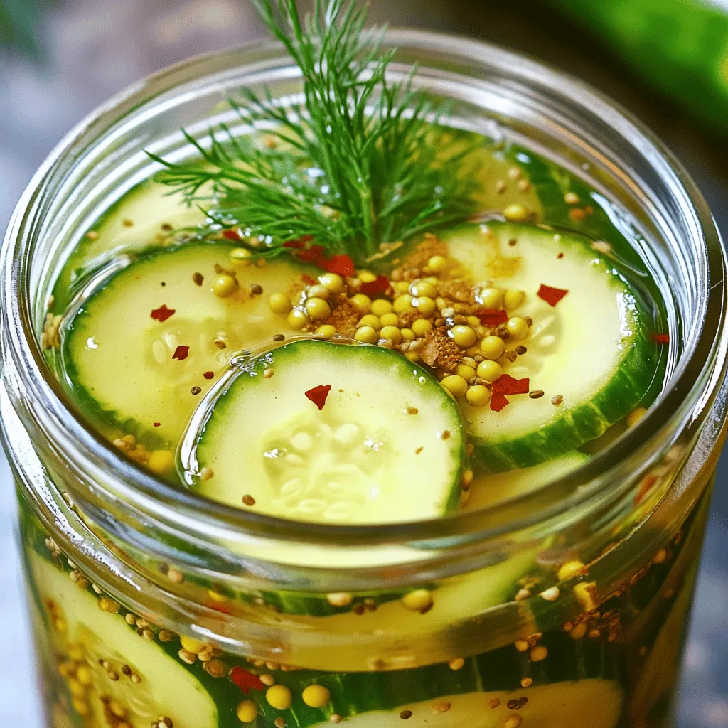 To make these pickles, gather these basic items: - 1 medium cucumber, thinly sliced into rounds - 1 cup distilled white vinegar - 1 cup water - 2 tablespoons granulated sugar - 1 tablespoon sea salt - 1 teaspoon mustard seeds - 1 teaspoon dill seeds - 1 clove garlic, peeled and lightly crushed You can add a few fun touches to make your pickles unique: - 1/2 teaspoon red pepper flakes for a spicy kick - 1 tablespoon fresh dill, finely chopped for garnish You will need a few simple tools: - A clean glass jar with a tight lid - A medium saucepan for making the brine - A cutting board and knife for slicing cucumbers - A mixing spoon to stir the brine With these ingredients and tools, you are ready to make quick and easy refrigerator pickles. For the full recipe, check the detailed instructions provided! Start your pickles by washing the cucumber well. This step is key to keeping them fresh. Next, slice the cucumber into thin rounds. Aim for uniform slices. This helps the pickles to brine evenly. Once sliced, set the cucumber rounds aside in a bowl. Grab a medium saucepan and place it over medium heat. In this pan, mix 1 cup of distilled white vinegar, 1 cup of water, 2 tablespoons of granulated sugar, and 1 tablespoon of sea salt. Stir gently until the sugar and salt dissolve completely. This will create a tasty brine for your pickles. After that, remove the pan from heat. Let the brine cool for a few minutes. Next, add spices to the brine. Include 1 teaspoon of mustard seeds, 1 teaspoon of dill seeds, and 1 clove of garlic that you have peeled and lightly crushed. If you like a bit of spice, add 1/2 teaspoon of red pepper flakes. Stir everything together to mix the flavors well. Now, it’s time to pack the jar! Use a clean glass jar for this step. Start adding your cucumber slices into the jar. Pack them snugly to fit as many as you can. Once your cucumbers are in place, pour the cooled brine over them. Make sure the cucumbers are fully submerged. If they float, gently press them down. After that, secure the jar with a tight-fitting lid. Let the jar cool to room temperature. Once it cools, place it in the refrigerator. For the best taste, let the pickles marinate for at least 24 hours. You can enjoy these crunchy, fresh pickles for up to 2 weeks. When you slice your cucumber, aim for thin, even rounds. This helps them absorb the brine better. I recommend a sharp knife for clean cuts. Thin slices make the pickles crisp and delightful. You can also use a mandoline for uniform thickness. Just be careful; it can be sharp! To get the best flavor, let the pickles sit in the brine for at least 24 hours. This time allows the cucumbers to soak up all the spices. For extra crunch, choose fresh cucumbers and avoid older ones. The fresher the cucumber, the better the pickle! Feel free to adjust the spice levels to your taste. If you like heat, add more red pepper flakes. For a milder flavor, skip them altogether. You can also try adding black peppercorns or dill for extra flavor. Experiment and find what makes your pickles perfect! {{image_4}} You can use more than just cucumbers. Carrots, radishes, and bell peppers work great. Slice them thinly like cucumbers for even pickling. Adding these veggies gives you crunchy bites and new flavors. Each type of vegetable adds its own twist to the mix. Feel free to get creative and try different combinations. You can make your pickles spicy or sweet. To add heat, increase the red pepper flakes. For sweetness, add more sugar or use a sweet vinegar. You can also add spices like coriander or bay leaf to change the taste. Experimenting with flavors can lead to exciting results. Each batch can be a new surprise! The type of vinegar you use can change the pickles’ flavor. Try apple cider vinegar for a fruity twist. Rice vinegar is milder and perfect for a gentler taste. Each vinegar has its unique profile, so don't be afraid to try different kinds. Mixing vinegars can also create a fun flavor blend. Check out the full recipe to explore more options! Store your pickles in a clean glass jar. Make sure the jar has a tight lid. Place the jar in the refrigerator right after you make them. Keep them submerged in the brine for best results. This helps them stay crisp and flavorful. Your quick and easy refrigerator pickles will last about two weeks. After that, they may lose their crunch. For best taste, enjoy them within the first week. Always check the brine level. If it dips, add more vinegar or water to cover the cucumbers. Watch for any changes in color or smell. If the pickles look cloudy or smell off, discard them. Mold is another clear sign they are bad. If you notice any of these signs, it’s best to throw them away. Always trust your senses when it comes to food safety. Refrigerator pickles can last up to two weeks in the fridge. After that, they may lose their crunch and flavor. Always check for any signs of spoilage before eating. If they smell sour or look cloudy, it's best to toss them out. Yes, you can use different vinegars like apple cider vinegar or rice vinegar. Each type will give a unique taste to your pickles. Just remember to keep the same ratio of vinegar to water for the right flavor balance. Making homemade pickles lets you control the ingredients. You can choose fresh veggies, adjust the salt, and skip artificial preservatives. Plus, it’s a fun way to explore flavors. You can customize them to fit your taste! You can find the full recipe for Zesty Refrigerator Pickles above. This recipe guides you through each step to make crunchy, fresh pickles that burst with flavor. Enjoy making your own delicious snacks! You now have all you need to make quick and easy refrigerator pickles. We covered the right ingredients, equipment, and step-by-step methods. You learned tips for slicing and flavoring. Plus, you can explore fun variations and how to store them. Making pickles at home is simple and tasty. Enjoy crunching on your homemade treats! Remember, you can mix up flavors and veggies to make your pickles unique. Happy pickling!