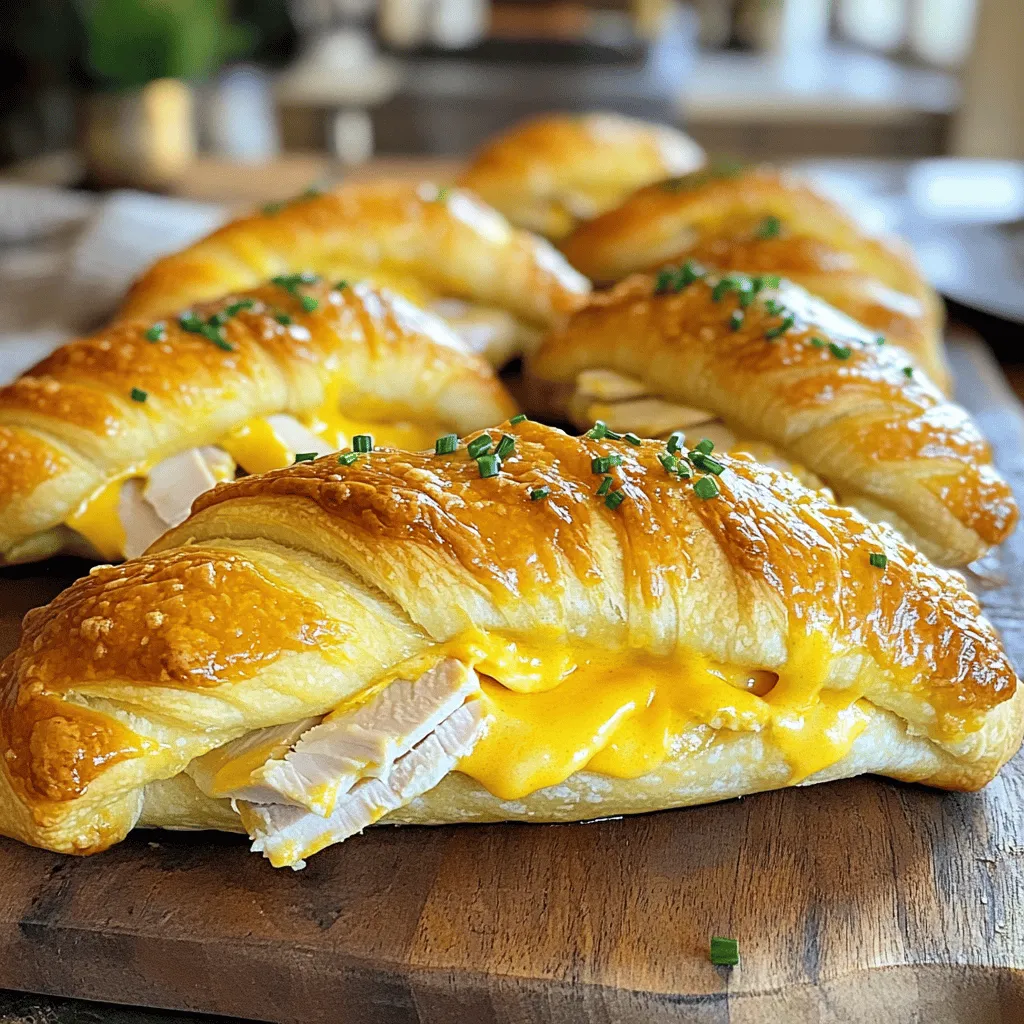 - 1 can of crescent roll dough - 8 oz cooked turkey breast, thinly sliced - 4 oz cream cheese, softened - 1 cup shredded sharp cheddar cheese - 1 tablespoon fresh chives, finely chopped (optional) - 1 teaspoon garlic powder - Salt and freshly ground black pepper to taste - 1 egg, beaten (for egg wash) - Baking sheet - Parchment paper - Mixing bowl - Pastry brush When making Turkey and Cheese Crescent Rolls, having the right ingredients is key. You will need crescent roll dough, turkey, and cheese. I love using cooked turkey breast because it adds a nice flavor. Cream cheese makes the filling creamy and smooth. Sharp cheddar cheese gives a tasty kick. For some extra flavor, chives add a fresh touch. Garlic powder gives a nice depth, while salt and pepper balance everything out. Using a beaten egg for egg wash helps the rolls shine when baked. Having the right tools will make this process easier. A baking sheet lined with parchment paper keeps the rolls from sticking. A mixing bowl helps combine the filling, and a pastry brush is great for the egg wash. With these ingredients and tools ready, you are all set to create a delicious snack. - Preheat your oven to 375°F (190°C). - Prepare a baking sheet with parchment paper. - In a bowl, combine cream cheese, cheddar, chives, garlic powder, salt, and pepper. - Mix well until creamy and smooth. - Unroll the crescent dough and separate it into triangles. - On each triangle, place a slice of turkey and a spoonful of the cheese mixture. - Roll the dough from the wide end to the tip, sealing the edges well. - Place the rolls on the prepared baking sheet. - Brush the tops with beaten egg for a shiny finish. - Bake for 12-15 minutes until golden brown. - Ensure cream cheese is softened for easy mixing. - Don’t overfill rolls to prevent leakage. When making Turkey and Cheese Crescent Rolls, the cream cheese must be soft. This helps it blend well with the other ingredients. If the cream cheese is cold, it will clump and won’t mix smoothly. Filling is key, too. If you add too much filling, it may ooze out while baking. Keep the filling in the center and roll tightly. This makes for a pretty crescent roll. - Serve warm with dipping sauces like ranch or honey mustard. - Garnish with extra chives or cherry tomatoes. These crescent rolls taste best warm. Dipping sauces add an extra flavor punch. I love ranch or honey mustard for this. It’s fun to dip and enhances the experience. For a colorful touch, garnish with chives or cherry tomatoes. This makes your dish look vibrant and inviting. Plus, it adds a fresh taste. - Check for desired golden color and puffiness. Baking is simple, but timing matters. Watch for that beautiful golden color. It shows your crescent rolls are ready. They should also puff up nicely. If they don’t, they may need more time. Keep an eye on them during the last few minutes. {{image_4}} You can easily switch the turkey in this recipe. Try using ham for a salty bite. Rotisserie chicken also works great and adds flavor. Deli meats like roast beef can give you a different taste. Just slice them thin and layer them in the rolls. This way, you keep it fun and fresh. Cheese is key in this dish. Instead of sharp cheddar, use mozzarella for a milder taste. Pepper jack adds a bit of spice, perfect if you like heat. You can also mix in herbs like dill or oregano. These herbs will brighten up the cheese mixture. Play around with these options to find your favorite. If you prefer no meat, you can make a tasty vegetarian version. Sauté some vegetables like bell peppers, onions, or spinach. Mix these veggies with cheese for a flavorful filling. This way, you still enjoy all the creaminess without the turkey. It’s all about making it work for your taste. To keep your crescent rolls fresh, place them in an airtight container. Store them in the refrigerator for up to 3 days. This helps maintain their soft texture and flavor. If you have some left, enjoy them as a snack later! You can freeze unbaked rolls for up to 2 months. This is a great way to have a quick snack ready. Just prepare the rolls, then place them in a freezer-safe container. When you want to bake them, take them straight from the freezer. Bake as usual without thawing! When you’re ready to enjoy leftover rolls, warm them in the oven. Preheat your oven to 350°F (175°C). Place the rolls on a baking sheet and heat for 10-12 minutes. This will make them warm and crispy again, just like fresh! - Yes, pre-sliced deli turkey works well for convenience. - Prepare and assemble the rolls, then refrigerate until ready to bake. - Absolutely! You can experiment with various cheese types to suit your taste. - Use parchment paper on the baking sheet to prevent sticking. - Pair with salads, soups, or veggie trays for a complete meal. - For detailed steps and ingredients, refer to the full recipe of Turkey & Cheese Crescent Rolls. In this post, you learned how to make Turkey and Cheese Crescent Rolls. We covered key ingredients, important tools, and easy step-by-step instructions. Remember, you can switch up proteins and cheeses for new flavors. Store leftovers properly for later enjoyment, and feel free to experiment with dips. This simple recipe is perfect for snacks or meals, and you can adjust it to your taste. Enjoy cooking and impressing your friends with these delicious rolls!