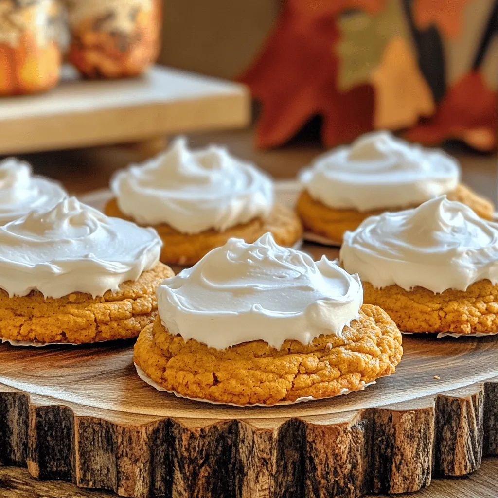 To make soft pumpkin cookies, you need: - 1 cup canned pumpkin puree - 1/2 cup unsalted butter, softened - 1 cup granulated sugar - 1/2 cup brown sugar, firmly packed - 1 large egg - 1 teaspoon vanilla extract - 2 cups all-purpose flour - 1 teaspoon baking soda - 1 teaspoon baking powder - 1 teaspoon ground cinnamon - 1/2 teaspoon ground nutmeg - 1/2 teaspoon salt - 1/4 teaspoon ground ginger These ingredients blend to give cookies their soft and moist texture. The pumpkin puree adds a lovely flavor and makes the cookies tender. For the cream cheese frosting, gather: - 8 oz cream cheese, softened - 1/2 cup unsalted butter, softened - 2 cups powdered sugar - 1 teaspoon vanilla extract This frosting is creamy and sweet, making it the perfect topping for your cookies. You can change some ingredients if needed: - Use coconut oil instead of butter for a dairy-free option. - Swap brown sugar with coconut sugar for a different flavor. - If you lack pumpkin puree, use mashed banana or applesauce. These substitutes can still give you great results while catering to different diets. For the full recipe, check the complete instructions. Start by preheating your oven to 350°F (175°C). This helps the cookies bake evenly. Line a baking sheet with parchment paper. This will keep the cookies from sticking. In a big bowl, beat the softened butter, granulated sugar, and brown sugar. Use an electric mixer at medium speed. Mix until the mixture is smooth and creamy. Next, add the canned pumpkin, egg, and vanilla extract. Mix until everything is blended well. In a separate bowl, whisk together the flour, baking soda, baking powder, cinnamon, nutmeg, salt, and ginger. This step ensures the spices and leavening agents are evenly spread throughout the cookies. Slowly add the dry mixture to the wet mixture. Use a spatula or wooden spoon. Mix gently until just combined. Be careful not to overmix. Overmixing can make the cookies tough. Scoop dollops of dough onto the prepared baking sheet. Leave about 2 inches of space between each scoop. Bake in the preheated oven for 12-15 minutes. The edges should be set, but the centers should stay soft. After baking, take the cookies out of the oven. Let them cool on the baking sheet for about 5 minutes. Then, move them to a wire rack to cool completely. This cooling step is key for the perfect texture. Enjoy the process and the delicious smell! For the complete recipe, check out the [Full Recipe]. To make soft pumpkin cookies, focus on mixing. Do not overmix your dough. Stir until just combined. This keeps your cookies tender and light. Make sure the butter is soft. Cold butter leads to tough cookies. Also, use the right amount of flour. Too much flour makes cookies dry. If your cookies spread too much, chill the dough for 30 minutes before baking. For the perfect cream cheese frosting, start with room temperature ingredients. If the frosting is too thick, add a splash of milk. If it’s too thin, add more powdered sugar. Beat the mixture until fluffy. This adds air and makes it light. Remember, a good frosting should spread easily but hold its shape. Serve your cookies on a colorful platter to catch the eye. Sprinkle cinnamon or nutmeg on top for flair. Add a few pumpkin seeds for a nice touch. You can also stack the cookies high for a fun look. Garnish with fresh mint leaves for a pop of color. These small touches make your cookies stand out. For the full recipe, check out the detailed instructions. {{image_4}} While cream cheese frosting is a classic choice, you can try other frostings too. A simple vanilla buttercream can add a sweet touch. You can also use chocolate ganache for a rich flavor. For a lighter option, consider whipped cream or a glaze made with powdered sugar and milk. Each option gives the cookies a new twist, keeping them fun and exciting. Want to make your cookies even better? Try adding mix-ins. Chopped nuts like pecans or walnuts add a nice crunch. You could also mix in chocolate chips for a sweet bite. Dried cranberries or raisins bring a fruity touch. Each addition enhances the taste and texture, creating a unique cookie every time. If you need gluten-free cookies, swap all-purpose flour for almond or oat flour. Check that your pumpkin puree is gluten-free too. For a dairy-free option, use coconut cream instead of cream cheese in the frosting. You can also use dairy-free butter for the cookies. These swaps ensure everyone can enjoy these tasty treats without worry. For the full details on making these cookies, check out the Full Recipe. To keep your soft pumpkin cookies fresh, store them in an airtight container. This method helps keep them moist. Place parchment paper between layers to prevent sticking. They can last for about five days at room temperature. If you want them to last longer, consider refrigerating them. Just ensure they are well-wrapped to avoid drying out. Freezing these cookies is easy and a great way to save them. First, let the cookies cool completely. Then, place them in a single layer on a baking sheet. Freeze until firm. Once frozen, transfer them to a freezer-safe bag or container. Label the bag with the date. They can last for up to three months in the freezer. When you're ready, just thaw them at room temperature. Reheating soft pumpkin cookies is simple. Preheat your oven to 350°F (175°C). Place the cookies on a baking sheet and heat for about 5-7 minutes. This warms them up nicely. If you prefer the microwave, heat them for about 10-15 seconds. Just be careful not to dry them out. Enjoy them warm with the cream cheese frosting for a delightful treat! Yes, you can use fresh pumpkin. To do this, roast the pumpkin first. Cut it in half, remove the seeds, and bake it at 400°F (200°C) for about 45 minutes. After it cools, scoop out the flesh and mash it. This gives a nice flavor to your cookies. Fresh pumpkin may need more water, so adjust your recipe if needed. To sweeten the cookies, add more sugar. Start with an extra 1/4 cup. For less sweetness, reduce the sugar by the same amount. You can also use different sweeteners. Brown sugar adds a deeper taste, while white sugar keeps it light. To soften cream cheese fast, cut it into small cubes. Place it in a bowl and microwave it in short bursts of 10 seconds. Check after each burst to avoid melting it. This helps it blend smoothly into the frosting. Look for the edges of the cookies to be set. The centers will look soft and slightly puffy. A toothpick inserted in the center should come out clean or with just a few crumbs. If they look too wet, bake them a few more minutes. Yes, you can make the dough ahead! Chill it in the fridge for up to 24 hours. This makes it easier to scoop and bake later. If you want to keep it longer, you can freeze the dough. Just wrap it well in plastic wrap and store it in a freezer bag. When ready to use, let it thaw in the fridge overnight. For the full recipe, check the details above. In this article, we explored the core elements of baking cookies. We covered key ingredients, from cookie dough to delicious cream cheese frosting. You learned step-by-step instructions to bake and cool your cookies perfectly. I shared tips for texture and presentation, along with fun variations for added flavor. Finally, we discussed storage methods to keep your treats fresh. Baking cookies can be fun and rewarding. Enjoy the process and share your tasty creations with others!