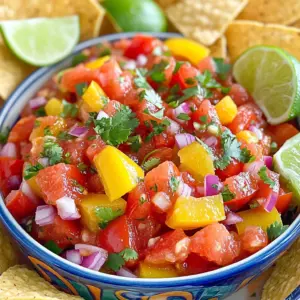 - 4 ripe tomatoes, diced into small cubes - 1 small red onion, finely chopped - 2 cloves garlic, minced for that aromatic punch - 1 jalapeño, deseeded and minced (feel free to adjust for your desired spiciness) - 1 cup fresh cilantro, coarsely chopped - Juice of 2 limes, freshly squeezed for a zesty flavor - 1 yellow bell pepper, diced into small pieces to add sweetness The key to a great salsa lies in using fresh produce. I always choose ripe tomatoes. They give the salsa its rich color and taste. The red onion adds a nice crunch and sharpness. Garlic brings an aromatic punch, making each bite delightful. I like to add jalapeño for heat. Remember, you can adjust this based on your spice preference. The yellow bell pepper adds a sweet touch, balancing the flavors. Fresh cilantro gives the salsa a bright, herbal note. Lastly, lime juice brings everything together with its zesty kick. - 1 teaspoon ground cumin to enhance the earthiness - Salt and pepper to taste, to elevate the flavors - 1 tablespoon extra virgin olive oil for richness Seasonings are just as important as fresh produce. Ground cumin adds depth and warmth to the salsa. Salt and pepper adjust the flavors, so don’t skip this step! I recommend adding them to your taste. A drizzle of extra virgin olive oil adds a smooth richness, elevating the overall taste. Each of these elements works together to create a salsa that is not just good but great. - Tortilla chips - Tacos - Grilled meats Now that your salsa is ready, think about how to serve it. I love pairing it with crispy tortilla chips for a classic snack. You can also use it as a topping for tacos, adding freshness to each bite. If you’re grilling meats, salsa makes a perfect side. It adds flavor and a bright color to your plate. Enjoy your tasty creations! For the full recipe, check out the Ultimate Homemade Salsa Delight. Start by washing all your vegetables. Rinse them under cold water to remove dirt. Chop the tomatoes and yellow bell pepper into small cubes. Use a sharp knife for this. Finely chop the red onion and cilantro. Mince the garlic and jalapeño. Be sure to remove the seeds from the jalapeño for a milder salsa. Dicing tomatoes helps them mix well. When you chop the onion, do it small to avoid big bites. Mince the garlic finely so every bite has flavor. If you want it spicier, keep some jalapeño seeds. Now, let’s mix the salsa! Take a medium bowl. Combine the diced tomatoes, yellow bell pepper, and finely chopped red onion. This mixture forms a colorful base that looks great. Next, add the minced garlic and jalapeño. Stir gently to blend these ingredients well. Then, toss in the coarsely chopped cilantro. Squeeze in fresh lime juice to give it a zesty kick. Sprinkle in ground cumin and drizzle with olive oil. This adds richness to the salsa. Taste your salsa and season it with salt and pepper. Adjust as needed to enhance the flavors. Mix everything together until it’s evenly spread out. You want every bite to burst with flavor. Let your salsa chill. Cover the bowl tightly with plastic wrap. Place it in the fridge for at least 30 minutes. This resting time helps the flavors meld together. When it’s time to serve, use a colorful bowl to display your salsa. Garnish with fresh cilantro leaves and lime wedges for added color. Serve it with crispy tortilla chips for a delicious appetizer. Everyone will love this fresh and flavorful salsa recipe! Check out the Full Recipe for more details. How do I adjust jalapeño spiciness? Start by removing the seeds. This makes the heat milder. If you want more spice, use the seeds. You can also slice the jalapeño thinly for more heat. What are some alternative pepper options? Try using serrano or poblano peppers. They offer different heat levels. You can also use sweet peppers if you want no heat at all. What additional herbs or spices can I consider? Add parsley or oregano for a fresh twist. You can also try smoked paprika for a deeper flavor. A pinch of cayenne pepper can also add a nice kick. How can I incorporate fruit for sweetness? Diced mango or peach adds sweetness. These fruits pair well with the tangy lime. Pineapple is another great choice that brings tropical flair. What are the best practices for taste retention? Always store your salsa in a sealed container. This keeps air out and flavors in. Let it chill in the fridge for at least 30 minutes before eating. How do I avoid browning in ingredients? Add lime juice as soon as you chop the ingredients. The acid helps keep them fresh. You can also cover the salsa tightly to prevent exposure to air. For the full recipe, see the section above. Happy cooking! {{image_4}} You can add a fun twist to salsa by using fruit. Peach or mango salsa brings sweetness and brightness. Just chop ripe peaches or mangoes and mix them with your tomatoes. This combo creates a refreshing salsa that pairs well with grilled chicken. A pineapple salsa also makes a great change. Simply dice fresh pineapple and add it to your salsa mix. The sweet and tangy flavor of pineapple gives your salsa a tropical vibe. This salsa pairs perfectly with fish tacos or shrimp. If you want a vegan option, this salsa is already perfect. All the ingredients are plant-based. Just make sure to check your seasonings for hidden animal products. You can also make it gluten-free by using fresh ingredients and avoiding any packaged spice mixes. For those watching salt, try low-sodium options. Use fresh herbs instead of salt for flavor. This way, you still enjoy tasty salsa without too much salt. You can easily adapt salsa to fit different cuisines. For a Mexican flair, stick with classic ingredients like cilantro and lime. However, you can add Mediterranean flavors with olives or feta cheese. This twist creates a unique salsa that stands out. Thinking about a themed event? Create a salsa bar! Use different fruits and spices to make unique salsas. Label each bowl so guests can mix and match. This way, everyone can find their favorite flavor. To get started, check the Full Recipe for the basic salsa and then explore these fun variations! To keep your salsa fresh, use airtight containers. Glass jars work great. They seal well and help keep flavors intact. You can also use plastic containers, but ensure they fit tightly. Your salsa lasts about 5 to 7 days in the fridge. After that, it may lose flavor and freshness. Make sure to check it before using. If you want to store salsa for longer, freezing is an option. Pour your salsa into freezer-safe containers or bags. Leave space at the top to allow for expansion. Seal them tightly to avoid freezer burn. When you're ready to use it, thaw salsa in the fridge overnight. For the best texture, avoid microwaving it. The flavors will meld better if you let it thaw slowly. Check for signs of spoilage before eating salsa. If you see mold or an off smell, throw it away. Also, if the texture becomes watery or slimy, it's time to discard it. To keep your salsa safe, always use clean utensils when serving. This helps prevent bacteria from getting in and spoiling your salsa. Homemade salsa lasts about 5 to 7 days in the fridge. Store it in an airtight container to keep it fresh. The flavors mix better after sitting, making it even tastier after a day. Always check for changes in smell or color before eating. Yes, you can use canned or jarred ingredients. Canned tomatoes and diced green chilies work well. You can also find jarred jalapeños if you want heat. While fresh ingredients shine, canned options still give good flavor. Just be aware that the texture may differ. Salsa pairs great with many foods. Serve it with tortilla chips for a crunchy snack. You can also add it to tacos, burritos, or grilled meats. Try it on top of eggs or in a salad for a fresh kick. The possibilities are endless! For the full recipe, check out the Ultimate Homemade Salsa Delight. In this blog post, we explored how to make fresh salsa. We covered key ingredients, like ripe tomatoes and cilantro, along with seasonings. I detailed steps for preparation, mixing, and serving the salsa. We shared tips to customize heat levels and enhance flavors. Different salsa variations, like fruit-infused options, were also discussed. Finally, we offered storage tips to keep your salsa fresh. Making salsa is easy, fun, and can fit any taste. With practice, you'll impress your friends and family!