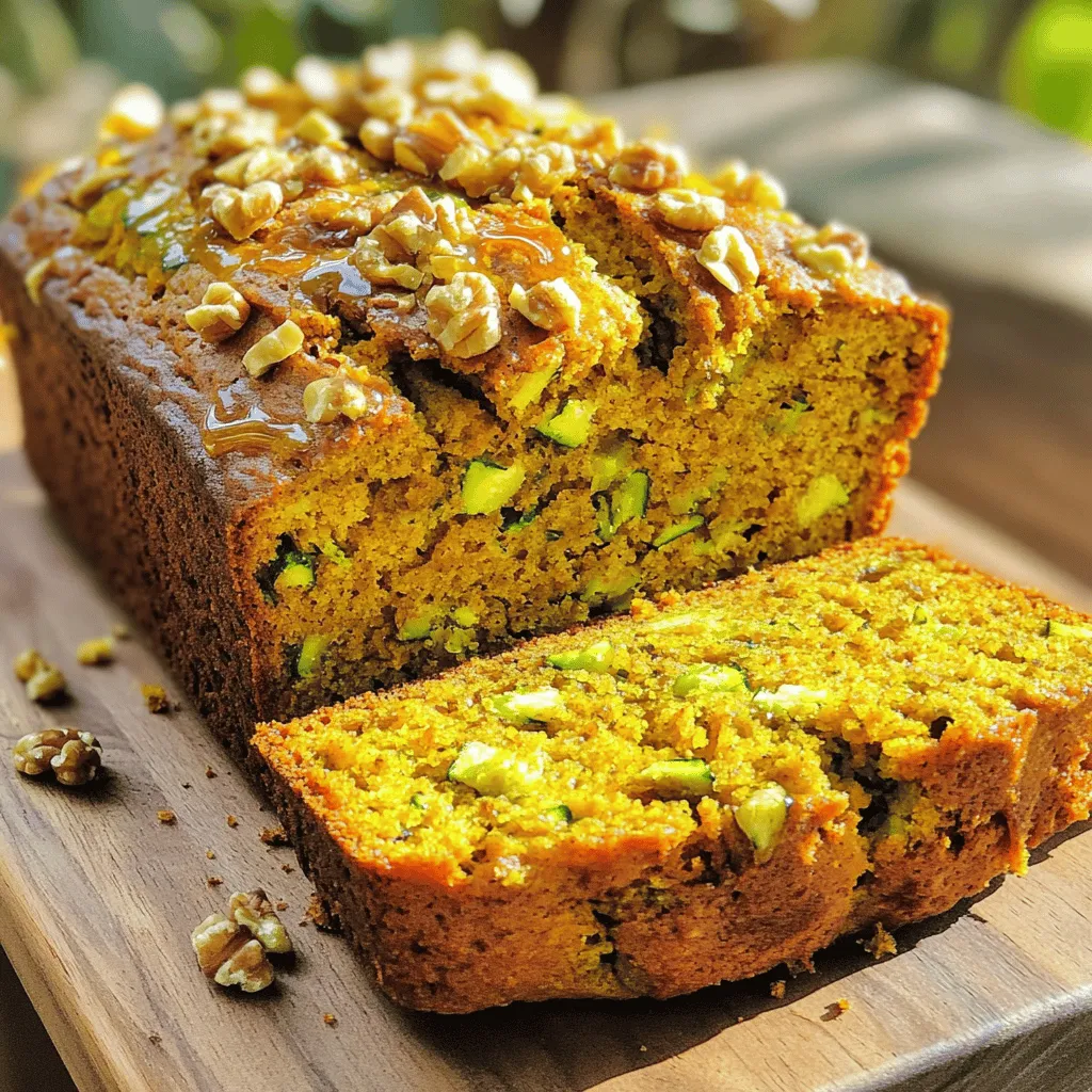 To make a great pumpkin zucchini bread, you need key ingredients. Here’s what you will need: - 1 cup grated zucchini (approximately 1 medium zucchini) - 1 cup canned pumpkin puree - 1/2 cup vegetable oil - 1 cup packed brown sugar - 1/2 cup granulated sugar - 3 large eggs, at room temperature - 1 teaspoon pure vanilla extract - 2 cups all-purpose flour - 1 teaspoon baking soda - 1 teaspoon baking powder - 1 teaspoon ground cinnamon - 1/2 teaspoon ground nutmeg - 1/2 teaspoon sea salt These ingredients work together to create a moist and flavorful bread. The zucchini adds moisture, while the pumpkin gives it a rich taste. You can enhance your bread with some optional add-ins. Consider adding: - 1 cup chopped walnuts or pecans - 1/2 cup raisins, chocolate chips, or a mix of both These add-ins bring extra texture and flavor. Walnuts add crunch, while chocolate chips lend sweetness. When selecting zucchini, choose firm, shiny ones. Look for a medium size, about 6-8 inches long. Avoid zucchinis with soft spots or wrinkles. For pumpkin, fresh pumpkin gives a richer taste. If using fresh, pick a small sugar pumpkin. It will be sweeter and smoother than larger varieties. Canned pumpkin is also great for this recipe. It saves time and tastes delicious. Start by gathering all the ingredients. This makes it easy to work through the recipe. Preheat your oven to 350°F (175°C). Grab a 9x5 inch loaf pan. Grease it with cooking spray or butter. You can also use parchment paper for easy removal later. In a large bowl, mix the grated zucchini and pumpkin puree. Add the vegetable oil, brown sugar, granulated sugar, eggs, and vanilla extract. Whisk until smooth. In another bowl, sift the flour, baking soda, baking powder, cinnamon, nutmeg, and sea salt. This helps the bread rise well. Slowly add the dry mix to the wet mix. Stir gently until just combined. A few lumps are okay, so don’t overmix. If you choose, fold in walnuts or pecans and raisins or chocolate chips. Pour the batter into the prepared loaf pan. Use a spatula to smooth the top. Place the pan in the oven and bake for 60-70 minutes. The bread is ready when a toothpick comes out clean or with a few crumbs. After baking, let the bread cool in the pan for 10 minutes. Carefully move it to a wire rack to cool completely before slicing. For the full recipe, refer to the previous section. To get soft and moist bread, use fresh zucchini. Grate it just before mixing. This keeps the moisture high. Always squeeze out excess water from the grated zucchini. This step helps prevent a soggy loaf. For the pumpkin, choose a good quality canned puree. It adds rich flavor and smoothness. Mixing the wet and dry ingredients gently is key. Overmixing can lead to tough bread. One common mistake is not preheating the oven. Always preheat it to 350°F (175°C) first. Another issue is using cold eggs. Let eggs sit at room temperature before using. This helps them mix better with other ingredients. Also, be careful when measuring flour. Too much flour can make the bread dense. Use a spoon to fluff the flour before scooping it into your measuring cup. For a richer taste, try adding spices like ginger or allspice. They pair well with pumpkin and zucchini. You can also mix in zest from oranges or lemons for a fresh touch. Adding vanilla extract boosts the overall flavor too. For an extra crunch, top with seeds or nuts before baking. This gives a lovely texture and boosts aroma while baking. If you want a sweet surprise, fold in chocolate chips or raisins for a delightful twist. Check out the Full Recipe for more details! {{image_4}} You can make this recipe gluten-free. Use a gluten-free flour blend instead of all-purpose flour. Look for one that measures cup-for-cup. This way, it replaces regular flour without adjusting the other ingredients. You might also add a bit of xanthan gum to help with texture. This will keep your bread moist and fluffy. To make this bread vegan, swap the eggs for flaxseed meal. Mix 1 tablespoon of flaxseed meal with 3 tablespoons of water. Let it sit for five minutes to thicken. Replace the vegetable oil with applesauce or a plant-based oil. This keeps the bread moist while adding a nice flavor. Also, ensure that your sugar is vegan, as some sugars are processed with bone char. You can boost the flavor with spices. Try adding ginger for a warm kick or cloves for depth. You can also mix in nuts, like walnuts or pecans, for crunch. Chocolate chips or raisins add sweetness and texture. Feel free to experiment! Each variation gives a new taste to your bread. If you'd like a full recipe to try, check out the Pumpkin Zucchini Delight Bread. To keep your bread fresh, wrap it in plastic wrap or foil. This helps keep moisture in. You can store it at room temperature for up to three days. If you want to keep it longer, a sealed bag works well in the fridge. Just remember, it may dry out a bit in the fridge. You can freeze your pumpkin zucchini bread to enjoy later. Slice the bread first for easy serving. Wrap each slice in plastic wrap, then place them in a freezer bag. This helps protect against freezer burn. To thaw, take out a slice and let it sit at room temperature for about 30 minutes. You can also warm it in the microwave for a few seconds. When stored properly, the bread lasts about three days at room temperature. In the fridge, it can last up to a week. If frozen, it stays good for about three months. Always check for any signs of spoilage before eating. Enjoy your homemade pumpkin zucchini bread at its best! For the full recipe, check the link above. Yes, you can use fresh pumpkin. Start by roasting or boiling the pumpkin until soft. Then, mash it or blend it to create a smooth puree. Make sure it has no lumps for the best texture in your bread. Using fresh pumpkin adds a nice, vibrant flavor. It might take more time, but many enjoy the taste. Just remember to drain excess water so your bread won’t be soggy. Check your bread with a toothpick. Insert it into the center of the loaf. If it comes out clean or with just a few crumbs, your bread is ready. You can also look for a golden-brown crust. The bread should spring back slightly when pressed. If it looks too wet or sticky on top, it needs more time. There are many tasty options! You can serve it warm with butter or cream cheese. A sprinkle of cinnamon adds a nice touch. Some like it with honey or maple syrup for a sweet treat. You can also enjoy it as a snack with coffee or tea. The flavors pair well with warm drinks. Yes, you can! Grated carrots or squash work well. These add sweetness and moisture, similar to zucchini. Another option is to use mashed bananas for a unique twist. Just remember to adjust the sugar if the substitute is sweeter. Experiment with different veggies to find your favorite mix! Pumpkin zucchini bread combines tasty ingredients and easy steps. You learned how to choose fresh zucchini and pumpkin. We covered tips for a great texture and how to avoid mistakes. Variations, like gluten-free and vegan options, expand your choices. Lastly, I provided storage tips to keep your bread fresh. Enjoy experimenting with flavors and making this bread your own. Happy baking!
