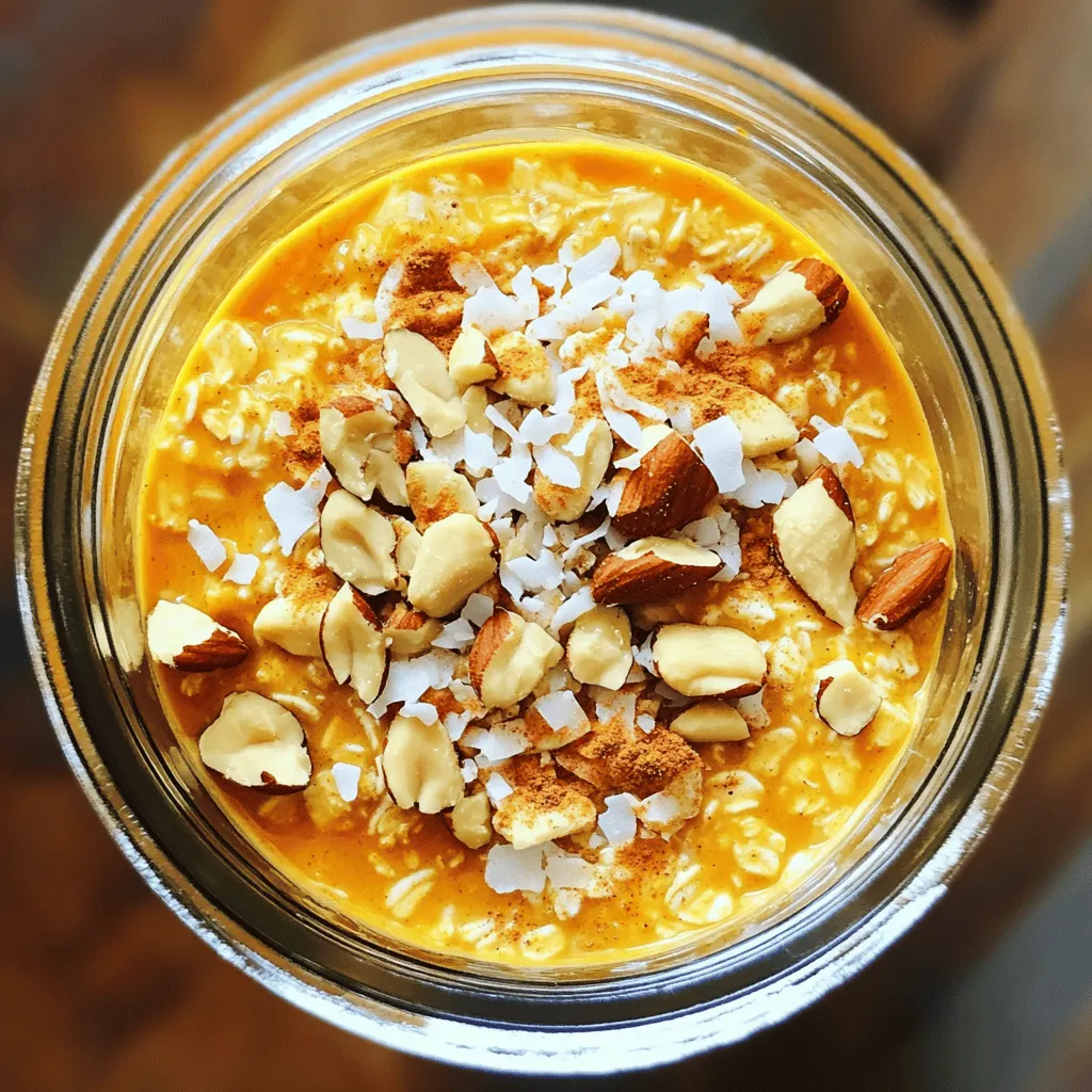For a tasty breakfast, pumpkin pie overnight oats are a great choice. You can make them in just 10 minutes. These oats need to chill overnight, so they are ready when you wake up. This recipe is perfect for busy mornings. Here are the main ingredients you will need: - 1 cup rolled oats - 1 cup almond milk (or any milk of your choice) - 1/2 cup pumpkin puree - 1 tablespoon maple syrup (adjust sweetness to your preference) - 1 teaspoon pumpkin pie spice - 1/2 teaspoon vanilla extract - 1 tablespoon chia seeds - A pinch of salt These ingredients mix together to create a creamy and flavorful breakfast. You can make your oats even better with these optional toppings: - Chopped nuts (such as walnuts or pecans) - Shredded coconut - A dollop of Greek yogurt These add a nice crunch and extra flavor. Feel free to mix and match based on what you like! Enjoy your delicious pumpkin pie overnight oats. Start with a mixing bowl. Add 1 cup of rolled oats to the bowl. Pour in 1 cup of almond milk or any milk you like. Next, add 1/2 cup of pumpkin puree. It gives great flavor and color. Then, drizzle in 1 tablespoon of maple syrup for sweetness. If you want it sweeter, add more syrup. Now, sprinkle in 1 teaspoon of pumpkin pie spice. This spice mix is key to that cozy pumpkin flavor. Don’t forget 1/2 teaspoon of vanilla extract for a nice aroma. Toss in 1 tablespoon of chia seeds. These help thicken the oats. Finally, add a pinch of salt to balance the flavors. Grab a whisk and blend all the ingredients well. Make sure the oats soak up the milk and pumpkin. It should look smooth and creamy. Once mixed, divide the oat mixture into two jars or airtight containers. Fill each jar evenly. This ensures you get the same amount in each serving. Secure the lids tightly. Place the jars in the refrigerator. Let them chill overnight or at least for 4 hours. This helps the oats absorb the liquid and flavors. When you’re ready to eat, take them out and stir well. If they seem too thick, add a splash of almond milk to loosen them up. For toppings, you can choose crunchy chopped nuts, shredded coconut, or a dollop of Greek yogurt. These add texture and flavor. For a pretty look, layer the oats and toppings in clear jars. The bright orange pumpkin puree looks great with the toppings. Enjoy your delicious Pumpkin Pie Overnight Oats! To get the best texture, use rolled oats. They soak up liquid well and stay chewy. If you want a creamier mix, try adding more almond milk. You can also add chia seeds. They help thicken the oats and add a nice crunch. Let the oats sit overnight. This way, they soften and absorb all that flavor. Add a touch of maple syrup for sweetness. The pumpkin pie spice gives that warm taste we love. You can also add a splash of vanilla extract. This brings out the pumpkin flavor even more. If you want a richer taste, mix in some Greek yogurt before serving. It adds creaminess and tang. For a pretty look, layer your oats in clear jars. Start with the oats, then add toppings. Use chopped nuts, coconut, or a dollop of yogurt. This makes your breakfast pop! You can sprinkle some extra pumpkin pie spice on top for a nice finish. Don’t forget to snap a photo before you dig in! {{image_4}} You can change up the flavor of your pumpkin pie overnight oats. Try adding cocoa powder for a chocolate twist. Applesauce can give a sweet and fruity touch. You can also mix in peanut butter for a nutty flavor. Each of these adds a new layer of taste. Just keep the base ingredients the same to keep it simple! If you need to swap ingredients, it’s easy. Use a different milk, like oat milk or soy milk, instead of almond milk. You can use honey or agave syrup instead of maple syrup for sweetness. If you don’t have chia seeds, try flaxseeds. These swaps keep the recipe flexible and fun. To make these oats vegan, ensure your milk and sweetener are plant-based. Most almond and soy milks fit this bill. For a gluten-free version, always check that your oats are certified gluten-free. This makes sure you avoid any cross-contamination. These small changes help everyone enjoy this tasty meal! To store your pumpkin pie overnight oats, use airtight jars or containers. After making the oats, divide them into jars. Make sure to seal the lids tightly. This keeps the oats fresh and prevents them from drying out. You can store them in your fridge for up to five days. This makes them perfect for meal prep! To keep your oats tasting great, follow these tips: - Store them in the back of the fridge, where it's coldest. - Avoid placing them near strong-smelling foods to keep their flavor. - If you add toppings, keep them separate until you eat. This helps keep them crunchy. You can freeze pumpkin pie overnight oats for longer storage. Here’s how: - Use freezer-safe containers or jars. - Make sure to leave some space at the top for expansion. - Label each jar with the date to keep track. When you want to eat them, thaw in the fridge overnight. You can also warm them in the microwave before eating. Enjoy this tasty meal any time! Yes, you can use quick oats. They will cook faster. Quick oats can make the texture softer. If you prefer a chewier bite, stick with rolled oats. You can keep overnight oats in the fridge for up to five days. They stay fresh in airtight containers. Just remember that the texture may change over time. Enjoy them within a few days for the best taste. If your oats are too thick, simply add more milk. A splash of almond milk works well. Stir it in until you reach your desired consistency. This will help make your breakfast smooth and creamy. You can find the full recipe and more tips to enjoy your pumpkin pie overnight oats! In this article, we covered how to make delicious overnight oats. We looked at the main ingredients you need, optional toppings, and step-by-step instructions. I shared tips to perfect your oats and suggested tasty variations. Proper storage methods ensure your oats stay fresh. When you try these oats, remember that creativity is key. Enjoy experimenting with flavors and textures! Make this dish your own, and have fun with it. Your breakfast can be both easy and amazing!