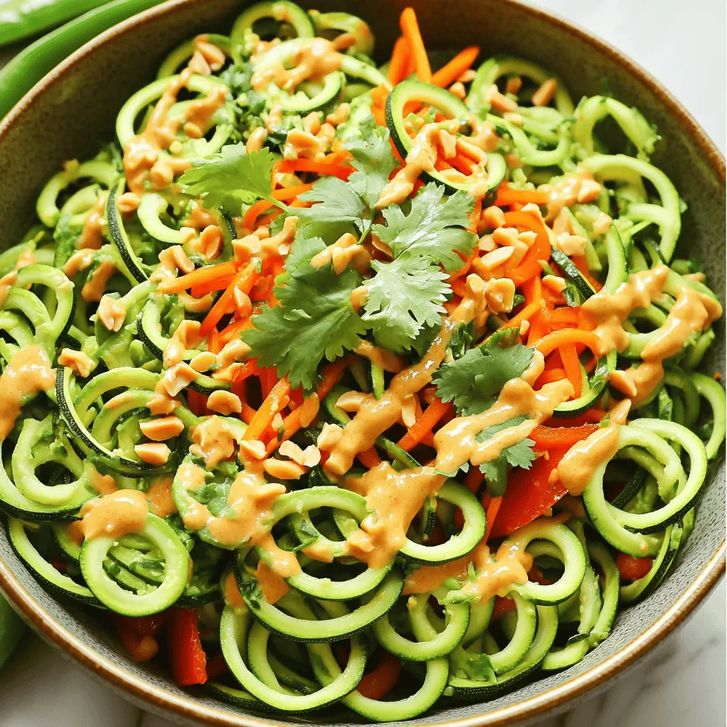 - 4 medium zucchini, spiralized - 1 tablespoon sesame oil - 1 red bell pepper, thinly sliced - 1 medium carrot, julienned - 1 cup snap peas, trimmed - 1/4 cup creamy peanut butter - 2 tablespoons soy sauce (or tamari for gluten-free) - 1 tablespoon fresh lime juice - 1 tablespoon sriracha sauce - 1 teaspoon garlic, minced - 1 teaspoon fresh ginger, grated - Fresh cilantro - Chopped peanuts - Green onions For this dish, the main ingredients shine through. Zucchini, a low-calorie veggie, acts as the base. Spiralizing it gives you fun noodle shapes. The red bell pepper adds sweetness. Carrots and snap peas bring crunch and color. Next, the sauce components create a rich flavor. Creamy peanut butter makes it smooth. Soy sauce adds saltiness, while lime juice gives a fresh kick. Sriracha brings heat, and garlic and ginger add depth. Finally, garnishes add flair. Fresh cilantro brightens the dish. Chopped peanuts give a nice crunch. Green onions add a pop of color. This recipe is a celebration of flavors and textures. You can find the full recipe details in the article. Enjoy every bite of your Thai zucchini noodles! First, spiralize your zucchini into long, thin noodles. This makes them fun to eat! After spiralizing, place the noodles in a colander. Lightly sprinkle them with salt. Let them sit for about 15 minutes. This step helps draw out excess moisture. When done, gently pat the noodles dry with paper towels. Doing this avoids a watery dish. Next, grab a large skillet or wok. Warm 1 tablespoon of sesame oil over medium heat. Wait until it shimmers. This shows that the oil is hot enough for cooking. Now it’s time to add your veggies! Toss in the sliced red bell pepper, julienned carrot, and trimmed snap peas. Stir-fry these for about 3 to 4 minutes. Keep stirring until they become tender yet still colorful and crisp. In a separate bowl, combine the creamy peanut butter, soy sauce, lime juice, sriracha, minced garlic, and grated ginger. Whisk these ingredients together until smooth. This mix forms a creamy peanut sauce that brings great flavor. Carefully add the zucchini noodles to the skillet with the sautéed vegetables. Drizzle the peanut sauce over everything. Gently toss to combine. Cook for an additional 2 to 3 minutes. This warms the zucchini noodles and infuses them with the sauce's great taste. Finally, taste your dish. Adjust the seasoning with salt and pepper if needed. Remove from heat. Garnish with sliced green onions, fresh cilantro, and a sprinkle of chopped peanuts. This adds crunch and extra flavor. For the full recipe, check out the details above! To spiralize zucchini well, use a good spiralizer. Choose firm zucchinis for the best noodles. Cut off the ends and secure the zucchini in the spiralizer. Turn the handle slowly to create long strands. After spiralizing, pat the noodles dry. Place them in a colander, sprinkle salt, and let them rest. This step helps remove extra moisture. When you pat them dry, you keep your dish from being watery. You can easily adjust the spice in your dish. Start with one tablespoon of sriracha. Taste your sauce, and add more if you like it spicier. You can also use chili flakes for a different heat level. If you want less spice, reduce the sriracha or skip it. Always taste your dish as you go. This way, you can make it just right for your palate. To boost flavor, try adding lime zest to the sauce. This gives a bright, fresh note. You can also mix in a splash of coconut aminos for a sweeter taste. Consider adding crushed peanuts or sesame seeds for texture. Fresh herbs like basil or mint can also add a nice touch. Feel free to get creative! Each addition can make your dish even more delicious. For the full recipe, check out the [Full Recipe]. {{image_4}} You can make your Thai zucchini noodles more filling by adding proteins. Chicken, shrimp, and tofu all work well. - Chicken: Use cooked, shredded chicken. It adds nice flavor and texture. - Shrimp: Add shrimp while cooking the veggies. They cook fast and bring a sweet taste. - Tofu: For a plant-based option, use firm tofu. Cube it and sauté until golden. Each protein brings a unique twist, making your dish even better. Feel free to switch up the veggies! Adding different vegetables gives more flavor and nutrients. - Broccoli: This adds crunch and is full of vitamins. - Bell Peppers: Use yellow or green peppers for a color boost and sweetness. - Spinach: Toss in fresh spinach at the end. It wilts down nicely and adds a pop of color. These swaps keep the dish fresh and exciting. While zucchini noodles are great, other noodles can change the dish. Here are some options: - Rice Noodles: These are chewy and soak up flavors well. They work great with the sauce. - Soba Noodles: Made from buckwheat, they add a nutty taste and are filling. - Shirataki Noodles: These low-calorie noodles are made from konjac yam. They are a great option if you watch your carbs. Each type of noodle brings a different taste and texture, so feel free to experiment. For the full recipe, check the previous section. To store leftovers, let the dish cool first. Then, place it in an airtight container. Keep it in the fridge for up to three days. When you reheat, use low heat to avoid overcooking the noodles. This keeps them from becoming mushy. Freezing zucchini noodles is easy but needs care. First, spiralize and salt the zucchini. Then, let them sit for 15 minutes to remove excess moisture. After patting them dry, place them in freezer bags. Remove as much air as you can. They can last up to two months in the freezer. When ready to use, thaw in the fridge overnight. Reheat them quickly in a skillet for best texture. To keep ingredients fresh while meal prepping, store each item separately. Wrap zucchini noodles in a paper towel and place them in a produce bag. This helps absorb moisture. For cut veggies, use airtight containers. They stay crisp longer this way. Use fresh herbs like cilantro last to keep them vibrant. Yes, you can prepare Thai Zucchini Noodles ahead of time. Here’s how: - Spiralize the zucchini: Do this no more than a few hours before serving. - Salt the noodles: This removes extra moisture. Let them sit for about 15 minutes. - Store the sauce: Keep the peanut sauce in a separate container. - Combine before serving: Mix the noodles and sauce just before eating. This keeps everything fresh and tasty. If you need a peanut butter substitute, try these options: - Almond butter: It has a similar texture and flavor. - Sunflower seed butter: Great for nut-free diets. - Cashew butter: This offers a creamy and mild taste. - Tahini: A sesame seed paste that works well in sauces. To make Thai Zucchini Noodles gluten-free, follow these tips: - Use tamari: Instead of soy sauce, choose tamari for a gluten-free option. - Check labels: Some sauces or ingredients may contain gluten, so read the labels closely. - Use gluten-free noodles: If you prefer, swap zucchini noodles for gluten-free rice noodles. Yes, you can use regular pasta. Here’s what to consider: - Cooking time: Cook pasta according to package directions. - Texture difference: Regular pasta is firmer and denser than zucchini. - Flavor absorption: Zucchini noodles soak up the sauce better than pasta. - Health benefits: Zucchini noodles are lower in carbs and calories. For a full recipe, check out the [Full Recipe]. This recipe is a fun way to enjoy veggies. You learned about key ingredients like zucchini, snap peas, and a tasty peanut sauce. I shared steps, tips, and variations to customize your dish. You can add protein or different veggies to suit your taste. Use smart storage methods to keep leftovers fresh. Experiment with flavors, and have fun creating! Enjoy your healthy, delicious meal!