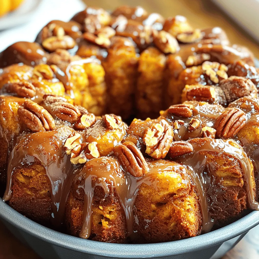 - 2 cans of refrigerated biscuit dough - 1 cup pumpkin puree - 1/2 cup brown sugar, packed - 1/2 cup granulated sugar - 2 teaspoons pumpkin pie spice - 1 teaspoon ground cinnamon - 1/2 cup unsalted butter, melted - 1/2 cup chopped pecans (optional) - 1/4 cup powdered sugar (for drizzle) - 2 tablespoons milk (for drizzle) What can I use instead of pumpkin puree? You can use butternut squash puree or sweet potato puree as substitutes. Both provide a similar flavor and texture, making them great options for this recipe. How do I choose the right biscuit dough? Look for refrigerated biscuit dough that is flaky and light. Avoid dough that looks too dense or has a short shelf life. Brands often vary, so it’s good to read labels. Why do spices matter in this recipe? Spices like pumpkin pie spice and cinnamon add warmth and depth. They enhance the pumpkin flavor, making each bite more enjoyable. The right spices can turn a simple dish into a comforting treat. Use the Full Recipe to see how these ingredients blend into a delightful fall dessert! 1. Preheat your oven to 350°F (175°C). This is key for even baking. 2. Get your bundt pan ready. Grease it well with non-stick spray or softened butter. This helps the bread come out easily. 3. In a large bowl, mix the pumpkin puree, brown sugar, granulated sugar, pumpkin pie spice, and cinnamon. Stir until the mix is smooth. This blend brings the fall flavor you crave. 1. Open the cans of biscuit dough. Cut each biscuit into quarters with a sharp knife or kitchen scissors. This lets them soak up the flavor well. 2. Take each piece and dip it into the pumpkin mixture. Make sure each piece is coated fully. This step is where the magic happens. 3. Start layering the coated biscuit pieces randomly in the bundt pan. If you want extra crunch, sprinkle in some chopped pecans between layers. 4. After all the pieces are in, pour any leftover pumpkin mixture over the top. This ensures every piece has that yummy flavor. 5. Drizzle the melted butter over the dough. Let it soak into the layers for added richness. 1. Place the bundt pan in your preheated oven. Bake for 30-35 minutes. The top should be golden brown when it’s done. Use a toothpick to check; it should come out clean. 2. Once baked, take the pan out of the oven. Let it cool for about 10 minutes. This helps the monkey bread set. 3. When cool, carefully invert the bundt pan onto a serving plate. If it sticks, give it a gentle tap to help it release. 4. In a bowl, mix the powdered sugar and milk to create a smooth drizzle. Adjust the thickness by adding more milk or sugar. 5. Drizzle this sweet mix over the warm monkey bread just before serving. This adds a lovely touch. Enjoy this Pumpkin Spice Monkey Bread while it’s warm for the best taste! - Overmixing the pumpkin mixture. Mix just until smooth. Too much can make it tough. - Not properly greasing the bundt pan. Use non-stick spray or butter generously. This helps the bread come out easily. - Oven temperature check. Always preheat your oven to 350°F. A hot oven helps the bread rise well. - Cooling tips before serving. Let the monkey bread sit for ten minutes after baking. This makes it easier to remove. - Ideal accompaniments for monkey bread. Serve warm monkey bread with whipped cream or a scoop of vanilla ice cream for a rich treat. - Best drinks to pair with pumpkin spice treats. Enjoy your monkey bread with hot apple cider or a spiced chai latte. These drinks enhance the fall flavors. {{image_4}} You can have fun with this recipe by changing some ingredients. Instead of pumpkin pie spice, try using cinnamon, nutmeg, or ginger for different tastes. You can also swap out the sugars. Use maple syrup or honey for a natural sweet taste. For a fun treat, you can add chocolate chips to the dough. Just mix in a cup of semi-sweet or dark chocolate chips after coating the biscuit pieces. This adds a rich flavor to your monkey bread. If you need a gluten-free option, look for gluten-free biscuit dough at your store. Many brands offer great alternatives that work well. For vegan adaptations, replace the butter with coconut oil or a plant-based butter. You can also use almond or soy milk instead of dairy milk for the drizzle. These swaps keep the flavor while fitting different diets. To make your monkey bread even more festive, think about adding cranberries or raisins. Mix in about 1/2 cup of dried fruit between the layers of dough. This adds a chewy texture and a burst of flavor. Another great idea is to drizzle flavored syrup on top. Caramel or maple syrup adds sweetness and a nice shine. These simple changes can make your pumpkin spice monkey bread even more special. For the full recipe, check out the earlier section. To keep your pumpkin spice monkey bread fresh for a few days, follow these tips: - Allow the monkey bread to cool completely. - Wrap it tightly in plastic wrap or foil. - Store it at room temperature for up to 3 days. - For longer freshness, place it in an airtight container. These steps help keep the bread soft and tasty. If you want to save it for later, freezing is a great option. Here’s how: - Let the monkey bread cool entirely. - Wrap it in plastic wrap, then in aluminum foil. - Label it with the date and freeze for up to 3 months. When you're ready to enjoy it: - Thaw it in the fridge overnight. - Reheat in the oven at 350°F (175°C) for about 10-15 minutes. This keeps the flavors intact and makes it warm and inviting. It’s important to check for signs of spoilage. Look for: - An off smell or strange color. - Mold or a slimy texture. - Dryness or hard pieces. If you notice any of these, it’s best to toss it out. Freshness is key to enjoying your pumpkin spice monkey bread! To make monkey bread from scratch, you start with homemade dough. Mix flour, sugar, yeast, and salt in a bowl. Add warm milk and melted butter, then knead the dough until smooth. Let it rise until it doubles in size. Once ready, cut the dough into pieces, coat them in your favorite flavors, and layer them in a bundt pan. Bake until golden brown. For the full recipe, check out Pumpkin Spice Monkey Bread. Yes, you can prepare pumpkin spice monkey bread ahead of time. Store the unbaked bread in the fridge overnight. Just cover it tightly with plastic wrap. When you're ready to bake, let it sit at room temperature for about 30 minutes before baking. If you bake it first, let it cool completely. Then, wrap it in foil and store it in the fridge for a few days. Leftover monkey bread can be a fun treat. Here are some ideas: - Reheat: Warm it in the oven for a quick snack. - French Toast: Dip pieces in egg mixture and fry for a sweet twist. - Pudding: Turn it into a bread pudding with eggs and milk. - Toppings: Add ice cream or yogurt for a delicious dessert. Feel free to get creative with what you have! You can create a delicious pumpkin spice monkey bread with simple ingredients. This recipe covers everything, from choosing the right biscuit dough to the best ways to store leftovers. Remember to avoid common mistakes like overmixing. With this guide, you can impress friends and family with a tasty fall treat. Enjoy experimenting with flavors and variations, and don’t shy away from making it your own. Happy baking!