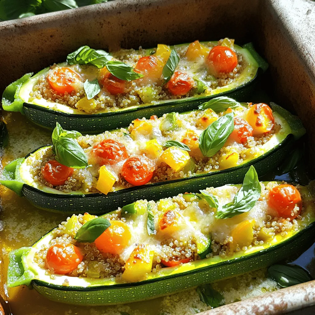 - 4 medium zucchinis - 1 cup quinoa - 1 cup cherry tomatoes - 1 bell pepper - 1 small onion - 2 cloves garlic - 1 teaspoon Italian seasoning blend - ½ teaspoon smoked paprika - Salt and pepper - ½ cup grated Parmesan cheese - ½ cup fresh basil - 2 tablespoons olive oil When I make savory stuffed zucchini boats, I focus on fresh, vibrant ingredients. Zucchinis are a great base. They are tender and hold stuffing well. I use medium zucchinis, which are just right for this dish. I love quinoa for its nutty flavor and texture. It adds protein and makes the filling hearty. Cherry tomatoes bring sweetness, while bell pepper adds crunch. I choose a small onion for a mild taste, and garlic gives a lovely aroma. Spices are key in this recipe. Italian seasoning blends well with the fresh veggies. Smoked paprika adds depth and a slight smokiness. I always season with salt and pepper to taste. For extra flavor, I often add grated Parmesan cheese. It melts beautifully on top and adds richness. Fresh basil brings a pop of color and freshness. I use olive oil for sautéing, enhancing the dish's overall flavor. These ingredients come together to create a healthy and tasty meal. You can find the full recipe for savory stuffed zucchini boats in the recipe section. 1. Preheat your oven to 375°F (190°C). This makes sure it's hot and ready. 2. Take each zucchini and slice it in half lengthwise. Use a spoon to hollow out the center. This creates your “boats.” Place them cut side up in a baking dish. 1. In a skillet over medium heat, add two tablespoons of olive oil. Once it's warm, add one small onion, finely chopped, and two cloves of minced garlic. Sauté for about 3-4 minutes until the onion is soft and fragrant. 2. Now, add one diced bell pepper and one cup of halved cherry tomatoes to the skillet. Cook everything together for another 3-4 minutes until the veggies soften. 1. Mix in one cup of cooked quinoa and the seasonings: one teaspoon of Italian seasoning, ½ teaspoon of smoked paprika, and salt and pepper to taste. Stir well to combine everything. 2. Remove the skillet from heat and fold in half a cup of fresh basil and half of the grated Parmesan cheese, if you are using it. 3. Carefully fill each zucchini boat with the mixture, pressing down to pack it in. 4. Sprinkle the remaining Parmesan cheese on top of each filled zucchini. 5. Cover your baking dish with aluminum foil to keep the moisture. Bake in the oven for 25 minutes. After that, uncover and bake for another 10 minutes until the cheese is golden and bubbly, and the zucchini is fork-tender. Feel free to check the Full Recipe for more details. Enjoy your delicious creation! How to choose the best zucchinis When picking zucchinis, look for firm ones with a shiny skin. They should feel heavy for their size. Avoid zucchinis with soft spots or blemishes. These signs mean they may not taste good. Recommended quinoa cooking method To cook quinoa, rinse it first to remove any bitterness. Use a ratio of 1 cup quinoa to 2 cups water. Bring the water to a boil, then cover and reduce the heat to low. Let it simmer for 15 minutes. Fluff it with a fork once done. Best side dishes to complement zucchini boats Zucchini boats pair well with fresh salads or roasted vegetables. You might enjoy a light tomato salad or a crunchy coleslaw. These sides add color and balance to your meal. Garnishing ideas for enhanced presentation For a pretty touch, sprinkle extra fresh basil on top. A drizzle of olive oil adds shine. You can also use a few slices of lemon for a pop of color and flavor. Overcooking the zucchini Watch your zucchinis closely while baking. If you cook them too long, they can become mushy. You want them tender but still holding their shape. Under-seasoning the filling Make sure to taste your filling before stuffing the zucchini. It should have enough salt and spice. If it tastes bland, add more seasoning. This step ensures every bite is full of flavor. {{image_4}} You can make your stuffed zucchini boats even heartier by adding protein. Ground turkey or beef works well. Just brown them in the skillet before mixing with your veggies. For a vegetarian option, try black beans. They add texture and protein without meat. You can mash them or leave them whole for a hearty bite. Using protein helps balance the meal and makes it more filling. Spices and herbs can totally change your dish. Try using cumin for a warm, earthy taste or chili powder for a kick. You can also play with fresh herbs like cilantro or parsley. They brighten up the filling. If you want to change the cheese, consider feta or nutritional yeast. Both give a unique flavor and suit different diets. This way, you can keep it fresh and exciting with every batch. Don’t feel stuck with just zucchini! You can use bell peppers, eggplant, or even mushrooms as boats. Each veggie will give a different taste. Seasonal changes also let you swap ingredients. In summer, use fresh corn or tomatoes. In fall, try adding pumpkin or squash. These swaps keep your meals fun and help you use what’s fresh and available. To keep your stuffed zucchini boats fresh, store them in the fridge. Place them in an airtight container. This helps maintain taste and texture. For best results, eat leftovers within three days. If you want to prepare them ahead of time, you can stuff the zucchini and keep them in the fridge for one day before baking. Just cover them tightly to prevent drying out. You can freeze your stuffed zucchini boats either before or after baking. If you freeze them before baking, wrap each boat tightly in plastic wrap and place them in a freezer bag. This method helps keep them fresh for up to three months. If you bake them first, let them cool completely before wrapping. When ready to eat, thaw overnight in the fridge. Reheat in the oven at 350°F (175°C) until warm, about 20 minutes. In the fridge, your stuffed zucchini boats last about three to four days. To keep them fresh, check for any signs of spoilage, like an off smell or mushy texture. For the best taste, eat them sooner rather than later. Storing them properly helps avoid food waste and ensures you enjoy every bite! When choosing zucchinis, look for medium-sized ones. They should feel firm and not soft. Firm zucchinis hold their shape better during cooking. Too large zucchinis may have more seeds and less flavor. Yes, you can! Replace the quinoa with brown rice or lentils. Use vegan cheese instead of Parmesan. You can also add more veggies like mushrooms or spinach for bulk and taste. Stuffed zucchini boats can last up to three days in the fridge. Make sure to place them in an airtight container. If they smell off or look odd, it’s best to toss them for safety. Yes, other grains work well too! Brown rice, farro, or couscous can be used. If you pick a different grain, check the cooking time. Some grains may need a bit longer to cook than quinoa. Absolutely! You can prepare them a day before. Just fill the zucchini and cover them. Store in the fridge until you’re ready to bake. This makes dinner easy and quick! These zucchini boats pair well with a fresh salad or garlic bread. You can also serve them with a light broth or a tangy dipping sauce. For a twist, add a sprinkle of lemon juice over the top before serving. You learned how to make tasty stuffed zucchini boats. We covered the main ingredients and spices. I shared step-by-step instructions for cooking them. You now have tips to avoid common mistakes. You can also try fun variations and know how to store them. Enjoy showing off your new dish! Use fresh veggies and spices for the best taste. Cooking should be fun and rewarding. Happy cooking!