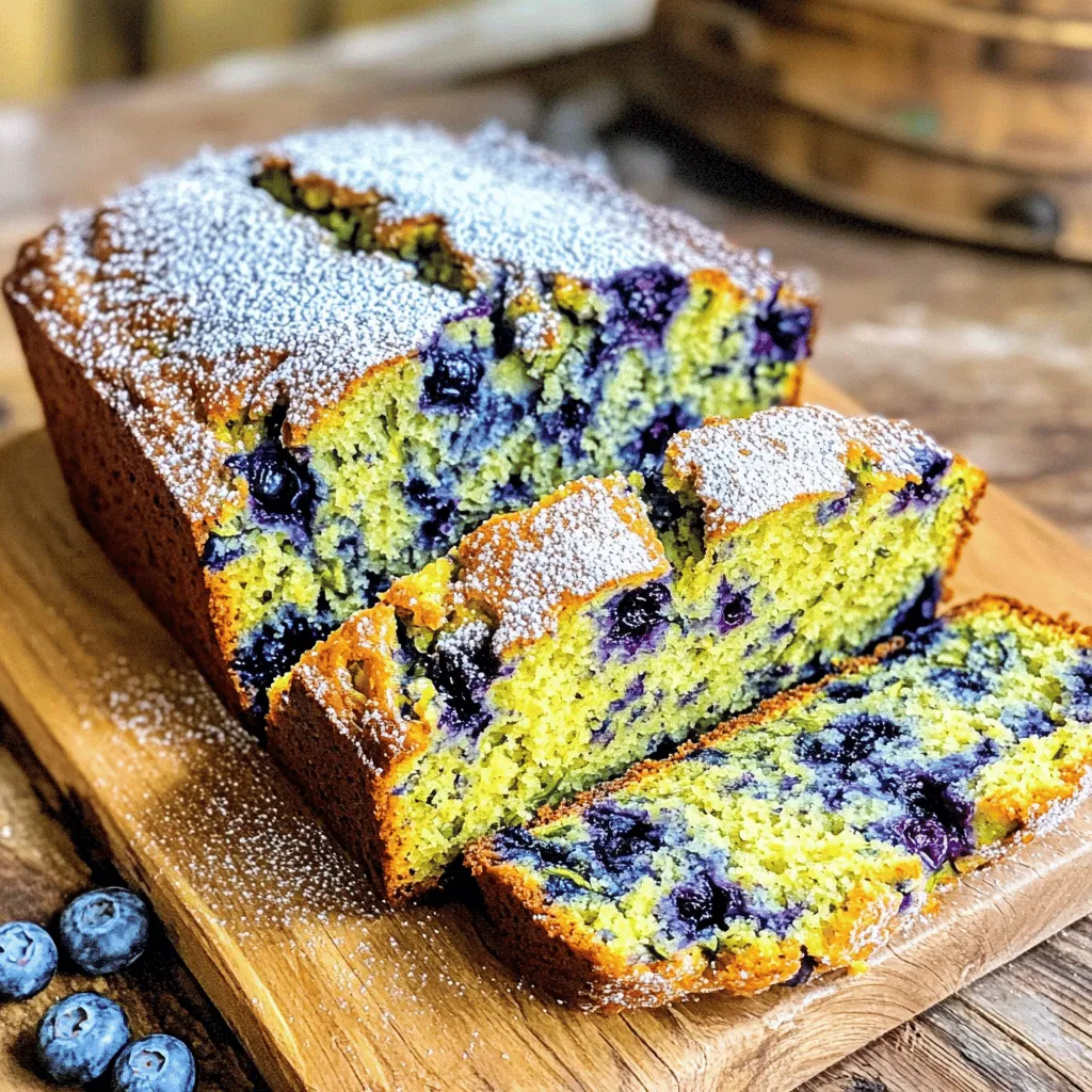 - 1 cup grated zucchini (about 1 small zucchini) - 1 cup fresh blueberries (or thawed frozen blueberries) - 1/2 cup granulated sugar - 1/4 cup packed brown sugar - 1/3 cup vegetable oil (or melted coconut oil) - 2 large eggs - 1 teaspoon vanilla extract - 1 teaspoon baking soda - 1/2 teaspoon baking powder - 1/2 teaspoon salt - 1 teaspoon ground cinnamon - 1 1/2 cups all-purpose flour - 1/2 cup chopped nuts (walnuts or pecans) - Additional flavorings or spices I love using fresh ingredients for my blueberry zucchini bread. Grated zucchini adds moisture and a mild taste. Fresh blueberries burst with flavor, making every slice a treat. You can mix granulated and brown sugar for a sweet balance. The granulated sugar gives a nice texture, while brown sugar adds a hint of caramel. This combination makes the bread rich and tasty. For baking, I prefer vegetable oil or melted coconut oil. These fats keep the bread soft. Eggs and vanilla extract bring richness and flavor to the mix. Don’t forget your baking essentials! Baking soda and baking powder help the bread rise. Salt enhances all the flavors, while ground cinnamon adds warmth. Flour binds everything together for a perfect loaf. Want to make it even better? Add chopped nuts for crunch. Walnuts or pecans work great. You can also experiment with spices like nutmeg or ginger for a twist. For the full recipe, check out the details provided. First, preheat your oven to 350°F (175°C). This step warms your oven for even baking. Next, prepare your loaf pan. You can grease it with non-stick spray. Alternatively, line it with parchment paper. This makes it easy to remove the bread after baking. In a medium bowl, combine the grated zucchini, granulated sugar, brown sugar, and vegetable oil. Stir until the sugars dissolve and everything mixes well. Then, add the eggs and vanilla extract to the bowl. Mix continuously until the eggs blend fully into the batter. In a separate bowl, whisk together the baking soda, baking powder, salt, ground cinnamon, and flour. This ensures all dry ingredients mix well. Gradually add this dry mixture to the wet mixture. Use a spatula or wooden spoon to stir gently. Mix until just combined. It’s okay if a few lumps remain; avoid overmixing to keep the bread soft. Now, carefully fold in the fresh blueberries and any optional chopped nuts. Make sure they are spread throughout the batter without breaking the berries. Next, pour the batter into the greased loaf pan. Smooth the top with a spatula for even baking. Place the loaf pan in the preheated oven and bake for 50-60 minutes. To check for doneness, insert a toothpick into the center. If it comes out clean, the bread is ready to enjoy. To make your blueberry zucchini bread soft, avoid overmixing. Mix just until the dry and wet parts blend together. If you stir too much, your bread can end up tough. Also, ensure even distribution of blueberries. Gently fold them into the batter. This keeps them whole and juicy. Baking time can change based on your oven type and pan size. Keep an eye on your bread. If it seems to brown too fast, cover it loosely with foil. To avoid undercooked bread, use a toothpick. Stick it in the center of the loaf. If it comes out clean, your bread is ready! For the best taste, serve your bread warm with cream cheese or butter. You can spread them on each slice. You can also make it pretty! Garnish with extra blueberries or a sprinkle of powdered sugar. This makes the dish look lovely and taste even better. Enjoy it with a hot cup of tea or coffee! For the full recipe, check the main article. {{image_4}} You can switch up the fruits in your bread. Raspberries or strawberries add a nice twist. They bring a sweet taste and a pop of color. Mixing in different spices can change the flavor too. Try adding a pinch of nutmeg or ginger for warmth. These flavors work well with the blueberries and zucchini. If you're gluten-free, you can use almond or coconut flour instead. These flours will keep the bread moist and tasty. For vegan options, swap eggs for flax eggs or applesauce. Use plant-based milk in place of dairy. Both adjustments help everyone enjoy this treat. Want to make it more fun? Add chocolate chips or dried fruit for sweetness. They pair well with the blueberries. Another idea is to use flavored oils, like almond or orange. These oils can give your bread a unique twist that everyone will love. Enjoy experimenting with these variations to make your bread special! To keep your cooled blueberry zucchini bread fresh at room temperature, wrap it well. You can use plastic wrap or aluminum foil. Store it in a cool, dry place. This method keeps the bread soft and tasty. I recommend using an airtight container. This will help keep out air and moisture, which can dry out your bread. If you plan to eat the bread within a few days, this method works best. For longer storage, freezing is a great option. Slice the bread before freezing. This makes it easier to take out just what you need. Place the slices in a freezer-safe bag. Remove as much air as possible before sealing. To thaw, just take out the slices and leave them at room temperature. You can also microwave them for a quick thaw. This keeps the bread fresh and delicious for up to three months. When it’s time to enjoy your bread again, you can reheat it easily. The oven works best for this. Preheat your oven to 350°F (175°C). Wrap the bread in foil to keep it moist. Heat it for about 10-15 minutes. If you use a microwave, place a slice on a plate and cover it with a damp paper towel. Heat it for 15-20 seconds. This method helps keep your bread soft. Enjoy your tasty treat again, thanks to these simple storage tips! For the full recipe, check out the previous section. Yes, you can use frozen blueberries in this recipe. Just remember to thaw them first. Pat them dry with a paper towel to remove excess water. This helps prevent the batter from getting too wet. Fresh blueberries taste great, but frozen ones work well too. To check if your bread is done, look for a golden-brown color. Insert a toothpick into the center. If it comes out clean, the bread is ready. The edges should pull away slightly from the pan. The bread will feel firm but springy when touched. If you don’t have zucchini, you can use grated carrots or yellow squash. Both options add moisture and sweetness. You could even try pumpkin puree for a different flavor. Each choice will change the taste a bit, but they all work well. Yes, you can make this bread a day or two in advance. Just let it cool completely before storing. Wrap it tightly in plastic wrap or place it in an airtight container. This keeps it moist and fresh. You can also freeze it for longer storage. Just slice it before freezing for easy access. In this blog post, I shared how to make a delicious zucchini blueberry bread. We reviewed the essential ingredients, step-by-step instructions, and useful tips. You can also explore variations and storage methods to keep your bread fresh. Baking this bread is simple, fun, and rewarding. Try new flavors or create dietary-friendly versions. Enjoy this tasty treat with friends or family. I hope you feel inspired to bake and enjoy it!