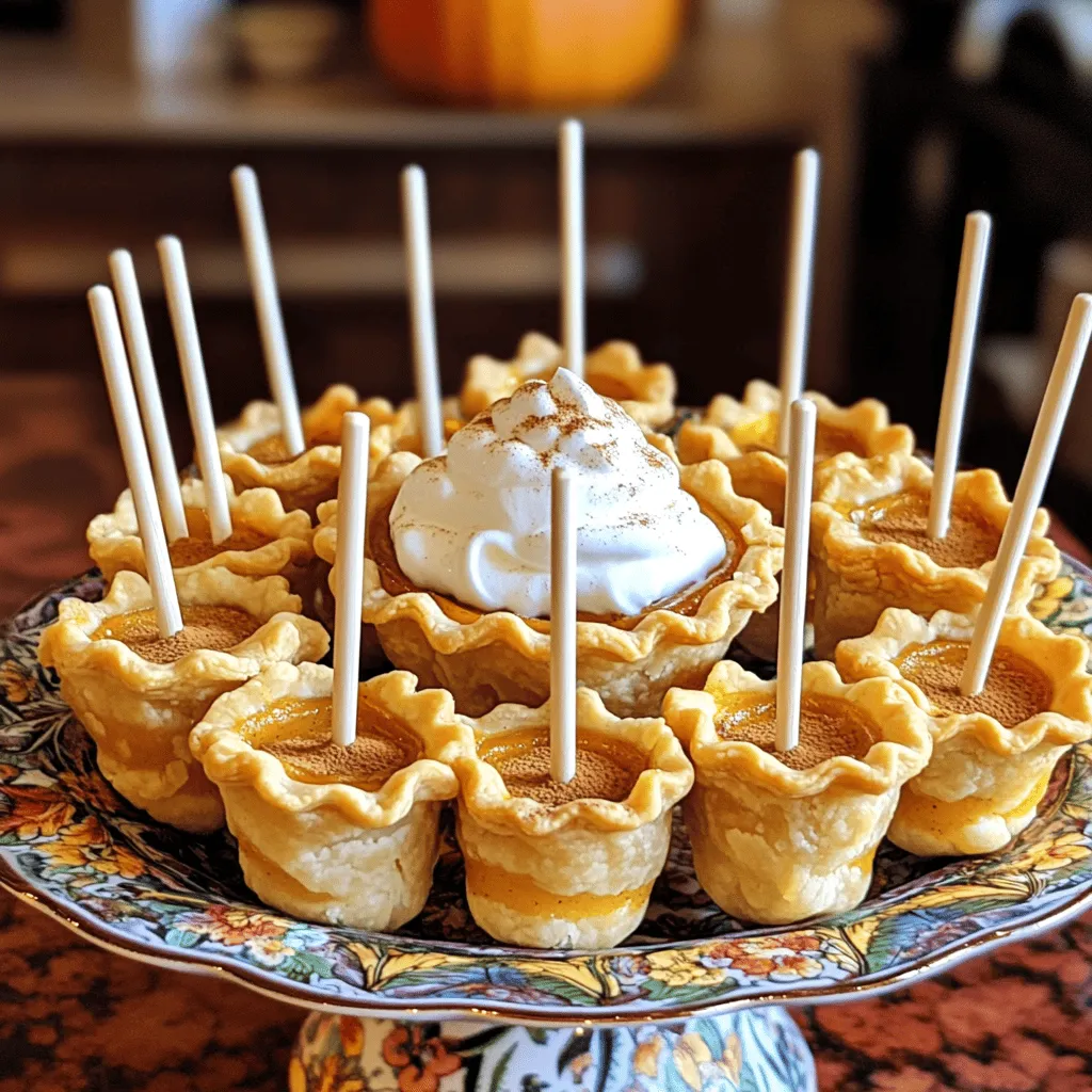To make Mini Pumpkin Pie Pops, you will need the following key ingredients: - 1 cup pure pumpkin puree - 1/2 cup packed brown sugar - 1/4 cup granulated sugar - 1 teaspoon pumpkin pie spice - 1/2 teaspoon pure vanilla extract - 1 package of ready-made pie crusts (contains 2 crusts) - 1 egg, beaten (for egg wash) - Lollipop sticks (optional) - Whipped cream for serving These ingredients create a sweet, rich filling that pairs perfectly with a flaky crust. The pumpkin puree gives the pops their classic flavor, while the sugars add just the right amount of sweetness. Pumpkin pie spice brings warmth and depth, making each bite feel like fall. You can customize your Mini Pumpkin Pie Pops with these optional ingredients: - Chopped nuts (like pecans or walnuts) for added crunch - Chocolate chips for a sweet twist - A pinch of sea salt to enhance flavors Feel free to experiment with flavors. These options can take your pops to the next level. If you have dietary restrictions, consider these substitutions: - Use gluten-free pie crusts if you need a gluten-free option. - Replace brown sugar with coconut sugar for a healthier choice. - Use a plant-based egg wash, like almond milk, if you want a vegan version. Always check ingredient labels for allergens. This care ensures everyone can enjoy these delightful treats! For the full recipe, check out the details mentioned earlier. Start by preheating your oven to 375°F (190°C). This step is key for a crispy crust. Next, line a baking sheet with parchment paper. This will help prevent any sticking while baking. In a medium bowl, combine the following ingredients: - 1 cup pure pumpkin puree - 1/2 cup packed brown sugar - 1/4 cup granulated sugar - 1 teaspoon pumpkin pie spice - 1/2 teaspoon pure vanilla extract Whisk all these together until the mixture is smooth. This filling should taste sweet and spicy, perfect for fall. Lightly flour your work surface. Roll out your ready-made pie crusts, which usually come in a package with two crusts. Use a round cookie cutter to cut out circles, about 3 inches wide. Aim for 12 circles total. Take one circle and place about 1 tablespoon of your pumpkin filling in the center. If you use lollipop sticks, insert one into the filling now. Place another crust circle on top. Press the edges together to seal them well. Crimp the edges with a fork for a nice look. Repeat this until all your pops are ready. Brush the tops of your pie pops with a beaten egg to give them a golden finish. Place them on the prepared baking sheet, leaving some space between each. Bake for 15-18 minutes. They are done when they look golden brown. After baking, let them cool for a few minutes on the baking sheet. Once cooled, transfer them to a serving plate. Enjoy your mini pumpkin pie pops! For the full recipe, check the section above. The crust is key for great mini pumpkin pie pops. Use ready-made pie crusts for ease. They save time and taste good. Roll out the crust gently. If it’s too thick, it won't bake well. Aim for a thin, even layer. This helps the pops stay crisp and flaky. After cutting, make sure the edges are sealed. You can crimp them with a fork for a pretty look. You can change the flavor of your pie pops easily. Try adding chocolate chips for a sweet twist. You can also add a pinch of nutmeg for warmth. If you like a bit of zest, mix in some orange zest. It adds freshness and brightens the flavor. For a spicier kick, add a dash of cayenne pepper. Get creative and find your favorite mix! How you serve these pops can make a big difference. Place them on a colorful platter. It adds a festive touch to your table. Top each pop with whipped cream. A sprinkle of pumpkin pie spice on top makes it look nice too. For a fun twist, use lollipop sticks. They make great handheld treats. Pair them with warm drinks, like cider or coffee, for a cozy fall vibe. For the full recipe, check out the details above. {{image_4}} You can change the filling to keep things fun. Try using sweet potato puree instead of pumpkin. It gives a nice twist. For a chocolate version, mix in cocoa powder. You could also add some chopped nuts or chocolate chips for crunch. Fruit fillings are great too. Apple or pear can bring a fresh taste. Mix in cinnamon or nutmeg for a warm flavor. The options are endless, so get creative! If you need a gluten-free option, use almond flour or gluten-free pie crusts. These work well and taste great. You can also try puff pastry for a flakier texture. For a lower-carb choice, consider using a crust made of crushed nuts. If you're vegan, replace the egg wash with almond milk. This will give your crust a nice shine without eggs. For Halloween, add a little food coloring to your filling. This makes it spooky and fun! For Thanksgiving, decorate the pops with fall leaves using icing. Christmas is great for peppermint flavors. Add crushed candy canes to the filling for a minty kick. You can even make mini apple pie pops for a summer picnic. Themed variations make your treats festive and exciting! For the full recipe, check out the [Full Recipe]. To keep your mini pumpkin pie pops fresh, place them in an airtight container. You can store them at room temperature for up to two days. If you want to keep them longer, refrigeration is best. They will stay fresh in the fridge for about a week. Just make sure to cover them well to avoid drying out. Freezing is a great option for long-term storage. First, let the pops cool completely. Then, wrap each one tightly in plastic wrap. After wrapping, place them in a freezer-safe bag or container. They can last in the freezer for up to three months. When ready to enjoy, simply thaw them in the fridge overnight. To reheat your mini pumpkin pie pops, preheat your oven to 350°F (175°C). Place the pops on a baking sheet and heat for about 10-15 minutes. This will make them warm and crispy again. Avoid using the microwave. Microwaving can make the crust soggy, and we want that nice crunch. Enjoy your pops with a dollop of whipped cream! For the full recipe, check out the link above. Yes, you can make Mini Pumpkin Pie Pops ahead of time. Prepare the pops and freeze them before baking. Wrap each one in plastic wrap or place them in a freezer bag. When you're ready to bake, just remove them from the freezer. Bake directly from frozen, adding a few extra minutes to the baking time. This way, you can enjoy fresh pops whenever you want. You will know the Mini Pumpkin Pie Pops are done when they turn golden brown. Keep an eye on them around the 15-minute mark. The crust should look flaky and cooked through. If you press gently on the top, it should feel firm. A good sign is the warm, sweet aroma filling your kitchen. Mini Pumpkin Pie Pops pair well with whipped cream. You can also serve them with a scoop of vanilla ice cream. A drizzle of caramel sauce adds a nice touch too. For a festive feel, sprinkle a bit of extra pumpkin pie spice on top. These toppings enhance the flavors and make the pops even more special. Yes, you can use fresh pumpkin instead of canned puree. Start by cooking the pumpkin until it is soft. You can roast it or boil it. Then, scoop out the flesh and mash it until smooth. Make sure to strain any excess water. This fresh pumpkin will add a unique flavor to your pops, making them even more delicious. Making Mini Pumpkin Pie Pops is fun and easy. I love to start with the right ingredients. Here’s what you need: - 1 cup pure pumpkin puree - 1/2 cup packed brown sugar - 1/4 cup granulated sugar - 1 teaspoon pumpkin pie spice - 1/2 teaspoon pure vanilla extract - 1 package of ready-made pie crusts (contains 2 crusts) - 1 egg, beaten (for egg wash) - Lollipop sticks (optional) - Whipped cream for serving This recipe brings fall flavors to life. You’ll mix the pumpkin puree with sugars and spices. The brown sugar adds depth, while the vanilla gives a lovely aroma. I recommend using ready-made pie crusts to save time. They make the process smoother, and you can focus on the filling. If you want, you can make your own crust from scratch. Just keep it simple. When assembling the pops, use a round cookie cutter. Cut out circles about 3 inches wide. You will need around 12 circles. This helps create the perfect shape for your mini pies. For the filling, place a spoonful in the center of each circle. Use about 1 tablespoon to avoid overfilling. Then, insert a lollipop stick if you want. This makes them easier to eat and adds a fun touch. Once you press the top crust on, crimp the edges with a fork. This step seals in the filling and looks great too. After that, brush the tops with the beaten egg. This gives them a nice golden finish. Bake them at 375°F (190°C) for 15-18 minutes. They should be golden brown and flaky. Let them cool before serving. For a special touch, serve them on a pretty plate with whipped cream on top. You can sprinkle a bit of extra pumpkin pie spice for flair. Enjoy your mini pumpkin pie pops! You learned how to make Mini Pumpkin Pie Pops with simple steps. We covered key ingredients, customizations, and allergen alternatives. I shared tips for the perfect crust and fun filling variations. You now have storage methods to keep them fresh. The joy of baking these treats adds to any gathering. Remember, the options are endless. Enjoy creating your delicious Mini Pumpkin Pie Pops!