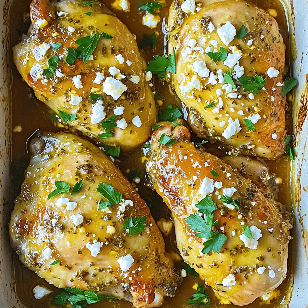 To make Hot Honey Feta Chicken, you need these simple ingredients: - 4 boneless, skinless chicken breasts - 1 cup crumbled feta cheese - 1/3 cup hot honey - 2 tablespoons extra virgin olive oil - 1 tablespoon freshly squeezed lemon juice - 3 cloves garlic, minced - 1 teaspoon dried oregano - Salt and freshly ground black pepper - Fresh parsley for garnish Each ingredient plays a role in making this dish pop. The chicken gives a nice base, while feta adds creaminess. Hot honey brings the heat and sweetness. Olive oil adds richness, and lemon juice brightens the flavors. Garlic and oregano offer depth and aroma. Salt and pepper are key for taste. Finally, parsley adds color and freshness. You can find the full recipe above to get started! Start by preheating your oven to 400°F (200°C). This heat is key for cooking the chicken well. Preheating helps the chicken cook evenly. If you skip this step, the chicken may not cook right. In a medium bowl, mix hot honey, olive oil, lemon juice, minced garlic, and dried oregano. Add a pinch of salt and pepper. This mixture packs a big punch of flavor. For the best taste, whisk it well. Let it sit for a minute to blend the flavors. Place the chicken breasts in a shallow baking dish. Make sure they sit in a single layer. Pour the marinade over the chicken. Use your hands or a spoon to coat each piece fully. For the best taste, let the chicken marinate for at least 30 minutes. If you have more time, marinate it longer for deeper flavor. After marinating, sprinkle crumbled feta cheese on top of each chicken breast. This cheese melts nicely while baking. Then, put the dish in the preheated oven. Bake for 25-30 minutes. Check that the chicken reaches 165°F (75°C) to ensure it is fully cooked. Once done, take the dish out of the oven. Let the chicken rest for about 5 minutes. This step is vital. Resting allows the juices to stay in the meat. To check for doneness, use a meat thermometer or cut into the chicken. The meat should be white and juices should run clear. For the full recipe, check out the section above. Enjoy your Hot Honey Feta Chicken! To boost flavors, try adding spices like paprika or cayenne pepper. These spices add depth and heat to the chicken. You can also use smoked paprika for a unique taste. For honey, you can switch between different types. Try clover honey for a milder flavor or wildflower honey for a more complex taste. Each type of honey brings its unique twist to the dish. Grilling is another great way to cook this chicken. It adds a smoky flavor that pairs well with the honey. Cook on medium heat for about 6-7 minutes per side. This method gives you a nice char. If you want a faster option, you can use a stovetop skillet. Heat oil in the pan, cook the chicken for 5-6 minutes on each side, and then add feta before covering to melt it. Serve the chicken with roasted vegetables like carrots or broccoli. The sweetness of the honey pairs well with the savory taste of the veggies. A fresh salad with greens and lemon vinaigrette also complements the dish well. For presentation, place the chicken on a large platter. Drizzle extra hot honey on top for a beautiful finish. Garnish with fresh parsley for a pop of color. This dish not only tastes great but looks fantastic too! For the Full Recipe, check out the detailed steps above. {{image_4}} You can add seasonal vegetables to your hot honey feta chicken. Think about bell peppers, zucchini, or asparagus. These add flavor and color to your meal. You can roast them with the chicken or sauté them in a pan. If you roast them, place the vegetables around the chicken in the baking dish. Toss them in olive oil, salt, and pepper for extra taste. To make a low-carb version of hot honey feta chicken, you can swap some ingredients. Use a sugar-free hot honey. This change lowers the carbs while keeping the flavor. You can also replace regular feta with goat cheese or a dairy-free option. Both choices work well without adding extra carbs. You can change the heat level of your dish with hot honey. For a milder taste, use a honey with less heat. If you want more spice, look for hot honey with added chili or cayenne. You can also adjust spices. Adding crushed red pepper or chili flakes boosts the heat. Removing these spices makes the dish gentler for sensitive palates. To keep your Hot Honey Feta Chicken fresh, use airtight containers. Glass or plastic works well. Make sure to cool the chicken completely before storing. This helps prevent condensation and sogginess. You can keep leftovers in the fridge for up to 3 days. If you want to keep it longer, freezing is a good option. When reheating, use the oven to keep the chicken juicy. Preheat the oven to 350°F (175°C). Place the chicken in a baking dish and cover it with foil. This keeps the moisture in. Heat for about 15-20 minutes or until warmed through. You can also use a microwave for quick reheating. Just add a splash of water and cover the dish. This helps maintain flavor and texture. To freeze your Hot Honey Feta Chicken, wrap each piece tightly in plastic wrap. Then place them in a freezer bag or container. Label with the date for easy tracking. It will stay good for 2-3 months in the freezer. When ready to eat, thaw in the fridge overnight. After thawing, reheat in the oven as mentioned above to restore its deliciousness. Hot honey blends sweet and spicy. It uses infused peppers to add heat. This gives a unique flavor that regular honey lacks. The spice level can vary by brand. If you love a kick, choose a hotter version. Yes, you can switch cheeses! Goat cheese adds a tangy twist. Mozzarella provides a mild, creamy taste. Parmesan gives a salty flavor. Experiment with what you enjoy most. Marinate for at least 30 minutes. This allows the chicken to soak up the flavors. If you have more time, marinate for up to 4 hours. Longer marination enhances the taste even more. Absolutely! Make it ahead and store it in the fridge. This dish keeps well for up to 3 days. Just reheat it gently to enjoy later. It’s great for busy weeknights. You can use a dairy-free feta or cashew cheese. These options provide a similar creamy texture. Look for brands that fit your dietary needs. It’s easy to adapt this dish for everyone. Many sides complement this dish. Try roasted vegetables, a fresh salad, or rice. Quinoa is also a great choice. These sides balance the spicy and sweet flavors of the chicken. This blog post covered how to make Hot Honey Feta Chicken. We explored the ingredients needed, from juicy chicken breasts to tangy feta cheese. I shared step-by-step instructions for perfect baking and tips for flavor boosts and cooking methods. You learned about variations for different diets and how to store leftovers. In short, this dish is simple yet full of taste. You can impress friends and family with minimal effort. Enjoy exploring your creativity with this recipe!