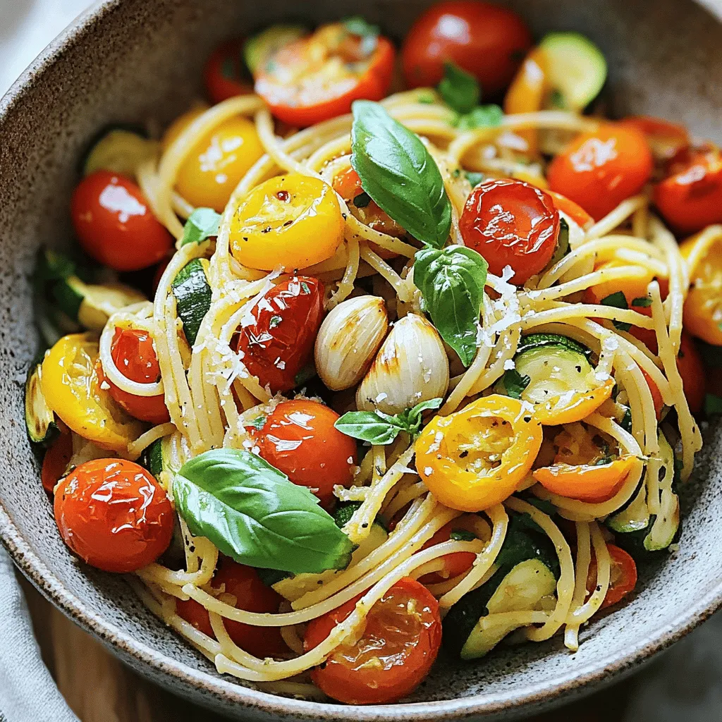 Here are the simple ingredients you need for Tasty Roasted Vegetable Pasta: - 300g whole wheat pasta - 2 cups cherry tomatoes, halved - 1 medium zucchini, diced - 1 red bell pepper, diced - 1 yellow bell pepper, diced - 1 medium red onion, cut into wedges - 4 cloves garlic, unpeeled - 3 tablespoons extra virgin olive oil - 1 teaspoon dried oregano - 1/2 teaspoon red pepper flakes - Sea salt and black pepper - Fresh basil leaves for garnish - Grated Parmesan cheese for serving (optional) Using whole wheat pasta adds fiber and nutrients. The cherry tomatoes burst with sweet flavor. Zucchini and bell peppers bring color and crunch. Roasting garlic makes it rich and creamy. This dish is not only tasty but also healthy. You can find the [Full Recipe] to guide you through the steps. - Preheat the oven to 425°F (220°C). - In a large bowl, mix cherry tomatoes, zucchini, bell peppers, red onion, and garlic. - Drizzle 3 tablespoons of extra virgin olive oil over the veggies. - Add 1 teaspoon of dried oregano, 1/2 teaspoon of red pepper flakes, sea salt, and black pepper. - Toss the mixture until all vegetables are well coated. - Spread the seasoned vegetables evenly on a baking sheet. - Make sure they lie flat for even roasting. - Roast for 20-25 minutes. Stir halfway to ensure they cook well. - Boil a large pot of salted water. - Add 300g of whole wheat pasta and cook until al dente, about 8-10 minutes. - Drain the pasta and set it aside. - After roasting, take the veggies from the oven. - Let them cool slightly before handling. - Squeeze the roasted garlic from its skin into a bowl. - Mash the garlic with a fork to make a creamy paste. - In a large bowl, mix the cooked pasta, roasted vegetables, and mashed garlic. - Toss until everything is well combined. - Taste and season with more salt and pepper if needed. You can find the full recipe in the previous sections. To roast vegetables perfectly, spread them out on the baking sheet. This step helps them cook evenly. Avoid crowding the pan, as this leads to steaming, not roasting. Stir the veggies halfway through to ensure they brown nicely. For seasoning, you can mix things up! Try adding lemon zest or balsamic vinegar for a bright twist. Feel free to adjust the red pepper flakes to your spice level. To get the best al dente pasta, start with plenty of salted water. Bring it to a rolling boil before adding the pasta. Cook according to the package directions, usually about 8-10 minutes. Taste the pasta a minute or two early. It should be firm yet tender. If you want to try something fun, you can toss in a bay leaf or olive oil while boiling for extra flavor. When serving, consider using shallow bowls. This style makes the dish look fancy and lets the colors pop. Arrange the roasted veggies on top for a beautiful display. Drizzle extra olive oil for shine and flavor. Fresh basil adds a nice finishing touch. For drinks, pair this dish with a light white wine or sparkling water. Enjoy your meal with a side of crusty bread to soak up any extra sauce! {{image_4}} You can switch up the vegetables based on the season. Use fresh asparagus in spring, or try eggplant in summer. Seasonal veggies taste better and add different flavors. Look for what’s fresh at your local market. You can create a new dish each time you make it. Try to mix colors and shapes to make your dish more fun. Want to make your pasta heartier? Add protein! Chicken or shrimp works well. Just cook them before mixing in. If you prefer plant-based options, use beans or lentils. They are great sources of protein and add a nice texture. Just drain and rinse them before tossing them in with your pasta. For those who need gluten-free options, try using rice or quinoa pasta. They are easy to find in most stores. If you're vegan, skip the cheese and use olive oil instead. You can also use nutritional yeast for a cheesy taste without dairy. These changes make the dish fit for everyone while keeping it tasty. For the complete experience, check out the Full Recipe! To store your roasted vegetable pasta, place it in an airtight container. This keeps it fresh and tasty. You can store it in the fridge for up to four days. If you want to keep it longer, freeze it. In the freezer, it will last for about three months. Just remember to label the container with the date. This helps you keep track of its freshness. When you're ready to enjoy leftovers, reheat using the stovetop or microwave. For the stovetop, add a splash of water or olive oil in a pan. Heat it over low heat until warm. Stir often to avoid burning. If you choose the microwave, cover the dish loosely with a lid or paper towel. Heat in short bursts, stirring in between. The quality of the dish may change a bit when reheated. Roasted vegetables can lose some crispness, but the flavors will still shine. Enjoy your tasty roasted vegetable pasta just like when it was fresh! To make Roasted Vegetable Pasta vegan, skip the cheese. You can use nutritional yeast to add a cheesy flavor. Another idea is to replace Parmesan with a vegan cheese option. For sauce, try adding a splash of lemon juice. This will brighten the dish and keep it fresh. Yes, you can use frozen vegetables. They are convenient and save time. Just make sure to thaw and drain them before roasting. This helps avoid excess water. Add them to the baking sheet and roast as you would fresh veggies. Keep an eye on cooking time, as frozen vegetables may cook faster. Leftover pasta can be used in many ways. You can make a pasta salad by mixing it with olive oil and your favorite veggies. Another option is to reheat it with some broth to create a soup. You can also use it in a frittata or bake it with cheese for a pasta bake. Yes, you can prep this dish in advance. Roast the vegetables and cook the pasta ahead of time. Store them separately in the fridge. When you are ready to eat, mix them together and heat. This makes for a quick and easy meal when you need it. Roasted Vegetable Pasta is simple and tasty. We covered the key ingredients, from whole wheat pasta to fresh veggies. I showed you how to roast, cook, and combine all these elements. Plus, I shared tips on perfecting your dish and how to store leftovers. In the end, this recipe is great for any meal. Feel free to switch up vegetables or add proteins. Enjoy making this dish your own!