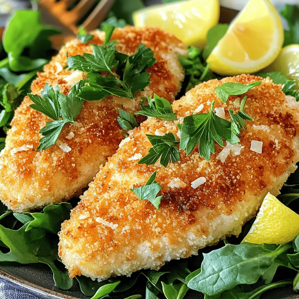 - 2 boneless, skinless chicken breasts - 1 cup panko breadcrumbs - 1/2 cup finely grated Parmesan cheese - 1 teaspoon garlic powder - 1 teaspoon dried oregano - 1 teaspoon smoked paprika - 1/2 teaspoon sea salt - 1/4 teaspoon freshly cracked black pepper - 2 large eggs - 2 tablespoons extra virgin olive oil - Fresh parsley for garnish When you gather your ingredients, you set yourself up for success. The chicken breasts provide a juicy base. The panko breadcrumbs give that much-needed crunch. Parmesan cheese adds a rich flavor that makes this dish shine. The seasonings are where the magic happens. Garlic powder brings warmth, while oregano adds an earthy touch. Smoked paprika introduces a subtle smokiness. Sea salt and black pepper enhance all the flavors. To bind everything, you’ll need eggs and olive oil. Eggs help the coatings stick, and olive oil keeps the chicken moist while cooking. Lastly, a sprinkle of fresh parsley brightens your plate. This collection of ingredients makes Crispy Parmesan Chicken a simple yet flavorful meal. For the full recipe, you can check the details above. - Preheat the oven to 400°F (200°C). - Prepare the baking sheet with parchment paper. First, you want your oven nice and hot. This helps the chicken crisp up perfectly. Parchment paper on the baking sheet stops the chicken from sticking. It's a simple step that makes cleanup easy. - Mix panko, Parmesan, and seasonings in a shallow dish. - Whisk eggs in a separate shallow bowl. Next, grab a shallow dish and mix together the panko breadcrumbs, finely grated Parmesan, garlic powder, oregano, smoked paprika, sea salt, and black pepper. This mix packs a lot of flavor. In another bowl, crack the eggs and whisk them until smooth. The eggs will help the coating stick to the chicken. - Immerse chicken in egg mixture. - Transfer to breadcrumb mixture and coat well. - Repeat for the second chicken breast. Now, take one chicken breast and dip it into the egg mix. Make sure it is fully covered, then let the extra egg drip off. Next, move it to your breadcrumb mix. Press down to ensure it coats well. Do the same for the second chicken breast. This step is key for that crispy texture. - Sear chicken in a skillet over medium heat. - Transfer to baking sheet and finish baking. Heat olive oil in a skillet over medium heat until it shimmers. Carefully add the breaded chicken to the pan. Cook for about 3-4 minutes on each side, until golden brown. This gives you a nice crust. Once browned, move the chicken to the prepared baking sheet. Bake for another 15-20 minutes, until the chicken reaches 165°F (75°C). This ensures your chicken is juicy and safe to eat. Follow these steps for a delicious Crispy Parmesan Chicken meal. For the full recipe, check out the rest of the article. To make your Crispy Parmesan Chicken extra crunchy, use panko breadcrumbs. They give a nice texture that regular breadcrumbs can't match. Before you add the chicken, ensure the oil is hot. This helps the chicken cook evenly and develop a golden crust. Want to boost the flavor? Incorporate herbs like thyme or basil into the breadcrumb mix. These herbs add a fresh taste. Don't stop there! Experiment with different cheese varieties. Try sharp cheddar or a sprinkle of mozzarella for a fun twist. For a complete meal, serve your chicken with a fresh side salad or roasted vegetables. The greens and veggies add color and balance. For a touch of brightness, add lemon wedges on the side. The citrusy flavor pairs well with the rich chicken. {{image_4}} To make this dish gluten-free, swap the panko breadcrumbs with gluten-free breadcrumbs. This simple change keeps the crunch while avoiding gluten. You can find these breadcrumbs at most grocery stores. They work just as well, and you won't lose any flavor! If you want a lighter meal, try baking the chicken without frying. After coating the chicken, place it directly on the baking sheet. Bake at 400°F (200°C) for about 20-25 minutes. This method still gives you a crispy outside while cutting down on oil. To add some heat, mix red pepper flakes into the breadcrumb mixture. Start with a pinch and adjust to your spice level. This twist brings new life to the dish and makes it exciting for those who love a kick! Store your leftovers in an airtight container. They will stay fresh for up to 3 days. This is a great way to enjoy Crispy Parmesan Chicken later. Just remember to keep them well sealed. This helps maintain their flavor and crispiness. You can freeze cooked chicken for up to 2 months. Make sure it cools down first before you pack it away. When you are ready to eat, reheat it before serving. This keeps the taste fresh and delicious. To reheat, use the oven for the best texture. Preheat your oven to 350°F (175°C). Place the chicken on a baking sheet to help it crisp up again. This way, you can enjoy that crunchy coating just like when it was fresh! For the full recipe, check out the Crispy Parmesan Chicken Delight! Crispy Parmesan Chicken takes 15 minutes to prep and 25 minutes to cook. In just 40 minutes, you can enjoy this tasty meal. Yes, you can use chicken thighs. Just note that cooking times may change. Thighs might need a bit longer to cook fully. You can serve this chicken with many sides. Ideal pairings include fresh salads, pasta, or grains like quinoa. Each choice adds a nice touch to your meal. To check if your chicken is done, use a meat thermometer. Ensure it reaches an internal temperature of 165°F (75°C). This ensures it is safe and delicious to eat. You can make a delicious Crispy Parmesan Chicken with simple ingredients and easy steps. Start with chicken breasts, panko, and fresh seasonings. I provided tips to enhance flavor and crispness. You can even adapt the recipe to fit dietary needs or preferences. Remember to store any leftovers properly and reheat for the best taste. Enjoy your meal with fresh sides to complete the experience. Cooking can be fun, and this dish is a great way to shine in the kitchen!