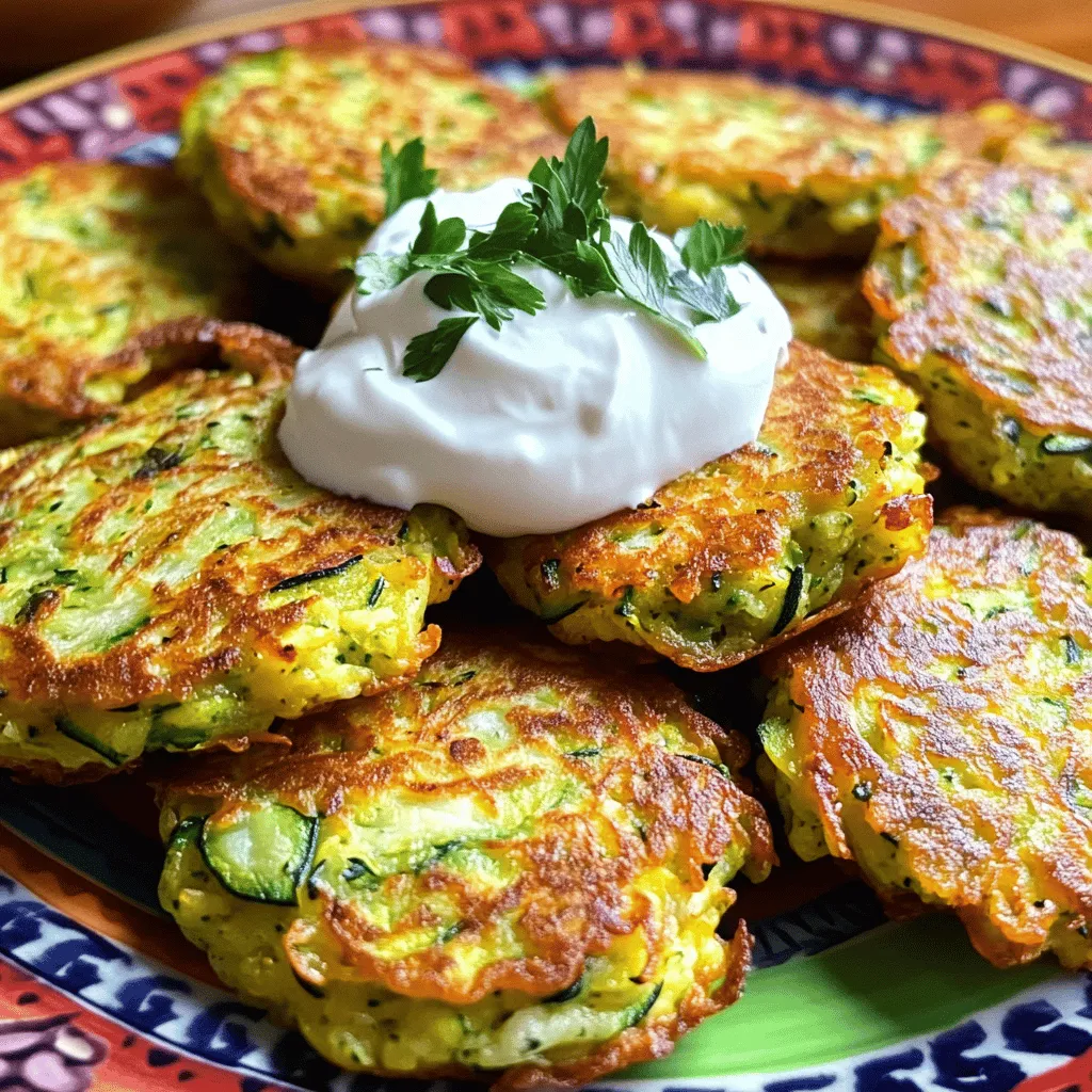 To make delicious zucchini fritters, you need fresh ingredients. Start with two medium zucchinis. Grate them well to release their flavor. You also need half a cup of finely grated Parmesan cheese. This cheese adds a rich, savory taste to the fritters. Next, let's add some seasonings. You need one teaspoon of salt. The salt draws moisture from the zucchini, which is key for crispiness. You will also need half a teaspoon of freshly ground black pepper and half a teaspoon of smoked paprika. These spices bring warmth and depth to your dish. Finally, gather the remaining ingredients. You will need one cup of all-purpose flour to bind everything. Two large eggs help hold the fritters together, while a quarter cup of finely chopped green onions adds freshness. Don't forget one clove of minced garlic for an extra kick. Use olive oil for frying, and serve your fritters with sour cream or Greek yogurt for a creamy finish. For the full recipe, check out the Zesty Zucchini Fritters. Start by grating two medium zucchinis. Place the grated zucchini in a colander. Sprinkle 1 teaspoon of salt over it. This step helps draw out moisture. Let it sit for 10-15 minutes. After that, use a clean kitchen towel to wring out the zucchini. Remove as much liquid as you can. This is key for crispy fritters! In a large bowl, combine the drained zucchini with 1 cup of all-purpose flour. Add 1/2 cup of finely grated Parmesan cheese. Next, pour in two beaten eggs and add 1/4 cup of finely chopped green onions. Don’t forget 1 clove of minced garlic, 1/2 teaspoon of black pepper, and 1/2 teaspoon of smoked paprika. Mix everything well until you have a thick batter. Heat a good amount of olive oil in a non-stick skillet over medium heat. Once the oil shimmers, drop spoonfuls of batter into the skillet. Lightly flatten each spoonful with the back of a spoon. Make sure not to overcrowd the skillet; you may need to cook in batches. Cook the fritters for about 3-4 minutes on each side. Look for a golden brown color. Once done, place them on paper towels to drain excess oil. Serve warm with sour cream or Greek yogurt. Enjoy your crispy zucchini fritters! For the full recipe, check out the earlier sections. To get crispy zucchini fritters, start by removing excess water from the grated zucchini. After grating, sprinkle the zucchini with salt. Let it sit for 10-15 minutes. This step helps draw out moisture. Then, wring out the zucchini using a clean kitchen towel. The less water, the crispier your fritters will be. These fritters pair well with many dips. Try serving them with sour cream or Greek yogurt. You can also add a squeeze of lemon for a fresh kick. Arrange the fritters on a bright plate. A sprinkle of fresh herbs like parsley adds color and flavor. You can even serve them as a side dish or a light main course. One mistake is not draining the zucchini enough. If it’s too watery, the fritters will be soggy. Another common error is overcrowding the skillet. This can steam the fritters instead of frying them. Fry them in batches for the best results. Always adjust the heat as needed to prevent burning. {{image_4}} You can make zucchini fritters even better by adding herbs and spices. Fresh herbs like dill or parsley can brighten up the flavor. Try adding 1 tablespoon of chopped fresh herbs to the batter. For a spicy kick, add a pinch of cayenne pepper or red pepper flakes. Smoked paprika gives a nice depth, but don’t stop there! Experiment with thyme or oregano for an Italian twist. If you need gluten-free fritters, it’s easy to adapt the recipe. Swap the all-purpose flour for almond flour or a gluten-free blend. Make sure the baking powder you use is gluten-free as well. This keeps the fritters light and fluffy while still being crispy. You can also use chickpea flour for a nutty flavor and added protein. To make zucchini fritters vegan, replace the eggs with flax eggs. Mix 1 tablespoon of ground flaxseed with 2.5 tablespoons of water. Let it sit for 5 minutes to thicken. You can also use a plant-based cheese instead of Parmesan. Nutritional yeast gives a cheesy flavor without dairy. Lastly, ensure you use a vegan-friendly oil for frying. For the full recipe, check the link above and start your culinary journey! To keep leftover fritters fresh, place them in an airtight container. Make sure they cool completely first. This helps prevent moisture from making them soggy. Store them in the fridge for up to three days. If you want to eat them later, freezing is a great option. For the best taste, reheat fritters in a skillet. Heat a small amount of olive oil over medium heat. Place the fritters in the skillet and cook for about 2-3 minutes on each side. This method keeps them crispy. You can also use the oven. Preheat it to 350°F (175°C). Place the fritters on a baking sheet and heat for about 10-12 minutes. To freeze fritters, first, let them cool completely. Place them in a single layer on a baking sheet. Freeze for about an hour to firm them up. Then, transfer the fritters to a freezer bag. Remove as much air as possible. They can stay in the freezer for up to three months. When you’re ready to eat, follow the reheating instructions for a quick and tasty meal. Enjoy your crispy zucchini fritters any time you want! For the full recipe, refer to the section above. To make zucchini fritters crispy, you need to remove excess moisture. Start by grating the zucchini and sprinkling it with salt. Let it rest for 10-15 minutes. The salt draws out the water. Then, use a clean towel to squeeze out the liquid. This step is key for achieving that perfect crunch. Yes, you can make zucchini fritters ahead of time. Prepare the batter and refrigerate it. You can also cook the fritters in advance. Just store them in the fridge. When you’re ready to eat, reheat them in a skillet or oven for a tasty snack. Zucchini fritters pair well with many sides. You can serve them with sour cream or Greek yogurt for dipping. A fresh salad adds a nice touch. You might also enjoy them with a tangy sauce, like tzatziki. These options enhance the flavors and make your meal more exciting. For the complete recipe, check out the [Full Recipe]. You learned how to make delicious zucchini fritters. We covered key ingredients, like cheese and spices, and how to prepare them right. I shared tips for great texture and serving ideas. You can try fun variations, including gluten-free or vegan options. Storing and reheating your fritters is easy. These fritters are tasty and simple. Enjoy them at any meal. You now have the skills to impress friends and family. Happy cooking!