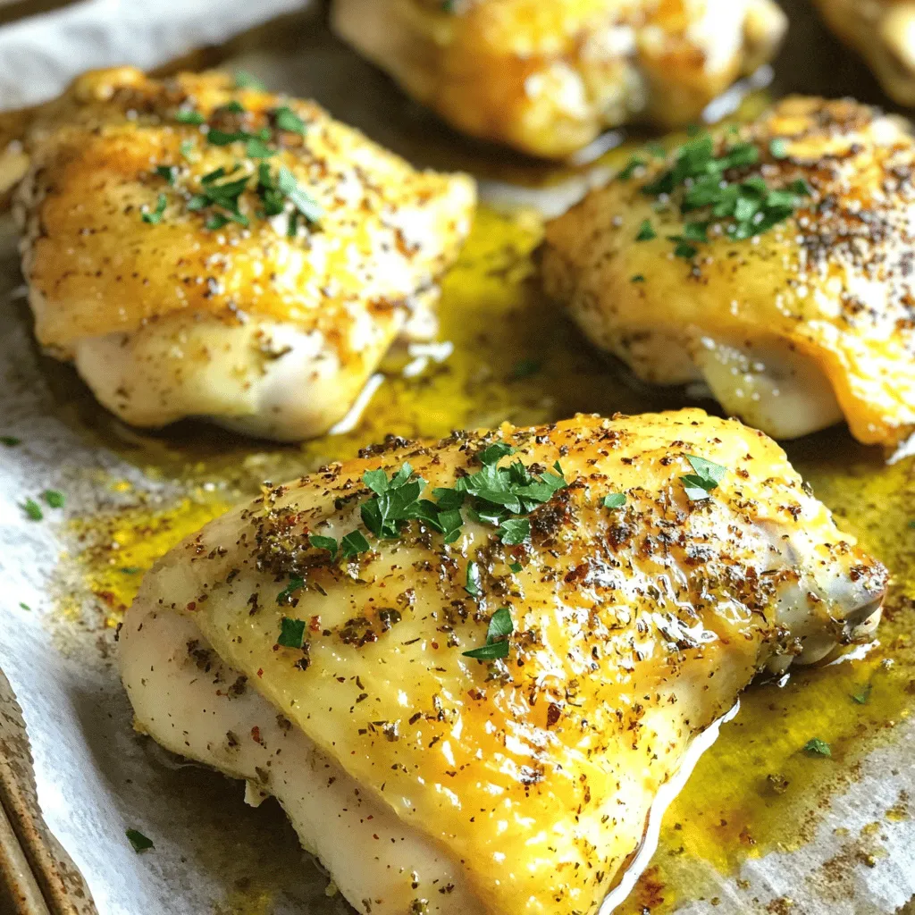 For a perfect baked chicken breast, you need: - 4 boneless, skinless chicken breasts - 2 tablespoons extra-virgin olive oil - 1 teaspoon garlic powder - 1 teaspoon onion powder - 1 teaspoon smoked paprika - 1 teaspoon dried oregano - 1 teaspoon dried thyme - 1 teaspoon coarse sea salt - 1/2 teaspoon freshly cracked black pepper - Juice of 1 fresh lemon - Fresh parsley, finely chopped (for garnish) These ingredients come together to create a juicy and flavorful chicken dish. To make this recipe, have the following tools ready: - Baking sheet - Parchment paper - Mixing bowls - Meat thermometer - Paper towels These tools help ensure your chicken cooks evenly and stays moist. You can also add these ingredients for extra flavor: - 1 teaspoon cayenne pepper for heat - 1 tablespoon honey for sweetness - Fresh herbs like basil or cilantro These optional ingredients let you customize the flavor to your liking. For the full recipe, check out the complete guide. Start with four boneless, skinless chicken breasts. Use paper towels to pat them dry. This helps the spice mix stick better. Place the chicken in a large bowl. Drizzle two tablespoons of extra-virgin olive oil on top. Squeeze the juice of one fresh lemon over the chicken. This adds flavor and keeps the chicken moist. In a small bowl, mix together the spices. Use one teaspoon each of garlic powder, onion powder, smoked paprika, dried oregano, and dried thyme. Add one teaspoon of coarse sea salt and half a teaspoon of black pepper. Stir until everything is well blended. This blend gives your chicken a tasty kick. Preheat your oven to 400°F (200°C). This step is very important for even cooking. Arrange the seasoned chicken breasts on a baking sheet lined with parchment paper. Make sure there is space between each piece. Bake for 25 to 30 minutes. Check that the internal temperature reaches 165°F (75°C). Remove the chicken from the oven and let it rest for 5 minutes. This helps the juices settle. Slice and serve with fresh parsley on top. For more details, you can check the full recipe. To keep your chicken moist, start with fresh, high-quality meat. Always pat the chicken dry with paper towels. This helps the seasoning stick better. Use olive oil and lemon juice. Both add flavor and moisture. After cooking, let the chicken rest for five minutes. This helps the juices settle. Set your oven to 400°F (200°C) for best results. Bake the chicken for 25-30 minutes. Check the internal temperature with a meat thermometer. It should read 165°F (75°C) at the thickest part. If it's not done, keep baking in five-minute increments. Avoid overcooking, as this can dry out the meat. You can change the spices to suit your taste. For a spicy kick, add cayenne pepper or chili powder. If you prefer a milder flavor, use less garlic. Try fresh herbs like basil or cilantro for a fresh twist. Remember, seasoning is key to a great meal. Experiment to find your favorite mix. For the full recipe, check out the Juicy Herb-Infused Oven Baked Chicken Breast. {{image_4}} You can switch up the herbs and spices to change the flavor. For a fresh taste, try basil or cilantro. For a spicy kick, use cayenne pepper or chili powder. You can also try adding rosemary or sage for a warm, earthy flavor. Feel free to mix and match these herbs to find your favorite combo. Marinades add depth to your chicken. A simple mix of yogurt, lemon juice, and garlic can make the chicken creamy and tangy. If you like a sweet touch, mix honey, soy sauce, and sesame oil. For a zesty twist, use lime juice, cumin, and chili powder. Let the chicken marinate for at least 30 minutes for the best flavor. You can cook chicken breasts in many ways. Grilling gives you a nice char and smoky flavor. Simply preheat your grill and cook each side for 6-8 minutes. An air fryer cooks the chicken quickly and keeps it juicy. Set the air fryer to 375°F and cook for about 15-18 minutes. Both methods work well and make for a tasty meal. For more details, check the Full Recipe. To keep your leftover chicken fresh, let it cool first. Place it in an airtight container. This helps prevent dryness. Store it in the fridge for up to three days. If you think you won't eat it soon, freezing is a good option. When reheating your chicken, use low heat. Preheat your oven to 350°F (175°C). Place the chicken in an oven-safe dish. Add a splash of broth or water to keep it moist. Cover the dish with foil to trap the steam. Heat for about 15-20 minutes or until warm. If you want to freeze your chicken, do it right after cooking. Let it cool, then wrap each piece in plastic wrap. Place the wrapped chicken into a freezer bag. Squeeze out the air to avoid freezer burn. Use it within three months for the best taste. When ready, thaw it in the fridge overnight before reheating. For the full recipe, check out Juicy Herb-Infused Oven Baked Chicken Breast. You can check if your chicken is done by using a meat thermometer. Insert it into the thickest part of the breast. The chicken should reach an internal temperature of 165°F (75°C). If you don’t have a thermometer, cut into the chicken to see if the juices run clear and there is no pink inside. This helps ensure that your chicken is safe to eat. Yes, you can cook the chicken without olive oil. Instead, you can use other fats like melted butter or coconut oil. These options will still keep your chicken moist and add flavor. You could also try marinating the chicken in lemon juice or broth for added moisture. Baked chicken pairs well with many side dishes. Here are some ideas: - Roasted vegetables like carrots, broccoli, or bell peppers - A fresh garden salad with mixed greens - Mashed potatoes or sweet potatoes - Quinoa or rice for a healthy grain option - Garlic bread for a tasty addition These sides will complement the flavors of your juicy oven baked chicken breast and make your meal more satisfying. For the full recipe, check out the detailed instructions above. You’ve learned how to make juicy oven-baked chicken breast. We covered key ingredients, tools, and how to prepare your chicken. You now know useful tips to keep it moist and flavorful. Remember the different seasoning options and cooking methods to switch things up. Proper storage also helps you enjoy leftovers at their best. Use this knowledge to create tasty meals that everyone will love. Happy cooking!