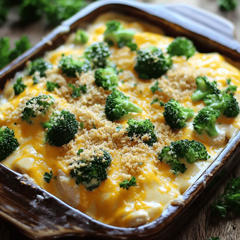 - 4 boneless, skinless chicken breasts - 1 can (10.5 oz) cream of chicken soup - 1 cup sour cream - 1 cup shredded cheddar cheese - 1 cup fresh or frozen broccoli florets - 1 teaspoon garlic powder - 1 teaspoon onion powder - 1 tablespoon olive oil - Salt and pepper to taste - 1 cup seasoned breadcrumbs - If you want to switch the cream of chicken soup, use mushroom or vegetable soup. - For a lighter dish, choose low-fat sour cream or Greek yogurt. - You can swap cheddar cheese for mozzarella or pepper jack for a kick. - A 9x13-inch baking dish is perfect for this recipe. - Use measuring cups and spoons for accuracy. - Mixing bowls help combine your ingredients well. This dish is simple yet tasty. You will love how easy it is to prepare. Check out the Full Recipe for more details. - Preheat your oven to 375°F (190°C). This ensures even cooking. - Grease a 9x13-inch baking dish with cooking spray or olive oil. This helps prevent sticking. - In a large bowl, mix one can of cream of chicken soup and one cup of sour cream. Stir until smooth. - Add one teaspoon of garlic powder and one teaspoon of onion powder. Season with salt and pepper to taste. Mix well to blend all flavors. - Place the four boneless, skinless chicken breasts in a single layer in the greased dish. Drizzle one tablespoon of olive oil over the chicken. - Season the chicken with salt and pepper on both sides for great flavor. - Pour the creamy soup mixture over the chicken. Make sure each piece is well-coated. - Spread one cup of broccoli florets evenly on top of the creamy layer. - Add one cup of shredded cheddar cheese on top of the broccoli. Then, sprinkle one cup of seasoned breadcrumbs for a crispy finish. - Cover the dish tightly with aluminum foil to keep moisture in. Bake for 30 minutes. - After 30 minutes, remove the foil. Bake for an additional 15-20 minutes. Check that the chicken reaches 165°F for safety. - Once done, let the dish rest for 5 minutes before serving. This helps keep the chicken juicy. For the full recipe, check the section above. To check for doneness, use a meat thermometer. Insert it into the thickest part of the chicken. The safe internal temperature is 165°F. If you don’t have a thermometer, cut the chicken open. The meat should be white and the juices clear. To avoid dryness, coat the chicken well with the creamy soup. This keeps the meat moist while it bakes. Also, cover the dish with aluminum foil for the first 30 minutes. This traps steam and helps the chicken cook evenly. You can enhance the flavor with herbs and spices. Try adding dried thyme or rosemary for a nice touch. Fresh herbs work well too, like parsley or basil. A dash of paprika can add warmth and depth. Incorporating vegetables boosts taste and nutrition. Sliced carrots or bell peppers mix well with broccoli. You can also add mushrooms for earthiness. This adds color and makes the dish even more appealing. For serving, you can dish it straight from the baking dish. This gives a homey feel. Pair it with steamed rice or fresh bread to soak up the sauce. Garnishing adds visual appeal. Sprinkle chopped parsley on top for a pop of color. You can also add a slice of lemon for brightness. This makes the dish look fresh and inviting. For the full recipe, check [Full Recipe]. {{image_4}} You can easily change the flavor of baked chicken. For a Mexican twist, add taco seasoning and diced green chilies to the cream of chicken soup. Top it with pepper jack cheese for a spicy kick. Serve it with warm tortillas or rice for a complete meal. For an Italian twist, swap the cream of chicken soup with marinara sauce. Layer fresh basil leaves and sliced tomatoes on top before baking. This adds a fresh taste that pairs well with mozzarella cheese. If you want a meat-free option, use plant-based meat. Substitute chicken with products like Beyond Meat or Impossible Chicken. These options taste great and keep the creamy texture. You can also use tofu or seitan. Press the tofu to remove excess water, then cut it into cubes. Marinate it in your favorite sauce before mixing it with the creamy soup. This method adds flavor and keeps the dish satisfying. For gluten-free options, look for certified gluten-free breadcrumbs. You can also make your own by blending gluten-free bread. This keeps the crispy topping while making it suitable for gluten-sensitive diets. If you need a dairy-free version, use coconut cream instead of sour cream. There are many dairy-free cheese options available, too. They melt well and still give you that cheesy flavor you love. To keep your baked chicken fresh, follow these tips: - Refrigeration: Place leftover chicken in an airtight container. This helps avoid drying out. Store it in the fridge for up to three days. - Freezing: For longer storage, freeze the chicken. Use a freezer-safe container or bag. Make sure to remove as much air as possible. This helps prevent freezer burn. To enjoy your chicken again, you can reheat it in a few ways: - Oven method: Preheat your oven to 350°F (175°C). Place the chicken in a baking dish, cover it with foil, and heat for about 20 minutes. This keeps the moisture in. - Microwave method: Place a piece of chicken on a microwave-safe plate. Cover it with a damp paper towel. Heat for 1-2 minutes, checking often to avoid drying it out. Wondering how long your chicken lasts? - Fridge: Baked chicken can stay good for three days. After that, it may not taste as fresh. - Freezer: If you freeze it, the chicken lasts for up to three months. For best flavor, enjoy it sooner rather than later. You can pair baked chicken with many tasty sides. Here are some great options: - Steamed rice - Mashed potatoes - Roasted vegetables - Green salad - Garlic bread Each of these sides adds flavor and texture. They also soak up the creamy sauce well, making every bite more enjoyable. Yes, you can prep this dish ahead of time. Here are some tips for meal prepping: - Prepare the dish up to the point of baking. - Cover it tightly with plastic wrap or foil and store it in the fridge. - You can also freeze it if you won’t bake it within two days. - For frozen dishes, allow it to thaw overnight in the fridge before baking. This way, you can enjoy a delicious meal with less hassle on busy days. To keep your chicken juicy, follow these techniques: - Start with high-quality chicken breasts. - Don’t overbake; use a meat thermometer to check for 165°F. - Cover the dish with foil for the first half of baking. - Let the chicken rest for a few minutes after baking. These steps help lock in moisture and flavor, giving you a succulent meal every time. This blog post guides you through cooking a delicious baked chicken dish. We covered ingredients, cooking tools, and step-by-step instructions. You learned about flavoring, variations, and how to store leftovers. To make this meal even more enjoyable, explore the many flavors and substitutes. Cooking is all about creativity. So, don’t hesitate to try new ideas. You can impress anyone with this simple yet tasty recipe! Happy cooking!