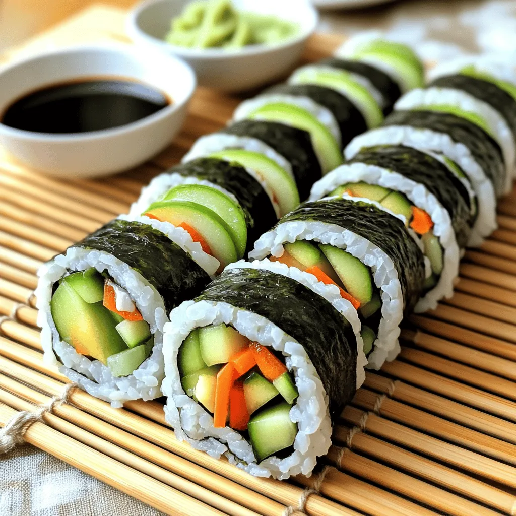 To make sushi rolls, you need fresh ingredients. Here’s the complete list: - 2 cups sushi rice - 2 ½ cups water - ½ cup rice vinegar - 2 tablespoons sugar - 1 teaspoon salt - 4 sheets nori (seaweed) - 1 cucumber, julienned - 1 avocado, sliced - 1 small bell pepper, thinly sliced - 1 carrot, shredded - Soy sauce for dipping - Wasabi and pickled ginger (optional) Using fresh ingredients makes a big difference in taste. Sushi rice is key for perfect rolls. Rinse it well to remove excess starch. This step helps the rice stay fluffy. Nori sheets are the wrap. They should be crisp and dark. If they feel soft, they may be old. Fresh veggies add crunch and color. Cucumber and avocado are popular choices. They bring great flavors and textures. When you pick a bell pepper, choose one that is firm. Thin slices work best in sushi. Carrots add sweetness and a nice crunch. For dipping, soy sauce is traditional. Wasabi and pickled ginger add spice and zing. With these fresh ingredients, you can make delicious sushi rolls. Check the Full Recipe for detailed steps. - Rinsing and Cooking Rice: Start by rinsing 2 cups of sushi rice under cold water. Keep rinsing until the water runs clear. This step helps remove extra starch. After rinsing, drain the rice well. In a medium pot, combine the rinsed rice with 2 ½ cups of water. Bring this mixture to a boil. Once it boils, lower the heat, cover the pot, and let it cook for 20 minutes. - Seasoning the Rice: While the rice cooks, mix ½ cup rice vinegar, 2 tablespoons sugar, and 1 teaspoon salt in a small pot. Heat it gently on low. Stir until the sugar and salt dissolve completely. Once it's ready, remove it from the heat and let it cool. - Cooling the Rice: After the rice has cooked, let it sit covered for 10 minutes. Then, transfer it to a large bowl. Gently fold in the cooled vinegar mixture with a spatula. Be gentle to keep the rice grains intact. Let the seasoned rice cool to room temperature. - Setting Up Your Rolling Mat: Lay a bamboo sushi rolling mat on a clean, flat surface. This will help you roll your sushi with ease. - Adding Fillings to the Nori: Place a sheet of nori, shiny side down, on the mat. With wet hands, spread about 1 cup of sushi rice over the nori. Leave a 1-inch border at the top. This space will help seal the roll later. - Rolling Technique: In the center of the rice, lay a line of fillings. You can use julienned cucumber, sliced avocado, thin bell pepper, and shredded carrot. Starting from the bottom, lift the edge of the mat. Gently roll the sushi away from you, keeping the filling in place. Tuck the edge of the mat tightly as you roll. Moisten the top edge of the nori to seal the roll. - Slicing the Rolls: Take a sharp knife and slice the rolled sushi into bite-sized pieces. Clean the knife with a damp cloth between cuts for neat edges. - Presentation Tips: Arrange the sushi rolls on a decorative plate. You can present them in a circular pattern. Add small bowls of soy sauce, wasabi, and pickled ginger in the center for a beautiful display. For the full details on this process, check out the Full Recipe and get ready to impress your friends and family! Overcooking Sushi Rice Cook your sushi rice for exactly 20 minutes. If you cook it longer, the rice can become mushy. This will ruin the texture of your rolls. Always check the water level during cooking. Once the water is absorbed, let it sit off the heat. This helps the rice steam and become fluffy. Incorrect Rolling Technique Rolling sushi can be tricky. Start at the bottom edge of the mat. Tightly roll away from you while keeping the filling in place. If you roll too loosely, your sushi will fall apart. Make sure to seal the edge with a bit of water to keep everything together. Bamboo Rolling Mat Using a bamboo mat is key for making sushi rolls. It helps you shape the rolls evenly. Place the nori on the mat with the shiny side down. This mat provides the right support to roll tightly and evenly. Sharp Knife A sharp knife is essential for cutting sushi. A dull knife will squish your rolls and ruin their shape. Clean your knife with a damp cloth after each cut. This keeps the edges neat and helps maintain a beautiful presentation. Suggested Dipping Sauces Soy sauce is the classic dip for sushi rolls. You can also mix soy sauce with a bit of wasabi for a kick. If you like something sweeter, try a teriyaki sauce. You can create your own blend by mixing soy sauce with sesame oil. Garnishing Ideas Garnish your rolls for a pop of color. Use thinly sliced radishes or sprouts for freshness. A sprinkle of sesame seeds adds a nice crunch. Arrange your rolls on a plate with colorful garnishes. This makes the dish look inviting and fun. For the full recipe, check out the detailed instructions provided. {{image_4}} Meat and Seafood Options You can use many meats and seafood for sushi rolls. Here are some tasty choices: - Crab meat - Cooked shrimp - Grilled chicken - Spicy tuna - Salmon These options add great flavor and protein to your rolls. You can mix and match these fillings to suit your taste. Vegetarian Choices If you prefer veggies, there are many great options too. Try these fillings: - Cream cheese - Tofu - Sweet potato - Mango - Asparagus These ingredients give you a colorful and fresh sushi roll. They taste amazing and are filling, too. Maki vs. Temaki Maki rolls are the most common type. They are round and cut into pieces. You roll them tightly with nori on the outside. Temaki rolls are hand rolls. They look like cones. You fill and roll them by hand, making them fun to eat. Inside-out Rolls Inside-out rolls have the rice on the outside. This style is popular in many sushi bars. It allows for creative toppings. You can sprinkle sesame seeds or add avocado on the outside. This gives a nice texture and look. Adding Spices Want to spice things up? You can add sriracha or chili flakes to your fillings. This adds heat and exciting flavors. Try mixing these spices with mayonnaise for a creamy kick. Incorporating Sauces Sauces can elevate your sushi rolls. Here are some ideas: - Eel sauce for sweetness - Soy sauce for saltiness - Ponzu sauce for a citrusy twist These sauces can enhance the flavors in your rolls. Just drizzle them on top or serve them on the side for dipping. To keep leftover sushi rolls fresh, wrap them tightly in plastic wrap. This keeps air out and helps retain moisture. Place the wrapped rolls in the fridge. Try to eat them within 24 hours for the best taste. For reheating, do not use the microwave. Instead, let the rolls warm up to room temperature. This helps the rice regain some of its original texture. Sushi rolls taste best when fresh. If stored correctly, they can last about one day in the fridge. After that, the rice and fillings may lose flavor and texture. Signs of spoilage include a sour smell, a slimy texture, or discoloration. If you notice any of these signs, it’s best to throw them away. Storing fresh vegetables is key. Keep them in a cool, dark place or the fridge. Wrap them in a damp paper towel to help them stay crisp. For nori, keep it in a cool, dry place. Use an airtight container to keep it fresh. If nori gets too soft, it won’t roll well. Always check the package for the best storage tips. To get the full experience of making sushi rolls, check out the Full Recipe. The best rice for sushi is sushi rice. It is short-grain and sticky. This type helps the rolls hold together. Look for brands labeled "sushi rice" or "shari." Yes, you can make sushi rolls without rice. You can use thinly sliced vegetables or fruits instead. Options like cucumber or zucchini work well. These rolls are fresh and low-carb. To prevent rice from sticking, rinse it well before cooking. This step removes excess starch. Use wet hands when handling the rice. This also helps keep it from sticking. Sushi rolls can be frozen, but with caution. Freezing may change the texture of the ingredients. It’s best to freeze plain rolls without vegetables or seafood. Wrap them tightly before freezing. Sushi includes rice and toppings, while sashimi is just raw fish. Sushi is a complete dish, while sashimi focuses on the fish itself. Both are delicious and popular in Japanese cuisine. To enhance flavor, add sauces or seasonings. Try using soy sauce, spicy mayo, or sesame oil. Adding herbs like cilantro or mint can also boost taste. Experiment with different combinations for fun. For a complete guide to making sushi, check the Full Recipe. Making sushi rolls at home is fun and easy. You learned about the needed ingredients, how to prepare and roll sushi, and tips to avoid mistakes. I shared common variations and storage tips to keep your sushi fresh. Now, you have all the tools and knowledge to create delicious sushi rolls. Get creative with flavors and fillings. Enjoy your sushi-making journey!