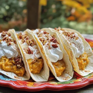 - 1 cup pumpkin puree - 1/2 cup sweetened condensed milk - 1/3 cup brown sugar - 1 teaspoon pumpkin pie spice - 1 teaspoon vanilla extract This is the heart of the recipe. Pumpkin puree gives the tacos their rich flavor and texture. Sweetened condensed milk adds creaminess and sweetness. Brown sugar enhances the caramel notes. Pumpkin pie spice brings warmth and depth. Vanilla extract rounds it all out with a hint of sweetness. - 8 small flour tortillas - 1/2 cup whipped cream - 1/4 cup pecans, chopped (optional) - Ground cinnamon for dusting For the shells, I use flour tortillas. They are soft and easy to fold. Whipped cream adds a light touch on top. Chopped pecans give a nice crunch, but they are optional. Ground cinnamon is perfect for that extra fall flavor. For the full recipe, check out the details above. To make pumpkin pie tacos, start by mixing the filling ingredients. In a medium bowl, combine: - 1 cup pumpkin puree - 1/2 cup sweetened condensed milk - 1/3 cup brown sugar - 1 teaspoon pumpkin pie spice - 1 teaspoon vanilla extract Whisk these together until smooth. This mix should be creamy and well-blended. Next, heat the tortillas. Grab a dry skillet and place it over medium heat. Warm each tortilla for about 30 seconds on each side. You want them warm and flexible, but not crisp. This makes them easier to fold. Now it’s time to fill the tortillas. Take one warmed tortilla and spoon in a generous amount of the pumpkin filling. Make sure to leave space at the edges. After filling, fold each tortilla in half to create a taco. Gently press down to secure the filling. This step is key to keeping everything inside. To plate the tacos, arrange them on a vibrant platter. This makes for a fun presentation. Top each taco with a dollop of whipped cream. If you like, sprinkle with chopped pecans for extra crunch. For a final touch, dust the tops lightly with ground cinnamon. This adds a lovely aroma and makes the dish pop! For more detailed cooking steps, check out the Full Recipe. To get the perfect pumpkin filling, mix well. You want a smooth and creamy texture. If it's too thick, add a bit more sweetened condensed milk. This will help make it easy to scoop. For extra flavor, think about adding a pinch of nutmeg or a splash of maple syrup. These little touches can boost the taste and make it special. For the best taco experience, warm the tortillas first. Use a dry skillet on medium heat. Heat each tortilla for about 30 seconds on both sides. This way, they stay soft and flexible. It makes folding the tacos much easier. To keep the tacos from falling apart, fill them with the right amount of filling. Don’t overstuff! A generous scoop is great, but too much can spill out. Fold them gently and press down softly to seal the edges. This will help them hold their shape. For the complete recipe, check out the Full Recipe section. {{image_4}} What can I use instead of sweetened condensed milk? You can use regular milk with a bit of sugar added. This mix will mimic the creaminess of sweetened condensed milk. For a dairy-free option, try coconut milk with maple syrup. What different spices can I use? If you want to switch things up, try using cinnamon, nutmeg, or allspice. Each spice adds a unique twist to your filling. Experiment with different blends to find your favorite flavor. What are some ideas for different toppings? Top your tacos with crushed graham crackers for crunch. You can also add chocolate chips or caramel sauce for extra sweetness. Fresh fruit, like sliced bananas or apples, also pairs well with pumpkin. What desserts or drinks can I pair with these tacos? Serve these tacos with apple cider or a pumpkin spice latte for a cozy fall treat. You can also enjoy them with vanilla ice cream or a slice of cheesecake. These pairings enhance the flavors and make for a lovely dessert spread. For the full recipe, check out the detailed instructions above. To keep your pumpkin pie tacos fresh, store them in the fridge. Place the tacos in an airtight container. This will help keep them from drying out. Use parchment paper between layers if stacking. They will stay good for about three days. If you want to keep them longer, freezing is an option. Wrap each taco tightly in plastic wrap. Then, place them in a freezer bag. This method helps prevent freezer burn. You can freeze them for up to two months. When you're ready to enjoy your leftovers, reheating is simple. Place the tacos in a skillet over low heat. Heat each side for about two minutes. This warms them well without making them soggy. You can also use a microwave. Place the tacos on a microwave-safe plate. Cover with a damp paper towel. Heat for 30 seconds at a time until warm. This keeps the filling moist. No matter how you reheat, keep an eye on texture. You want them warm and soft, not dry. Enjoy the tasty flavors just like when they were fresh! What can I use instead of flour tortillas? You can use corn tortillas or even crepes. Corn tortillas bring a nice flavor. Crepes give a sweet twist. Both are great options for pumpkin pie tacos. Can I make these tacos ahead of time? Yes, you can prepare the filling ahead. Store it in the fridge for up to three days. Just warm the tortillas before serving. This keeps them fresh and tasty. How long do pumpkin pie tacos last in the fridge? These tacos stay good for about three days. Make sure to store them in an airtight container. This helps keep them fresh longer. Are there gluten-free options for the tortillas? Absolutely! You can find gluten-free tortillas made from rice or corn. These work well for anyone avoiding gluten. They taste great with the pumpkin filling. Can I use fresh pumpkin instead of canned puree? Yes, fresh pumpkin can be used. Just roast or steam it first. Then, mash it until smooth. This gives a lovely, fresh flavor to your tacos. How do I make this a vegan-friendly recipe? To make these tacos vegan, use coconut milk instead of sweetened condensed milk. Also, skip the whipped cream or try a plant-based version. This way, everyone can enjoy these tasty tacos! For the full recipe, check the details above! In this blog post, we covered how to make tasty pumpkin pie tacos. We discussed the main and additional ingredients needed and provided step-by-step instructions for preparation and assembly. I shared tips to perfect your filling and maintain taco texture. We explored variations, storage info, and answered common questions. Enjoy trying this fun twist on a classic. You can make these tacos your own by mixing flavors or toppings. Happy cooking!
