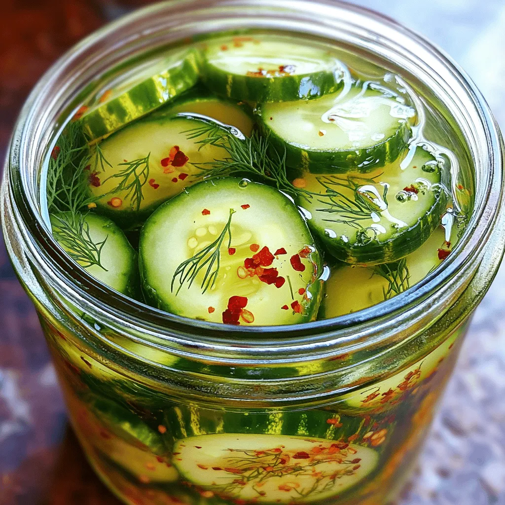 To make delicious overnight refrigerator pickles, you need the right ingredients. Here’s a simple list: - 4 small cucumbers, freshly washed and sliced into thin rounds - 1 cup white vinegar - 1 cup water - ½ cup granulated sugar - 1 tablespoon kosher salt - 1 teaspoon mustard seeds - 1 teaspoon celery seeds - 1 teaspoon red pepper flakes - 2 cloves garlic, peeled and smashed - Fresh dill sprigs for garnish Each ingredient plays a key role in creating tasty, crunchy pickles. The cucumbers give that fresh crunch. The vinegar and water form the brine, which adds tang. Sugar balances the taste, while salt boosts flavor. Mustard and celery seeds give a unique twist. Red pepper flakes add a little heat. Garlic and dill round out the taste. For the full recipe, check out the detailed steps. - Mix 1 cup of white vinegar, 1 cup of water, ½ cup of sugar, 1 tablespoon of kosher salt, 1 teaspoon of mustard seeds, 1 teaspoon of celery seeds, and 1 teaspoon of red pepper flakes in a medium saucepan. - Place the saucepan over medium heat. Stir until the sugar and salt dissolve completely. - Remove the saucepan from heat and let the brine cool for 15 minutes. - Wash 4 small cucumbers under cold water. Slice them into thin rounds. - Take a clean glass jar and layer the cucumber slices. Add 2 smashed garlic cloves and a few sprigs of fresh dill for added flavor. - Once the brine has cooled, carefully pour it over the cucumbers in the jar. - Make sure all cucumber slices are fully submerged. - Seal the jar tightly and place it in the refrigerator. These tasty and crunchy overnight pickles will be ready in 24 hours. For the best flavor, let them sit for 2–3 days. Enjoy them as a snack or on sandwiches! You can find the [Full Recipe](#) to guide you through this fun process. To make the best overnight pickles, keep these tips in mind: - Optimal submerged cucumber method: Use a weight or small plate to keep cucumbers under the brine. This helps them soak up the flavor evenly. If they float, the brine won’t work well. - Marinating time for flavor development: Let your pickles sit for at least 24 hours. For better taste, wait 2 to 3 days. The longer they sit, the more flavor they gain. You can easily change the taste of your pickles: - Tips for reducing or increasing spice: If you want milder pickles, cut back on red pepper flakes. For more heat, add extra flakes. You control the spice level! - Suggestions for varying sweetness: To make your pickles sweeter, add more sugar. If you prefer less sweetness, reduce the sugar to fit your taste. You can even try using honey or agave syrup for a different twist. Feel free to explore these ideas and make the pickles your own! For the full recipe and more details, check out the Crispy Sweet & Spicy Overnight Refrigerator Pickles recipe. {{image_4}} You can make your overnight refrigerator pickles even more fun by adding different flavors. One great idea is to use herbs. Herbs like thyme or oregano can bring a fresh taste. Just add a few sprigs when you layer your cucumbers in the jar. These herbs mix well with the brine. You can also add other vegetables for a colorful twist. Carrots and radishes are great choices. Slice them thin and mix them with the cucumbers. This gives you a crunchy and tasty mix. Each bite will surprise you with new flavors. If you want to change the sweetness of your pickles, try different sweeteners. Honey is a natural choice. It adds a nice touch of flavor. You can also use agave syrup. This is a great option for those who want a vegan substitute. You might want to experiment with different sugars too. Brown sugar can add a deeper flavor. It can make your pickles taste richer. Just remember to adjust the amount to keep the balance with the brine. These variations can make your pickles special. Feel free to mix and match flavors and sweeteners. Enjoy creating your own unique recipe! For a full recipe, check out the crispy sweet and spicy overnight refrigerator pickles. For the best results, use glass jars for your overnight refrigerator pickles. They keep the pickles fresh and let you see them. Make sure to pick jars with tight-fitting lids. This will help keep air out. If you don’t have jars, any food-safe plastic container works too. Layer your cucumbers and spices carefully for even flavor. To keep pickles crunchy, store them in the brine. The brine helps seal in the crisp texture. You can also place a weight on top of the cucumbers. This keeps them submerged in the liquid. If they float, they may not absorb all the flavor. Refrigerator pickles can last for about two to three weeks. However, the flavor gets better with time. After about a week, you’ll notice a nice tang. If you see any signs of spoilage, like a strange smell or mold, it’s best to throw them away. Look for these signs of spoilage: - Cloudy brine - Off smell - Soft or mushy cucumbers Storing your pickles properly helps them last longer and taste great. For the full recipe, check out my Crispy Sweet & Spicy Overnight Refrigerator Pickles. To make pickles less salty, you can rinse them. Just take the pickles out of the brine and rinse them under cold water. This will help remove some salt. Another option is to add a little extra sugar to the brine. The sugar will balance the saltiness. You can also add more vinegar or water to the brine. This will dilute the salt flavor. Yes, you can use different cucumbers! Pickling cucumbers work best because they stay crunchy. You can also use English cucumbers or Kirby cucumbers. Both have a firm texture that holds up well in pickling. If you choose larger cucumbers, slice them into smaller pieces for better flavor. If you want to can your pickles, follow safe canning standards. Use sterilized jars to avoid any bacteria. You must heat the brine to a rolling boil before filling the jars. Seal the jars tightly and process them in a water bath for 10 to 15 minutes. This will keep the pickles safe to eat for longer. You should refrigerate the pickles for at least 24 hours. This lets the flavors blend well. For a crunchier pickle, let them sit for up to 3 days. The longer they sit, the more flavor they will have. If you want a quick snack, 24 hours is just fine! For the full recipe, check out the Crispy Sweet & Spicy Overnight Refrigerator Pickles! You learned how to create delicious pickles at home. We covered ingredients, step-by-step instructions, and tips for success. Don't forget to experiment with flavors and storage methods. Every batch can be unique, adding fun to your cooking. With these skills, you can make pickles that suit your taste. Enjoy the process and savor your homemade creations!