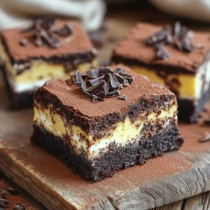- 1 cup unsalted butter, melted - 1 cup granulated sugar - 1 cup packed brown sugar - 4 large eggs - 1 teaspoon vanilla extract - 1 ½ cups all-purpose flour - ¾ cup unsweetened cocoa powder - 1 teaspoon baking powder - ½ teaspoon salt - 1 cup strong brewed coffee, cooled to room temperature - 1 cup mascarpone cheese - 2 tablespoons powdered sugar - 1 teaspoon coffee extract (optional for an extra coffee kick) - Unsweetened cocoa powder for dusting - Optional: Dark chocolate shavings for garnish Each ingredient plays a key role in making these brownies rich and tasty. If you need to swap an item, here are some easy substitutes: - Butter: You can use coconut oil for a dairy-free option. - Granulated Sugar: Brown sugar can replace granulated sugar for extra moisture. - All-purpose Flour: Gluten-free flour works well if you need a gluten-free option. - Mascarpone Cheese: Cream cheese can be a good substitute in a pinch. To create these tiramisu brownies, gather these tools: - Mixing bowls (large and medium) - Whisk and spatula - Measuring cups and spoons - 9x13 inch baking pan - Wire rack for cooling - Toothpick for testing doneness This list sets you up for a successful baking adventure. Now, let's get to the fun part—making your tiramisu brownies! If you want the complete guide, check the Full Recipe. First, preheat your oven to 350°F (175°C). This step is key for even baking. While it heats up, grab a 9x13 inch baking pan. Grease it well with butter or non-stick spray. This keeps the brownies from sticking. In a large bowl, combine 1 cup melted butter, 1 cup granulated sugar, and 1 cup brown sugar. Mix until smooth. Next, add 4 large eggs one at a time. Stir well after each egg. Add 1 teaspoon vanilla extract for a nice flavor boost. In another bowl, whisk 1 ½ cups flour, ¾ cup cocoa powder, 1 teaspoon baking powder, and ½ teaspoon salt. Gradually fold the dry mix into the wet mix. Mix just until combined. Pour half of the brownie batter into the prepared pan. Spread it evenly across the bottom. Next, in a separate bowl, whisk 1 cup mascarpone cheese with 2 tablespoons powdered sugar and 1 cup cooled brewed coffee. You can add 1 teaspoon coffee extract for more flavor. Spread this mascarpone layer over the brownie base. Then, dollop the remaining brownie batter on top. Use a knife to swirl them together gently. Place the pan in the oven and bake for 25-30 minutes. To check if they are done, insert a toothpick in the center. It should come out with a few moist crumbs. Once baked, let the brownies cool in the pan on a wire rack for at least 30 minutes. This helps them firm up before slicing. Dust the cooled brownies with cocoa powder for a classic finish. Optional: add dark chocolate shavings for a little extra fun. For the full recipe, refer to the recipe section above. To make perfect tiramisu brownies, avoid these common errors: - Overmixing the Batter: Stir just until combined. Overmixing can make brownies tough. - Not Cooling the Coffee: Use cooled coffee for the mascarpone mix. Hot coffee can melt the cheese. - Underbaking: Check for doneness with a toothpick. It should have a few moist crumbs, not wet batter. You can boost the flavor of your brownies with these simple tips: - Use Fresh Coffee: Brew strong coffee for the best taste. - Add Coffee Extract: For a deeper coffee flavor, add coffee extract to the mascarpone mix. - Experiment with Cocoa: Try different brands of cocoa powder for unique tastes. Make your tiramisu brownies look great with these fun ideas: - Dust with Cocoa: A light dusting of cocoa powder adds a classic touch. - Garnish with Chocolate: Dark chocolate shavings on top create a lovely finish. - Serve on a Platter: Use a decorative platter for a beautiful display. Pair with whipped cream or ice cream for extra appeal. For the full recipe, be sure to follow the detailed instructions provided! {{image_4}} You can make gluten-free tiramisu brownies easily. Just swap all-purpose flour for a gluten-free blend. Look for blends that include xanthan gum for better texture. This change keeps the rich taste while making it safe for those with gluten issues. To make vegan tiramisu brownies, use plant-based butter. Replace eggs with flax eggs or applesauce. Use almond milk instead of regular milk in the mascarpone layer. For a vegan mascarpone, blend soaked cashews with coconut cream and a bit of lemon juice. This keeps the creamy texture while fitting a vegan diet. Want to add a twist? Try mixing in chopped nuts like walnuts or hazelnuts. They add a nice crunch. You can also include a splash of vanilla or almond extract for more flavor. For a coffee kick, use espresso powder in the brownie batter. These small changes can make your tiramisu brownies unique. For the full recipe, check out the detailed steps and ingredients. Enjoy your baking! To keep your tiramisu brownies fresh, store them in an airtight container. This helps prevent them from drying out. You can place parchment paper in between layers to avoid sticking. Keep the container in a cool spot, away from sunlight. If you need to store them for longer, refrigeration is a good option. However, this can change their texture a bit. Freezing is a great way to save extra brownies. To freeze tiramisu brownies, first, let them cool completely. Then, cut them into squares. Wrap each square in plastic wrap tightly. Next, place the wrapped brownies in a freezer-safe bag or container. Label the bag with the date. When ready to enjoy, simply thaw them in the fridge overnight. For a quick fix, you can also microwave them for a few seconds. When stored properly, tiramisu brownies can last up to five days in the fridge. If frozen, they can stay good for about three months. Keep an eye on them for any changes in smell or texture. If you notice anything unusual, it’s best to toss them out. Enjoy your delicious dessert while it’s at its best! For the full recipe, check out the complete guide. Yes, you can make Tiramisu Brownies ahead of time. They taste great after resting. Store them in an airtight container in the fridge. They stay fresh for up to 3 days. This also helps the flavors blend well. Just remember to dust cocoa powder before serving. If you can't find mascarpone cheese, you can use cream cheese. Mix cream cheese with heavy cream for a smoother texture. You could also try ricotta cheese blended until smooth. These options won’t taste exactly the same but will still be delicious. Serve Tiramisu Brownies chilled or at room temperature. For an extra touch, add whipped cream or vanilla ice cream. You can also sprinkle cocoa powder or chocolate shavings on top. This adds a fancy look and a rich taste to your dessert. Yes, you can add a splash of coffee liqueur for a boozy twist. Just mix it into the mascarpone layer. Be careful not to add too much, so the texture remains smooth. This addition gives a nice kick without overpowering the dessert. To boost the coffee flavor, use strong brewed coffee for the recipe. You can also add a teaspoon of instant coffee granules to the batter. For an extra punch, include coffee extract in the mascarpone layer. This will make your Tiramisu Brownies rich and aromatic. You can find the Full Recipe for Tiramisu Brownies at the end of this article. To make Tiramisu Brownies, gather these ingredients: - 1 cup unsalted butter, melted - 1 cup granulated sugar - 1 cup packed brown sugar - 4 large eggs - 1 teaspoon vanilla extract - 1 ½ cups all-purpose flour - ¾ cup unsweetened cocoa powder - 1 teaspoon baking powder - ½ teaspoon salt - 1 cup strong brewed coffee, cooled to room temperature - 1 cup mascarpone cheese - 2 tablespoons powdered sugar - 1 teaspoon coffee extract (optional for an extra coffee kick) - Unsweetened cocoa powder for dusting - Optional: Dark chocolate shavings for garnish This recipe blends rich chocolate with creamy mascarpone. First, preheat your oven to 350°F (175°C). Grease a 9x13 inch pan to prevent sticking. Start by mixing the melted butter with the two sugars in a large bowl. Stir until it is smooth. Then, add the eggs one by one, mixing well after each. Pour in the vanilla extract for flavor. In a separate bowl, whisk together the flour, cocoa powder, baking powder, and salt. Gradually fold this dry mix into the wet mix until just combined. Next, pour half of the brownie batter into your prepared pan. Use a spatula to spread it evenly. In another bowl, whisk the mascarpone cheese, powdered sugar, brewed coffee, and optional coffee extract until smooth. Spread this mixture over the brownie layer, reaching all edges. Dollop the remaining brownie batter on top. Gently swirl it with a knife for a marbled look. Bake in the oven for 25-30 minutes. Check the center with a toothpick; it should have moist crumbs. Let the brownies cool in the pan for at least 30 minutes before cutting them into squares. Dust the top with cocoa powder. You can also add dark chocolate shavings for a fancy touch. Enjoy this rich dessert! For the full recipe, check the main section. You now know how to make delicious Tiramisu Brownies. We covered the ingredients needed and their substitutes. I shared step-by-step instructions, tips, and popular variations. You also learned how to store these treats and answered common questions. Try making these brownies for your next event. They will impress your friends and family. Enjoy experimenting with flavors and have fun in the kitchen!