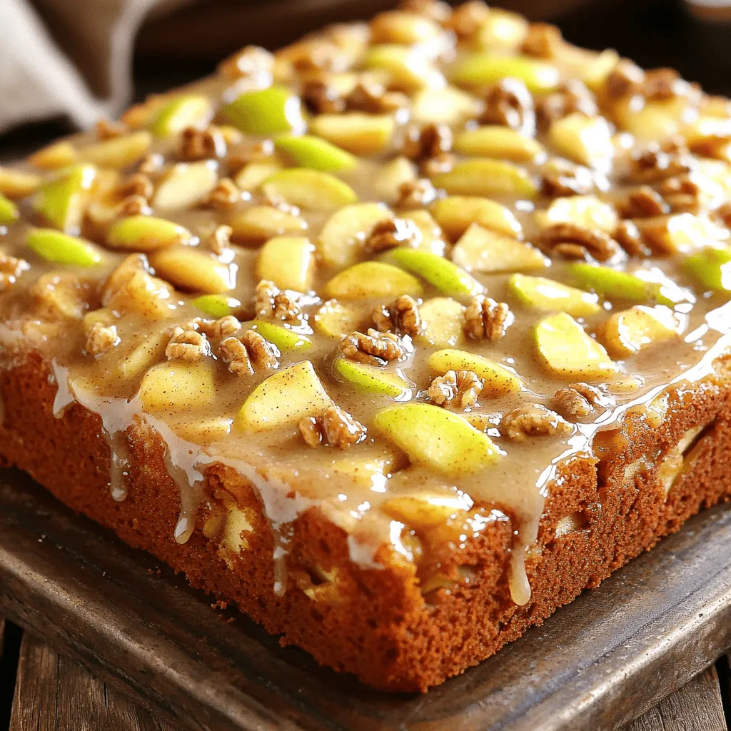 To make a delicious apple cinnamon sheet cake, you need fresh and simple ingredients. Here is what you'll need: - 2 cups all-purpose flour - 1 ½ cups granulated sugar - ½ cup unsalted butter, softened to room temperature - 1 cup buttermilk (or make your own by adding 1 tablespoon of vinegar to milk) - 3 large eggs - 2 teaspoons baking powder - 1 teaspoon baking soda - 1 teaspoon ground cinnamon - ½ teaspoon salt - 2 cups peeled and diced apples (choose tart varieties like Granny Smith or sweet ones like Honeycrisp for the best flavor) - ½ cup chopped walnuts (optional for added crunch) - 1 teaspoon pure vanilla extract Each ingredient plays a key role in making this cake moist and flavorful. The apples add natural sweetness and moisture, while the cinnamon gives it a warm, comforting taste. The buttermilk keeps the cake tender. If you want more crunch, add walnuts. Make sure to gather everything before you start. This will help you stay organized and make the process smooth. You can find the full recipe details later in the article. Enjoy the fun of baking! - Prepare the Oven and Pan: Preheat your oven to 350°F (175°C). Grease and flour a large sheet pan, about 18x13 inches. This stops the cake from sticking. - Cream Butter and Sugar: In a big bowl, mix together the softened butter and granulated sugar. Use a hand mixer or stand mixer. Beat until it looks light and fluffy, about 2-3 minutes. - Incorporate Eggs and Vanilla: Add the eggs one by one. Mix well after each egg. Then, add the vanilla extract. Keep mixing until everything blends nicely. - Combine Dry Ingredients: In another bowl, whisk the all-purpose flour, baking powder, baking soda, ground cinnamon, and salt. Make sure they mix well. - Mix Wet and Dry Ingredients: Slowly add the dry mix into the wet mix. Do this while adding the buttermilk too. Start and end with the dry mix. Stir gently until just combined. Don’t overmix, or the cake won’t be fluffy. - Fold in Fruits and Nuts: Carefully fold in the diced apples. Make sure they spread evenly in the batter. If you want, fold in chopped walnuts for extra crunch. - Transfer to Sheet Pan: Pour the batter into the prepared sheet pan. Use a spatula to spread it evenly. - Bake the Cake: Put the pan in the oven and bake for 30-35 minutes. The cake is ready when a toothpick comes out clean from the center. - Cool the Cake: Once baked, take it out and let it cool in the pan for about 10 minutes. Then, move it to a wire rack to cool completely before serving. You can find the full recipe in the article. Enjoy your baking! Avoiding Overmixing Overmixing can make your cake tough. Mix just until the flour disappears. This keeps the cake light and fluffy. Ensuring Even Distribution of Apples To spread the apples well, fold them gently into the batter. This way, you get bites of apple in every slice. Importance of Oven Temperature Always preheat your oven to 350°F (175°C). A hot oven helps the cake rise evenly. A consistent temperature leads to better baking results. Slicing and Serving Suggestions Slice the cake into squares. Use a sharp knife for clean cuts. Serve on decorative plates for a nice touch. Garnishing Ideas Sprinkle cinnamon on top for extra flavor. You can also add thin apple slices beside each piece. This adds color and makes the cake look appealing. Serving Temperature Recommendations Serve the cake warm or at room temperature. This enhances the flavors. You can even drizzle a glaze over the top for extra sweetness. Try the Full Recipe for more ideas! {{image_4}} Using Different Types of Apples You can use many apple types in this cake. Tart apples like Granny Smith add a nice zing. Sweet apples like Honeycrisp bring a lovely sweetness. Mixing these types gives a balanced flavor. You can even try softer apples like Fuji for a different taste. Adding Spices Want to add a twist? You can mix in spices like nutmeg or cloves. Just a pinch can change the whole flavor. Nutmeg adds warmth, while cloves offer a unique taste. Experiment to find your perfect blend! Alternative Toppings If you want a special touch, think about toppings. A simple glaze made from powdered sugar and milk can elevate your cake. You could also use cream cheese frosting for a richer flavor. Fresh fruit on top gives a beautiful look and extra taste. Gluten-Free Options If you need a gluten-free cake, swap the all-purpose flour for a gluten-free blend. Look for a mix that works well in baking. This way, everyone can enjoy this moist treat. Dairy-Free Options To make it dairy-free, use a dairy-free butter substitute and almond milk. These swaps keep the cake moist and tasty. You won’t miss the dairy! Nut-Free Modifications If you have nut allergies, just leave out the walnuts. The cake will still be delicious without them. You can also add more apples for extra flavor and texture. - Room Temperature Storage If you have leftover cake, store it at room temperature. Keep it covered in plastic wrap or in an airtight container. This will keep it moist for about 2-3 days. Avoid exposing it to heat or sunlight. - Refrigeration Tips To keep the cake fresh longer, place it in the fridge. Wrap it tightly in plastic wrap or foil. This method helps it last for up to a week. Just be aware that refrigeration can make the cake a bit denser. - Freezing Apple Cinnamon Sheet Cake For long-term storage, freeze the cake. First, cut it into slices. Wrap each slice in plastic wrap, then place them in a freezer bag. This way, you can enjoy a slice whenever you want. The cake can last in the freezer for up to three months. - Timeline for Best Freshness The best time to eat your cake is within the first few days. After that, it may start to dry out. If you store it well, you can still enjoy it for up to a week. - Signs of Spoilage Look for signs of spoilage like mold or a sour smell. If the cake feels dry or crumbly, it might not taste good anymore. Trust your senses. If it seems off, it’s best to toss it. - Reheating Recommendations To enjoy leftover cake, you can reheat it. Place a slice in the microwave for about 10-15 seconds. This will warm it up nicely. You can also serve it cold if you prefer. For a special touch, add a scoop of ice cream on top! For the complete Apple Cinnamon Sheet Cake recipe, you can check the Full Recipe. To keep your cake moist, use buttermilk in the batter. This adds flavor and moisture. Also, do not overmix the batter. Mix until just combined. Overmixing can make the cake dense. Bake it at the right temperature and check for doneness with a toothpick. The cake should not be dry or crumbly. Yes, you can use other fruits! Pears, peaches, or berries work well too. Choose fruits that hold their shape when baked. They add unique flavors and textures. Make sure to adjust the amount based on the fruit's moisture. Less juicy fruits may need a bit more liquid in the batter. This recipe yields about 12 to 16 slices. The number of servings may vary based on how you cut the cake. If you cut larger pieces, expect fewer servings. For smaller bites, you can serve more. It’s perfect for gatherings or family meals. Serve the cake warm or at room temperature. It tastes great plain or with a sweet glaze. You can also top it with whipped cream or ice cream. For added flair, sprinkle with cinnamon or serve with apple slices. Each option enhances the cake's flavors. Yes, you can make this cake ahead of time. It keeps well for a few days at room temperature. Wrap it tightly in plastic wrap to keep it fresh. For longer storage, you can freeze it. Be sure to thaw it completely before serving. This way, you can enjoy it later without losing flavor. For the complete recipe, check the Full Recipe section. This blog post covered everything you need for a great apple cinnamon sheet cake. You learned about essential ingredients, easy steps, and helpful tips for baking. We explored flavor and dietary variations to suit your taste. Plus, I shared storage tips to keep your cake fresh. Remember, the key to success is using fresh apples and following the mixing steps carefully. Enjoy baking and impressing friends with this tasty treat!