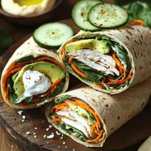 - 4 whole wheat tortillas - 8 ounces sliced turkey breast - 1 ripe avocado, sliced - 1 cup fresh spinach leaves - 1 cup shredded carrots - 1/2 cucumber, thinly sliced - 1/4 cup hummus - 2 tablespoons plain Greek yogurt - Salt and freshly ground black pepper - Optional: 1/2 teaspoon chili flakes To create a tasty turkey wrap, start with these simple ingredients. Whole wheat tortillas are a great base. They hold everything together while adding fiber. The sliced turkey breast gives us protein, which is key for energy. Avocado adds creaminess and healthy fats. Fresh spinach leaves bring a nice crunch and vitamins. Shredded carrots not only add color but also extra crunch. Thin cucumber slices are refreshing in each bite. Hummus is a fantastic spread that gives flavor and creaminess. The Greek yogurt adds a rich, tangy touch. Season with salt and pepper to bring out all the flavors. If you like a bit of heat, add chili flakes for a spicy kick. Using these fresh, whole ingredients makes this turkey wrap a healthy choice for lunch. You can find the full recipe above. - Place the tortillas flat on a clean surface. - Spread about 1 tablespoon of hummus on each tortilla. - Add 2 ounces of turkey on each tortilla. - Top with a few slices of avocado and a handful of spinach. - Sprinkle shredded carrots and cucumber rounds over the top. - Fold in the sides of the tortilla to tuck in the filling. - Roll the tortilla from the bottom to the top. - Slice the wrap in half diagonally for easy eating. This turkey wrap recipe is simple and quick, making it perfect for a healthy lunch. You can find the full recipe above for more details. If you want to switch things up, try these ideas: - Use grilled chicken or tofu instead of turkey. - Swap hummus for guacamole or a light ranch dressing. These changes keep your wrap tasty and interesting. You can adjust flavors to match your taste. Achieving even layers makes your wrap more appealing. Start with your main spread, like hummus, right in the center. Lay turkey slices on top, then add veggies. This keeps each bite full of flavor. To wrap without spills, fold in the sides first. Then roll from the bottom to the top. This method helps seal in all the delicious fillings. Arranging your wraps on a colorful platter makes them pop. Cut each wrap in half for easy serving. This way, everyone can enjoy them without mess. Serve with a side of extra hummus for dipping. You can also add a bowl of mixed greens. This adds color and freshness to your meal. For flair, sprinkle chili flakes or sesame seeds on top. {{image_4}} If you need a gluten-free option, try using gluten-free tortillas. Many brands offer these now. They taste great and work well for wraps. You can also swap out the turkey for other meats or proteins. For a vegan alternative, skip the turkey and yogurt. Use a plant-based protein like chickpeas or lentils. You can add sliced tofu too. For creaminess, use a vegan spread or more avocado. This keeps your wrap tasty and filling. To boost flavors, consider adding spices like cumin or paprika. Fresh herbs like cilantro or parsley are great choices too. They add a fresh taste to your wrap. You can also mix in different cheeses. Feta or mozzarella can add creaminess and flavor. If you want more protein, think about adding hard-boiled eggs or beans. These additions make your wrap even more satisfying. To keep your turkey wraps fresh, wrap them tightly in plastic. You can also place them in an airtight container to avoid drying out. Store them in the fridge. Turkey wraps will stay good for up to three days. After that, they may lose taste and texture. Make sure to check for any signs of spoilage before eating. Yes, you can freeze turkey wraps. However, I recommend wrapping them tightly in foil or plastic wrap first. Then, place them in a freezer bag. This helps prevent freezer burn. Turkey wraps can last in the freezer for up to three months. Before you eat, thaw the wraps in the fridge overnight. If you're in a hurry, you can use the microwave. Just unwrap and place them on a microwave-safe plate. Heat for about 30 seconds until warm. Enjoy your turkey wrap fresh and tasty! For the full recipe, check the Turkey & Avocado Crunch Wrap above. Yes, you can use other meats. Chicken or roast beef works well. You can even try plant-based meats. Each option adds its unique taste. Just make sure to slice it thinly for easy wrapping. I love using classic garlic hummus. It adds a rich flavor to the wrap. Roasted red pepper hummus also gives a sweet kick. Choose a flavor you enjoy most. You can even mix up flavors for fun! To make the wrap heartier, add more veggies. Try bell peppers, red onions, or even some black beans. You can also add a slice of cheese for creaminess. Adding nuts or seeds boosts protein, too! Absolutely! Use low-carb tortillas for fewer carbs. Swap turkey for grilled chicken or tempeh for a vegan option. Greek yogurt can be replaced with a dairy-free yogurt. Always look for fresh, whole ingredients for the best health benefits. For the full recipe, check out the Turkey & Avocado Crunch Wrap. In this article, we explored how to make delicious turkey wraps using simple, healthy ingredients. We broke down each step, from preparation to assembly, to help you create a tasty meal. Remember to choose your favorite toppings and spices for added flair. These wraps are easy to modify for different diets, making them fun for everyone. Try them today! You’ll enjoy the fresh taste and satisfy your hunger with every bite.