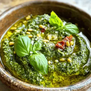 To make a great tomato pesto, you need a few key ingredients. Here’s what you will need: - 2 cups fresh basil leaves, tightly packed - 1 cup sun-dried tomatoes, packed in oil, drained and roughly chopped - 1/2 cup pine nuts, lightly toasted - 1/2 cup freshly grated Parmesan cheese - 2 cloves garlic, minced - 1/2 cup extra-virgin olive oil - 1 tablespoon fresh lemon juice - Salt and freshly cracked black pepper, to taste These ingredients create a rich and flavorful pesto. Using fresh ingredients in your tomato pesto makes a big difference. Fresh basil brings a bright flavor. Fresh tomatoes add sweetness and depth. Quality olive oil enhances the taste. Freshly grated Parmesan cheese offers a creamy texture. When you use fresh ingredients, your pesto will shine. It will taste better and have a lovely color. When selecting tomatoes for your pesto, look for ripe and firm ones. Heirloom varieties are excellent for their flavor. Choose tomatoes that have a deep color and are slightly soft when you press them. Avoid any with bruises or blemishes. If using sun-dried tomatoes, pick ones packed in oil for better flavor. This ensures you get the best taste for your pesto. Toasting pine nuts brings out their rich flavor. Start by placing them in a dry skillet over medium heat. Stir them constantly for about 3-5 minutes. Watch closely, as they can burn quickly. You want them to turn fragrant and golden brown. Once toasted, remove them from the heat and let them cool completely. This step adds depth to your tomato pesto. Now it’s time to bring your pesto to life! In your food processor, add the fresh basil leaves, chopped sun-dried tomatoes, and your cooled pine nuts. Don’t forget the grated Parmesan cheese and minced garlic. Mix these well for an even blend. It helps to have everything evenly distributed. This ensures each bite is packed with flavor. As you blend, slowly drizzle in the extra-virgin olive oil. Keep processing until your mix is smooth and creamy. If it feels too thick, add a tablespoon or two of olive oil to loosen it up. Next, add fresh lemon juice, salt, and black pepper to taste. Blend again to combine everything well. After blending, taste your pesto. Adjust the seasoning as needed, adding more salt, pepper, or lemon juice if desired. Aim for a bright, balanced flavor that excites your palate. For the complete recipe, check the Full Recipe section. Store your homemade tomato pesto in an airtight container. This keeps it fresh. If you want it to last longer, drizzle a thin layer of olive oil on top. This helps prevent browning. You can keep pesto in the fridge for about one week. To save it for later, freeze portions in ice cube trays. Once frozen, transfer the cubes to a bag. This way, you can grab a cube anytime you want to use it. To make your pesto even better, try adding a few extras. A handful of fresh spinach can give it a nice green color and boost nutrition. You can also add a pinch of red pepper flakes for some heat. Want a nuttier flavor? Swap in walnuts for pine nuts. Experiment with different cheeses too, like pecorino or feta. Each change can create a new taste sensation. When making pesto, avoid over-blending. This can make it too runny and lose texture. Also, be careful with salt. Start with a little and taste as you go. Using too many sun-dried tomatoes can overpower the basil. Always use fresh basil for the best flavor. If your pesto seems bland, it might need more lemon juice or garlic. Trust your taste buds as you mix! {{image_4}} Sun-dried tomato pesto adds a rich flavor. You can follow the same steps as the basic recipe. Just swap fresh tomatoes for sun-dried ones. Use about 1 cup of sun-dried tomatoes. They should be packed in oil, drained, and roughly chopped. This change will bring a deeper taste and a lovely color. You’ll enjoy a unique twist while keeping it simple. Want a vegan version? You can still enjoy the flavors of tomato pesto. Replace the cheese with nutritional yeast. This swap gives a cheesy flavor without dairy. You can also use avocado for creaminess. Just blend in one ripe avocado with the other ingredients. This keeps your pesto smooth and rich while being plant-based. Adding greens is an easy way to make your pesto healthier. Spinach or kale are great choices. You can mix in one cup of fresh greens. Just blend them with the other ingredients. This will add vitamins and minerals to your pesto. It’s a tasty way to boost nutrition without changing the flavor much. Tomato pesto can brighten many meals. You can serve it with pasta, grilled chicken, or fish. It also tastes great on roasted vegetables. For a quick lunch, spread it on a sandwich. It adds a burst of flavor to salads as well. If you want a unique twist, try it on pizza instead of traditional sauce. Tomato pesto is not just for pasta. You can use it in many fun ways. Try mixing it into soup for extra taste. You can also stir it into risotto for a creamy texture. It works well in dips or spreads too. Spread it on crackers for an easy snack. Add it to scrambled eggs for a flavorful breakfast. Tomato pesto makes a tasty dip. Serve it with fresh veggies like carrots and bell peppers. It pairs great with breadsticks or pita chips as well. You can also use it as a topping for baked potatoes. It adds a rich, savory flavor to any dish. For a fun party idea, place pesto in a bowl and drizzle olive oil on top. Enjoy it with friends! For the full recipe, check out the Tomato Basil Pesto Delight. Homemade tomato pesto stays fresh for about one week. Store it in an airtight container in the fridge. To keep it even longer, add a layer of olive oil on top before sealing. This helps prevent air exposure and keeps the pesto vibrant. Yes, you can freeze tomato pesto! Portion it into ice cube trays for easy use later. Once frozen, transfer the cubes to a freezer bag. It can last up to six months in the freezer. Just thaw it overnight in the fridge before you plan to use it. If your pesto is too thick, don't worry! Add a tablespoon or two of olive oil. Blend it again until you reach your desired consistency. You can also add a splash of water or fresh lemon juice for extra flavor and smoothness. In this article, we explored the key ingredients for perfect tomato pesto. Fresh ingredients are essential, especially when choosing tomatoes. You learned simple steps to make the pesto and how to enhance its flavor. I shared tips for storage and avoiding common mistakes. We even looked at tasty variations and creative serving ideas. Homemade tomato pesto is easy and fun to make. You can enjoy it in many ways. Try it in pasta, as a dip, or on pizzas. Embrace your creativity in the kitchen!