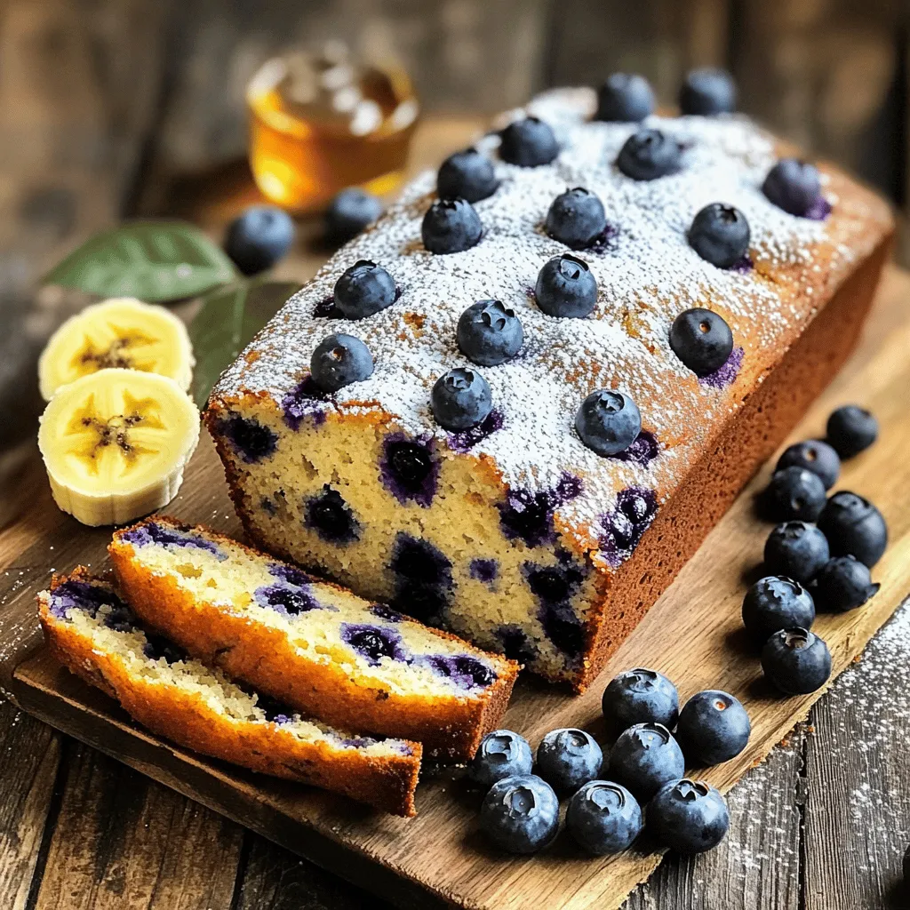 - 2 ripe bananas, mashed until smooth - 1 cup of fresh or frozen blueberries, plus extra for garnish - 1/2 cup Greek yogurt - 1/4 cup honey or maple syrup - 1/4 cup vegetable oil or melted coconut oil - 2 large eggs, at room temperature - 1 teaspoon vanilla extract - 1.5 cups all-purpose flour - 1 teaspoon baking soda - 1/2 teaspoon baking powder - 1/2 teaspoon salt - 1 teaspoon ground cinnamon - 1/2 cup chopped walnuts or pecans (optional) When you bake, precise measurements make a big difference. Use a kitchen scale for accuracy. If you want to make this recipe vegan, swap the eggs for flax eggs. Mix 1 tablespoon of ground flaxseed with 2.5 tablespoons of water. Let it sit for a few minutes until it thickens. For a gluten-free option, use gluten-free flour blends. They work well, but check the package for the best results. Adjust baking time if needed. If you're out of Greek yogurt, regular yogurt works too. You can even use applesauce for a lighter touch. These swaps keep the bread tasty and moist, just like the full recipe shows. Start by preheating your oven to 350°F (175°C). This step is key for even baking. While the oven warms up, prepare your 9x5-inch loaf pan. Grease it with butter or use non-stick spray. You can also line the pan with parchment paper. This helps with easy removal later. Next, mix the wet ingredients. In a large bowl, combine the mashed bananas, Greek yogurt, honey (or maple syrup), vegetable oil (or melted coconut oil), eggs, and vanilla extract. Stir well. You want a smooth mix. In a separate bowl, whisk the dry ingredients. This includes all-purpose flour, baking soda, baking powder, salt, and ground cinnamon. Make sure they mix evenly. Now, slowly add the dry mix to the wet mix. Stir gently. It’s okay to leave some lumps in the batter. This keeps the bread tender. Gently fold in the blueberries and any nuts you want. Use a spatula to ensure they spread throughout the batter. This way, each slice gets a burst of blueberry flavor. Pour the batter into your prepared loaf pan. Smooth the top with a spatula. This helps with even baking. Now, it’s time to bake. Place the pan in the oven and bake for 50-60 minutes. To check if it’s done, insert a toothpick in the center. If it comes out clean, your bread is ready. After baking, let the loaf cool in the pan for about 10 minutes. Then, move it to a wire rack to cool completely. This cooling step is very important before slicing. Follow these steps, and you will have a delightful Blueberry Banana Bread that is moist and flavorful! Want the full recipe? Check out the [Full Recipe]. To achieve the perfect texture in your blueberry banana bread, follow these tips: - Use ripe bananas for natural sweetness and moisture. - Measure flour carefully. Too much flour can make it dry. - Avoid overmixing the batter. Mix until just combined for a tender loaf. Common baking mistakes can ruin your bread. Here are a few to watch out for: - Forgetting to preheat the oven may lead to uneven baking. - Using cold eggs can affect the batter's mix. Always bring them to room temp. - Skipping the greasing step can cause the bread to stick to the pan. Sweetness is key in this recipe. If you want to improve it, consider these alternatives: - Substitute honey with agave syrup for a different flavor. - Use brown sugar instead of white sugar for a richer taste. You can also enhance the flavor with spices: - Add a pinch of nutmeg for warmth. - Try a dash of cardamom for a unique twist. Creative serving suggestions can elevate your bread. Here are a few ideas: - Slice the bread and serve it on a rustic wooden board. - Dust the top with powdered sugar for a sweet touch. - Drizzle honey over each slice for extra sweetness. Pairing ideas make it more enjoyable: - Serve with yogurt for breakfast. - Enjoy with a cup of tea for an afternoon snack. Try these tips to make your blueberry banana bread a delightful treat that looks as good as it tastes! For the complete recipe, check out the [Full Recipe]. {{image_4}} Vegan Blueberry Banana Bread To make a vegan version, swap the eggs for flax eggs. Mix 1 tablespoon of flaxseed meal with 2.5 tablespoons of water. Let it sit for five minutes. This simple change keeps your bread moist and tasty. Use plant-based yogurt instead of Greek yogurt. You can use almond or coconut yogurt, which works well. Replace honey with maple syrup for sweetness. This keeps the recipe fully vegan and delicious. Gluten-Free Recipe Modifications For a gluten-free version, use a gluten-free flour blend. Make sure your blend has xanthan gum. This helps with the bread's texture. You can also try almond flour or oat flour, but adjust the liquids. If the batter is too thick, add a bit more liquid. This will give you a soft, tasty bread that everyone can enjoy. Adding chocolate chips or citrus zest You can add chocolate chips for a sweet twist. Just fold in half a cup before baking. Dark chocolate pairs well with blueberries. For a citrusy note, add the zest of one orange or lemon. This brightens the flavor and adds a lovely aroma. Both options make the bread even more special. Seasonal fruit alternatives You can change the fruit based on the season. In spring, try diced strawberries or raspberries. In fall, chopped apples or pears work great. Each fruit gives a new taste and feel to the bread. This makes it fun to bake all year round. For the full recipe, check out the Blueberry Banana Bliss Bread. To keep your blueberry banana bread fresh, wrap it tightly in plastic wrap. This will help keep out air and moisture. Place the wrapped bread in an airtight container. Store it at room temperature for up to three days. You can also slice the bread before wrapping. This makes it easy to grab a slice later. If you want to keep it longer, freezing is a great option. To freeze blueberry banana bread, ensure it is completely cool. Wrap it tightly in plastic wrap, then in aluminum foil. This extra layer protects against freezer burn. You can freeze it for up to three months. When you’re ready to eat, just thaw it in the fridge overnight. When reheating, you can use either a microwave or an oven. If you're in a hurry, the microwave works well. Place a slice on a plate and heat it for 15 to 20 seconds. This warms it up nicely. For a better texture, the oven is a great choice. Preheat your oven to 350°F (175°C). Wrap the bread in aluminum foil to keep it moist. Heat it for about 10-15 minutes. This method helps maintain flavor and moisture. Enjoy your warm, delicious blueberry banana bread! How do I know when my bread is done? You can check the bread with a toothpick. Insert it into the center. If it comes out clean, your bread is done. The top should be golden brown and slightly firm to the touch. Can I use frozen bananas in the recipe? Yes, frozen bananas work great! Just thaw them before mashing. They will add moisture and sweetness. This is a good way to use overripe bananas too. What can I use instead of eggs in this recipe? You can use a few options. Consider using flaxseed meal mixed with water. Two tablespoons of flaxseed and three tablespoons of water equal one egg. Applesauce or mashed banana can also work well. How to enhance the nutritional value Add nuts or seeds for healthy fats and protein. You can also swap regular flour for whole wheat flour. This change boosts fiber content. Consider adding chia seeds or flaxseeds for extra nutrients. Best ways to serve blueberry banana bread Serve warm with a pat of butter. You can also enjoy it with a dollop of Greek yogurt on top. Fresh berries or banana slices make great garnishes. For a twist, drizzle honey or maple syrup for sweetness. This blog covered how to make delicious blueberry banana bread. I shared ingredients, measurements, and easy steps. You learned about tips, flavor variations, and storage info. Baking can be fun and rewarding, especially with this recipe. Try adding your favorite nuts or spices for a twist. Enjoy your baking journey and share this yummy treat with friends! The joy of making and sharing food brings everyone closer. Happy baking!