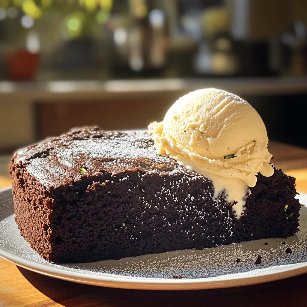 To make a rich and moist chocolate zucchini cake, you need simple ingredients. Each one plays a key role in creating this delightful treat. The grated zucchini adds moisture and makes the cake tender without tasting like vegetables. - 1 ½ cups all-purpose flour - ½ cup unsweetened cocoa powder - 1 teaspoon baking soda - ½ teaspoon baking powder - ¼ teaspoon salt - 1 teaspoon ground cinnamon - ½ cup vegetable oil - 1 cup granulated sugar - 2 large eggs - 1 teaspoon pure vanilla extract - 1 ½ cups finely grated zucchini - ½ cup creamy Greek yogurt - ½ cup semi-sweet chocolate chips (optional) Each ingredient contributes to the cake's flavor and texture. Flour gives structure, while cocoa powder provides that rich chocolate taste. Baking soda and baking powder help the cake rise. Salt and cinnamon enhance all the flavors. Vegetable oil keeps the cake moist, and sugar adds sweetness. Eggs bind everything together and create a light texture. Pure vanilla extract boosts the cake's aroma. Zucchini not only adds moisture but also sneaks in some veggies. The Greek yogurt gives a creamy tang, while chocolate chips add a fun burst of chocolate. With this list, you are ready to dive into making your own chocolate zucchini cake. For the full recipe, check out the details above! Start by preheating your oven to 350°F (175°C). This step ensures the cake bakes evenly. Next, grab a 9x9-inch baking pan. You can grease it with butter or spray. Another option is to line it with parchment paper. This makes it easy to take the cake out later. Now, let’s combine the dry ingredients. In a medium bowl, sift together the flour, cocoa powder, baking soda, baking powder, salt, and cinnamon. Whisk these until they mix well. This step helps the cake rise and have a nice texture. Set the bowl aside for a moment. In a large bowl, blend the vegetable oil and granulated sugar. Mix them until they are smooth. Next, add the eggs and vanilla extract. Beat this mixture with a whisk or mixer. You want it creamy and well combined. This mix will keep the cake moist and flavorful. Now, it’s time to bring everything together. Gradually add the dry ingredients to the wet mixture. Stir gently, making sure not to over-mix. This will help your cake stay soft. Next, add in the finely grated zucchini and Greek yogurt. Gently fold these in until they are fully blended. If you like, toss in semi-sweet chocolate chips for extra flavor. Pour the rich batter into your prepared baking pan. Use a spatula to spread it out evenly. This helps the cake bake uniformly and rise nicely. You can find the complete recipe for this delicious chocolate zucchini cake [here](Full Recipe). Preheat your oven to 350°F (175°C). Grease a 9x9-inch pan with butter. You can also use parchment paper for easy removal. Pour in your cake batter and spread it evenly. Bake for 30-35 minutes. Check if your cake is done by using a toothpick. Insert it in the center of the cake. If it comes out clean or with a few moist crumbs, your cake is ready. This step is key to avoid underbaking. After baking, take the cake out of the oven. Let it cool in the pan for about 10 minutes. Then, move it to a wire rack. Cooling helps keep the cake moist. This step is important to prevent sogginess. Enjoy the rich aroma while it cools! For the full recipe, visit the complete section. {{image_4}} The key to a great chocolate zucchini cake is not over-mixing. When you mix too much, you make the cake tough. Mix just until you see no dry flour. This keeps the cake light and moist. Remember, the zucchini adds moisture but also needs careful handling. Serve your cake warm or at room temperature. A dollop of whipped cream on top makes it extra special. You could also add a scoop of ice cream. Vanilla pairs well with chocolate. Fresh fruit like raspberries or strawberries adds a nice touch. Make your cake look as good as it tastes! You can lightly dust the top with powdered sugar or cocoa powder. This adds an elegant finish. Consider adding chocolate shavings on top for a lovely touch. Serve it on a nice plate to impress your guests. For the full recipe, check the section above. You can easily make this cake gluten-free. Just swap the all-purpose flour for a gluten-free blend. Many brands work well, so choose one you like. For a dairy-free version, replace the Greek yogurt with a dairy-free yogurt. You can also use plant-based oil instead of vegetable oil. These changes keep the cake rich and moist, just like the original. Add some crunch by mixing in nuts. Chopped walnuts or pecans bring a nice texture. If you want more chocolate flavor, try using dark chocolate or milk chocolate chips. You can even melt chocolate and swirl it into the batter for a delightful twist. Feel free to get creative with your favorite types of chocolate. Spice it up by adding a pinch of nutmeg or ginger. These spices add warmth and depth to the cake. You can also try a splash of espresso powder for a coffee flavor. This cake is versatile, so don't be afraid to experiment with different spices to find your perfect blend. Each variation can change the taste while keeping it delicious. To keep your chocolate zucchini cake fresh, wrap it well. Use plastic wrap or foil. Place the cake in an airtight container if you have one. Store it in the fridge for up to five days. This keeps the cake moist and tasty. If you want to enjoy the cake later, freezing is a great option. You can freeze slices of this cake to enjoy later. First, let the cake cool completely. Next, cut it into slices. Wrap each slice in plastic wrap. Then, place the wrapped slices in a freezer-safe bag. Make sure to remove as much air as you can. This way, the cake stays fresh for up to three months. When you're ready to eat, just thaw it in the fridge overnight. The chocolate zucchini cake stays fresh for about five days at room temperature. If you store it in the fridge, it can last up to a week. Freezing it gives you a longer shelf life of three months. Enjoy it at its best by storing it properly! For the full recipe, check out the details above. This blog post covered a delicious zucchini cake recipe. We explored ingredients, mixing steps, and baking tips. You learned how to make this cake moist and flavorful. Remember to avoid over-mixing for the best texture. Feel free to experiment with flavors and substitutions. Also, don't forget storage tips to keep your cake fresh. Enjoy this recipe, and make it yours! Your baking journey can be fun and rewarding with this easy guide.