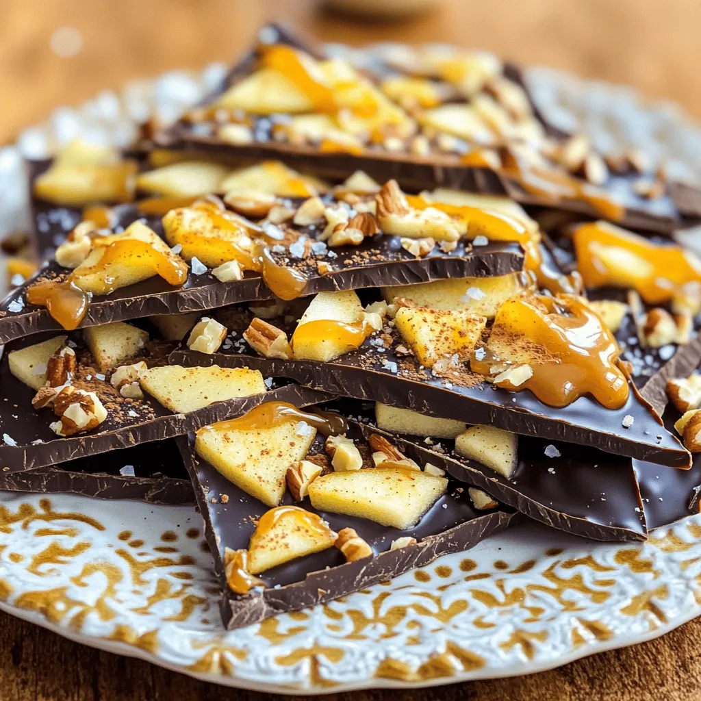 - 2 cups apple chips - 1 cup semi-sweet chocolate chips - 1/2 cup creamy caramel sauce - 1/4 teaspoon ground cinnamon - 1/4 cup finely chopped nuts (such as walnuts or pecans) - Flaky sea salt for finishing The main ingredients create a tasty base for your bark. Apple chips give a nice crunch and fruity flavor. Semi-sweet chocolate chips melt smoothly. Creamy caramel sauce adds sweetness and a rich texture. For extra flavor, I love adding ground cinnamon. It warms the dish and gives it a cozy feel. Chopped nuts like walnuts or pecans add a nice crunch and depth. Finally, a sprinkle of flaky sea salt brings out the sweetness. These ingredients come together to make a festive treat. The combination of flavors and textures is simply irresistible. You can find the full recipe for a step-by-step guide to making this sweet delight! First, line a baking sheet with parchment paper. This step helps the bark release easily. Next, prepare your workspace. Clear any clutter to keep things easy and fun. Take a microwave-safe bowl and add the chocolate chips. Heat them in the microwave in 30-second increments. After each burst, stir well. Keep doing this until the chocolate is smooth. Once the chocolate is melted, pour it onto the baking sheet. Use a spatula to spread it evenly across the sheet. Now, add the apple chips on top of the chocolate. Make sure every bite has some apple. Drizzle caramel sauce over the chips. This adds a nice, sweet layer. In a small bowl, mix the ground cinnamon with the chopped nuts. Sprinkle this mixture over the caramel and apple chips. Finally, add a pinch of flaky sea salt on top to balance the sweetness. Place the baking sheet in the refrigerator. Chill the bark for about 30 minutes. This time allows the chocolate and caramel to set properly. Once it is set, break the bark into pieces. You can do this by hand or with a knife. Enjoy your homemade Caramel Apple Bark! For the full recipe, check the guide above. To get the best texture and flavor in your caramel apple bark, start with the chocolate. Spread it evenly on the baking sheet. This makes sure each bite is perfect. Use high-quality chocolate and caramel. The better the ingredients, the better your bark will taste. Feel free to get creative! You can try different nuts or toppings. Walnuts and pecans add a nice crunch. Want more flavor? Add a splash of vanilla to the caramel. It gives a warm, sweet taste that blends well with the apple. Make your bark look as good as it tastes. Arrange it on a decorative platter. A nice display catches the eye. Drizzle extra caramel on top for a touch of elegance. You can add some chopped nuts or a sprinkle of cinnamon around the bark to make it pop. {{image_4}} You can add dried cranberries to your caramel apple bark. They bring a fun, festive look and taste. The tartness of cranberries really pairs well with the sweet caramel and apple. You can also use seasonal spices like nutmeg or ginger. These spices add warmth and depth, perfect for fall flavors. If you want to change things up, try using dark chocolate or white chocolate. Each type gives a unique taste. Dark chocolate has a rich flavor, while white chocolate adds creaminess. You can also use sugar-free chocolate options. This is a great choice if you want a healthier dessert that still tastes amazing. For gluten-free adaptations, check that your chocolate and caramel contain no gluten. Many brands offer gluten-free options. If you need vegan alternatives, look for plant-based caramel and chocolate. There are many good choices today that taste just as rich and sweet. This way, everyone can enjoy the deliciousness of caramel apple bark. To keep your caramel apple bark fresh, store it in an airtight container. This will help prevent air and moisture from ruining the texture. Place a piece of parchment paper between layers if you stack them. Keep it in a cool, dry place away from heat and sunlight for the best results. How long does caramel apple bark last? When stored properly, it lasts about two weeks. You will know it has gone bad if you see mold or if it smells off. The chocolate may also lose its shine, and the caramel can become sticky. Can caramel apple bark be frozen? Yes, you can freeze it! Wrap it tightly in plastic wrap, then place it in a freezer bag. This will keep it fresh for up to three months. When you're ready to enjoy it, thaw it in the fridge overnight. Avoid using a microwave, as it can change the texture and make it too soft. Caramel apple bark is a sweet treat that combines chocolate, apple chips, and caramel. It has a crunchy texture and a mix of flavors. You get the richness of chocolate, the tang of apples, and the sweetness of caramel. Each bite offers a delightful taste of fall. Yes, you can make caramel apple bark ahead of time. Store it in an airtight container at room temperature or in the fridge. This keeps it fresh and tasty. If you want to enjoy it later, it can last up to two weeks. Just make sure it's well-sealed to prevent it from getting soft. You can enhance the flavor by adding a few extra ingredients. Consider mixing in some chopped nuts for crunch. You can also add a sprinkle of nutmeg or ginger for warmth. Drizzling some extra caramel on top gives it a beautiful finish and boosts the sweetness. You can find pre-made caramel apple bark at many stores. Look for it in candy sections at places like Target or Walmart. Some specialty shops or local candy stores may have their own versions. Online retailers like Amazon also offer different brands, allowing you to choose what you love. For a homemade option, check the Full Recipe for making your own! Caramel apple bark is a delightful treat made with simple ingredients. You learned about the main components like apple chips, chocolate, and caramel. The steps to make it are easy, from melting chocolate to chilling it. Customization lets you add your favorite nuts or spices. Store it right, and it stays fresh longer. Enjoy making this fun snack. The mix of flavors and textures will impress friends and family. Experiment with variations to find your favorite. Happy snacking!