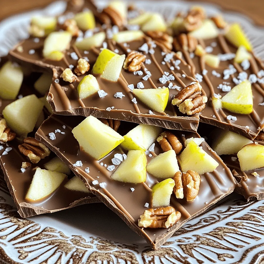 To make the perfect caramel apple bark, you will need a few simple ingredients. Here’s what you need: - 2 cups milk chocolate chips - 1 cup white chocolate chips - 1 large Granny Smith apple, diced - 1/2 cup caramel sauce - 1/4 cup chopped pecans or walnuts (optional) - Sea salt, for sprinkling Each ingredient plays a key role in creating the sweet and salty balance of flavors. The milk chocolate gives a creamy base, while the white chocolate adds a touch of sweetness. The Granny Smith apple brings a tart crunch that contrasts well with the rich caramel. You can use store-bought caramel sauce for ease or make your own if you're feeling adventurous. Chopped nuts like pecans or walnuts add a nice crunch, but they are optional. A sprinkle of sea salt at the end ties everything together, enhancing the sweetness and adding depth to each bite. For the full recipe, check out the detailed instructions on how to create this delightful treat! To start, you need to melt the milk chocolate. Take a microwave-safe bowl and add 2 cups of milk chocolate chips. Heat them in the microwave. Set the timer for 30 seconds. Then, stir the chocolate well. Repeat this until it melts and becomes smooth. Next, you will melt the white chocolate. Use a clean bowl for this. Add 1 cup of white chocolate chips. Again, heat in 30-second intervals. Stir after each time. Keep going until the white chocolate is fully melted. Now, let’s get the baking sheet ready. Take a baking sheet and line it with parchment paper. Make sure the paper covers the whole bottom and sides. This step is key. It helps you remove the bark easily later. Once your baking sheet is ready, it’s time to create the chocolate layers. Pour the melted milk chocolate onto the baking sheet. Use a spatula to spread it out evenly. Aim for about 1/4 inch thick. After that, chill the chocolate. Place the baking sheet in the fridge for about 15 minutes. Wait until the chocolate feels firm to the touch. Next, drizzle the caramel. Once the milk chocolate is set, pour 1/2 cup of caramel sauce over it. Spread it evenly. Then, add the diced apples. Use 1 large Granny Smith apple and scatter it on top. If you like nuts, sprinkle 1/4 cup of chopped pecans or walnuts over the apples. Now, it’s time to add the white chocolate layer. Drizzle the melted white chocolate over the caramel and apples. You can use a spatula or spoon to swirl it. This makes a nice marbled effect. Chilling is important for this recipe. After layering, sprinkle a little sea salt over the top. This adds a great flavor. Then, return the bark to the fridge for another 30 minutes. This helps everything set properly. Finally, once the bark is set, take it out. Use your hands to break it into bite-sized pieces. Enjoy your delicious caramel apple bark! For the full recipe, refer to the main article. Ensuring smooth chocolate melting To melt chocolate well, use a microwave-safe bowl. Heat the chocolate in short bursts. Stir after each burst. This helps keep the chocolate smooth. If you overheat it, the chocolate may clump. Proper chilling techniques Chill the bark on a flat surface. This helps it set evenly. If your fridge is too full, use a clean shelf. Avoid opening the fridge often. This keeps the temperature steady. The benefits of sea salt Adding sea salt makes flavors pop. The salt cuts through the sweetness. It gives a nice balance to your bark. Just a sprinkle will do the trick. Customizing with additional toppings You can add fun toppings to your bark. Try crushed pretzels for crunch. Dried fruits like cranberries also work well. Get creative! Mix and match to suit your taste. Serving suggestions Display the bark on a pretty plate. You can cut it into squares or shapes. Garnish with apple slices or nuts for a nice touch. This makes it look more inviting. Gift wrapping ideas Wrap pieces in clear bags. Tie them with a ribbon for a sweet gift. You could also use festive boxes. This makes your bark a perfect homemade present. For the full recipe, check out the complete instructions above. Enjoy your caramel apple bark! {{image_4}} You can play with the flavors of your caramel apple bark. Here are some ideas: - Using dark chocolate instead of milk chocolate: Dark chocolate gives a richer taste. It pairs well with the sweet caramel and tart apples. You might find this combo even more delightful. - Adding different fruits or toppings: Get creative! You can use dried cranberries, raisins, or even banana slices. Each fruit adds its own twist to the bark. Try adding crushed cookies for a crunch or a sprinkle of cinnamon for warmth. If you have dietary needs, you can still enjoy this treat. - Vegan options for chocolate and caramel: Use dairy-free chocolate chips and vegan caramel. This way, the bark remains tasty and guilt-free. - Nut-free alternatives: If you need to avoid nuts, skip the pecans or walnuts. You can replace them with seeds like pumpkin or sunflower seeds for added texture. This keeps the bark safe for those with nut allergies. Explore these variations to make your caramel apple bark unique and delicious! To keep your caramel apple bark fresh, use airtight containers. This will prevent moisture from ruining its texture. Layer parchment paper between pieces to avoid sticking. Store it in a cool, dry place away from heat. You can keep it at room temperature for up to a week. For longer freshness, the fridge is a great option. Just remember to let it warm up a bit before eating. If you want to freeze your caramel apple bark, wrap it tightly in plastic wrap. Then, place it in an airtight container or a freezer bag. This helps protect it from freezer burn. You can freeze it for up to three months. When ready to enjoy, thaw it in the fridge overnight. Avoid microwaving to prevent melting. Enjoy your tasty treat as if it was just made! You can try several apple types. Honeycrisp apples work well for their sweet and crisp texture. Fuji apples are also a great choice for a sweeter bite. Braeburn apples have a nice balance of sweet and tart, making them another good option. If you prefer softer apples, go for Gala or Red Delicious. Each variety brings a unique flavor to your caramel apple bark. Yes, you can make this recipe ahead of time. Prepare the caramel apple bark and store it in an airtight container. It stays fresh for up to a week at room temperature. For best results, keep it in a cool place, away from heat. If you need it for a special event, make it two to three days in advance. This way, you save time on the day of your gathering. Absolutely! Making your caramel sauce at home is easy and fun. To make it, you need sugar, butter, and cream. Start by melting the sugar in a pan over medium heat. Stir until it turns golden brown. Next, add butter and mix until melted. Finally, slowly pour in the cream while stirring. Let it cool before using it in your bark. Homemade caramel adds a personal touch to your treat! This article walks you through making delicious caramel apple bark. We covered the key ingredients like chocolate, apples, and nuts. You learned to melt chocolate, prepare a baking sheet, and chill your treat properly. I shared tips to avoid mistakes and enhance flavor. We also explored fun variations and storage tips. Now, you can enjoy a sweet snack or a thoughtful gift. Try it out and get creative with your toppings! Happy baking!
