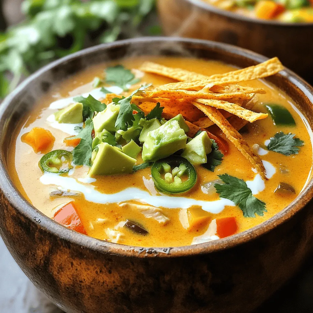 To make creamy chicken enchilada soup, gather these key items: - 2 tablespoons of olive oil - 1 medium onion, finely diced - 3 cloves of garlic, minced - 1 bell pepper (any color), diced into small pieces - 1 jalapeño, minced (optional, based on desired spice level) - 2 cups of cooked chicken, shredded into bite-sized pieces - 4 cups of rich chicken broth - 1 can (15 oz) black beans, rinsed thoroughly and drained - 1 can (15 oz) sweet corn, drained - 1 can (10 oz) red enchilada sauce - 1 cup heavy cream (or substitute with coconut cream for a dairy-free option) - 1 teaspoon ground cumin - 1 teaspoon chili powder - Salt and black pepper, to taste - Fresh cilantro, chopped (for garnish) - Avocado, diced (for garnish) - Tortilla strips, crispy (for garnish) Want to make the soup even tastier? Try adding these ingredients: - Fresh lime juice for a zesty kick - Shredded cheese like cheddar or Monterey Jack - Sour cream or Greek yogurt for creaminess - Sliced green onions for a fresh crunch You can swap ingredients to fit your diet: - Use vegetable broth instead of chicken broth for a vegetarian option. - Replace heavy cream with cashew cream for a vegan choice. - Use quinoa or lentils instead of chicken for a protein boost without meat. - Omit the jalapeño for a milder soup. This soup is flexible and can fit many dietary needs. You can find the full recipe to guide you through the cooking process. Start by gathering all your ingredients. This makes cooking smooth and fun. You need: - 2 tablespoons of olive oil - 1 medium onion, finely diced - 3 cloves of garlic, minced - 1 bell pepper (any color), diced - 1 jalapeño, minced (optional) - 2 cups of cooked chicken, shredded - 4 cups of chicken broth - 1 can of black beans, rinsed - 1 can of sweet corn, drained - 1 can of red enchilada sauce - 1 cup heavy cream (or coconut cream) - 1 teaspoon ground cumin - 1 teaspoon chili powder - Salt and black pepper - Fresh cilantro and avocado for garnish - Crispy tortilla strips Chop the onion, bell pepper, and jalapeño. Mince the garlic. Shred the chicken if needed. Set these aside for easy access. In a large pot, warm the olive oil over medium heat. Once hot, add the diced onion. Sauté until the onion is clear, about 4 to 5 minutes. Then, add the minced garlic, diced bell pepper, and jalapeño. Cook until the veggies are soft, about 3 to 4 minutes. Add the shredded chicken, chicken broth, black beans, corn, and red enchilada sauce. Stir well to mix everything. Bring the soup to a gentle simmer. Let it cook uncovered for 10 to 15 minutes. This helps the flavors blend together. After simmering, lower the heat and stir in the heavy cream (or coconut cream). Add the cumin, chili powder, and season with salt and black pepper. Taste and adjust as needed. Let it simmer for 5 more minutes for extra creaminess. To get the perfect soup, keep an eye on the heat. If it's too hot, it may not thicken as you want. If it's too cool, it might not cook through. Stir regularly to prevent sticking. If the soup is too thick, add more chicken broth until you reach your desired texture. For a heartier soup, add more beans or chicken. You can find the full recipe for creamy chicken enchilada soup. Enjoy making this dish! To boost the taste of your creamy chicken enchilada soup, try these tips: - Use fresh herbs like cilantro for bright flavor. - Add a squeeze of lime juice for a zesty kick. - Experiment with smoked paprika for a deeper taste. - Top your soup with crumbled queso fresco or feta cheese. Each of these additions brings a unique twist, making the soup even more delicious. Avoid these common pitfalls for the best results: - Don’t skip sautéing the onion and garlic. This step builds a strong base flavor. - Be careful not to add too much cream too early. You want the soup to thicken gradually. - Avoid overcooking the chicken. It can become dry and tough. Ensure it remains tender and juicy. Staying mindful of these mistakes can help you create a perfect dish every time. Pair your creamy chicken enchilada soup with these tasty options: - Serve with warm, crusty bread for dipping. - Offer a side of simple green salad for a fresh contrast. - Add tortilla chips for crunch and extra flavor. These pairings complement your soup and create a well-rounded meal. For more ideas, check out the Full Recipe. {{image_4}} You can easily make Creamy Chicken Enchilada Soup vegetarian or vegan. To do this, swap the chicken for beans or tofu. Use vegetable broth instead of chicken broth for a rich flavor. You can add extra veggies like zucchini or mushrooms for added texture and taste. For a vegan twist, replace heavy cream with coconut cream. This keeps the soup creamy while making it plant-based. If you like heat, add more jalapeños or a dash of hot sauce. You can also include diced green chilies for a different spice level. For an extra kick, top your soup with sliced fresh chili peppers. These toppings will bring bold flavors and heat to your bowl. Consider a sprinkle of cayenne pepper in the soup base for a deeper spice. To make this soup low-carb, replace corn with diced cauliflower. This keeps the soup hearty without the carbs. You can also skip the beans or use black soybeans as a low-carb option. Opt for heavy cream to add richness without extra carbs. This way, you get a creamy soup that fits your low-carb diet while still tasting amazing. For even more ideas, check the Full Recipe for variations! After enjoying your creamy chicken enchilada soup, let any leftovers cool. Store the soup in an airtight container. This keeps it fresh and tasty. Be sure to refrigerate within two hours. Proper storage helps prevent spoilage. Enjoy your leftovers within three to four days for the best flavor. Reheating is easy! Pour your soup into a pot. Heat over medium-low heat. Stir often to avoid sticking. It should warm up in about 5 to 10 minutes. You can also microwave it. Place the soup in a microwave-safe bowl. Heat for 1 to 2 minutes, stirring halfway through. Check the temperature before serving. Want to save some for later? Freezing works well! Let the soup cool completely first. Then, transfer it to freezer-safe containers. Leave some room at the top for expansion. You can freeze the soup for up to three months. When ready to eat, thaw it in the fridge overnight before reheating. For detailed steps, check the Full Recipe. To reheat leftover soup, use a pot on the stove. Heat over medium and stir often. This warms the soup evenly and keeps it from burning. You can also use the microwave. Place the soup in a bowl and cover it loosely. Heat in 30-second bursts, stirring in between. Make sure it’s hot all the way through before serving. Yes, you can make this soup ahead of time. It tastes even better the next day! Just store it in an airtight container in the fridge. When you are ready to eat, simply reheat it as described above. If you plan to freeze it, do so before adding the cream. Add the cream when you reheat for the best taste. You can adjust the spice level easily. For a milder soup, skip the jalapeño. Use less chili powder too. If you love heat, add more jalapeño or chili powder. You can also add a pinch of cayenne for extra kick. Taste as you go to find your perfect level. You can find the full recipe [here](#). This link will guide you to all the details you need to make this creamy chicken enchilada soup. Enjoy cooking! This blog post covered the key ingredients for making a great soup. I shared essential and optional ingredients, plus substitutions for dietary needs. The step-by-step instructions guide you from prep to perfect cooking. I included tips to boost flavor and avoid mistakes. You can try fun variations, store leftovers wisely, and easily reheat them later. As you explore creative options and storage ideas, I hope you enjoy making this soup your own. Keep experimenting with flavors and ingredients to find what you love most!