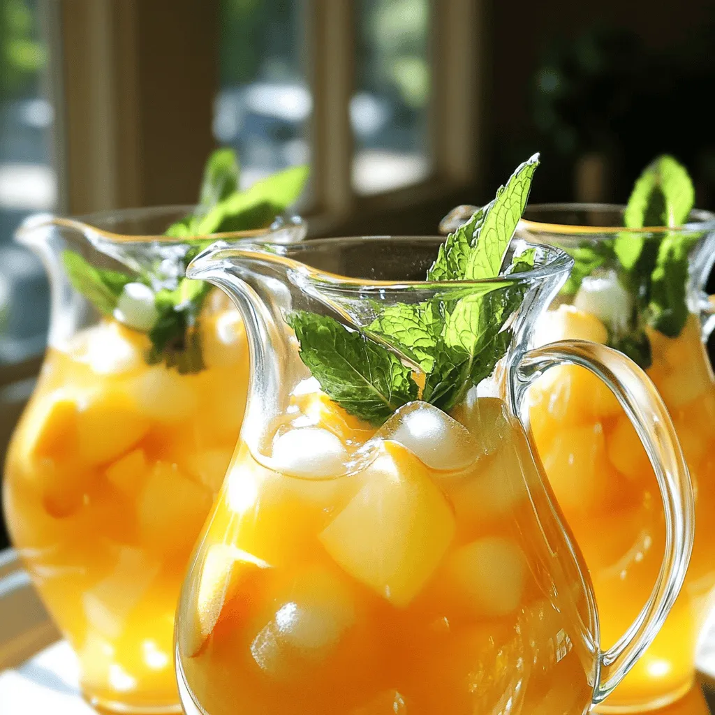 - 4 ripe peaches - 4 cups of water - 4 tablespoons of loose black tea leaves or 4 black tea bags - 2 tablespoons of honey - 1 tablespoon of freshly squeezed lemon juice - Fresh mint leaves for garnish - Ice cubes To make the best peach tea, start by gathering fresh ingredients. Ripe peaches are key. They should be sweet and juicy. Use four peaches for a strong flavor. You will also need four cups of water. Choose filtered water for the best taste. Black tea gives your drink a rich base. You can use loose tea or tea bags, whichever you prefer. Honey adds sweetness. You can adjust the amount based on your taste. Lemon juice brightens the drink and adds a nice zing. For garnish, fresh mint leaves give a lovely touch. Don't forget ice cubes to chill your tea! - Other fruit purees (e.g., mango, raspberry) - Different tea varieties (green, herbal) - Sweeteners (agave syrup, sugar) If you want to get creative, add more fruits! Mango or raspberry purees work well. You can also switch the tea type. Green or herbal teas can offer different flavors. For sweeteners, try agave syrup or sugar. Each choice can change the taste. Feel free to mix and match to find your favorite! Remember, this peach tea should be fun and refreshing, so enjoy experimenting! 1. Start by pouring 4 cups of water into a medium saucepan. 2. Heat the water over medium flame until it boils. This step is crucial as boiling water helps release the tea's flavor. 3. Once the water boils, carefully remove the saucepan from heat. 4. Add 4 tablespoons of loose black tea leaves or 4 black tea bags to the hot water. 5. Let the tea steep for 5-7 minutes. Adjust the steeping time based on how strong you like your tea. 1. While the tea steeps, prepare the peach puree. 2. Take 4 ripe peaches, pitted and thinly sliced. 3. Place the sliced peaches and 2 tablespoons of honey into a blender. 4. Blend the mixture on high until smooth. A smooth puree will mix well into the tea. 1. After steeping, strain the tea into a large pitcher. This removes the tea leaves or bags. 2. Mix in the peach puree and 1 tablespoon of freshly squeezed lemon juice. 3. Stir well until everything is combined. The flavors should blend perfectly. 4. Allow the tea mixture to cool at room temperature. 5. Cover and refrigerate for at least 1 hour to chill. 6. To serve, fill glasses with ice cubes. Pour the chilled peach tea over the ice. 7. For a decorative touch, add fresh mint leaves to each glass. Enjoy this peachy summer bliss tea with your friends and family! If you want to see all the steps in one place, check out the Full Recipe. To make your peach tea just right, start with sweetness. I like to adjust the amount of honey based on how sweet I want it. You can always add more honey later. For the best flavor, use fresh, ripe peaches. They give the tea a vibrant taste and aroma. When serving your tea, choose clear glasses. This lets the beautiful peach color shine through. You can also add a slice of peach on the rim for a fun touch. Fresh mint leaves make a nice garnish too, adding color and a hint of fresh flavor. Want to mix things up? You can add herbs like basil or rosemary for a twist. They give your tea an extra layer of flavor. You can also enjoy peach tea hot or cold, depending on your mood. Hot tea is cozy, while cold tea is refreshing on a warm day. {{image_4}} If you want to add some fun to your peach tea, try making a peach tea cocktail. You can mix it with vodka or gin for a refreshing twist. Just pour your peach tea into a shaker with ice, add your choice of spirit, and shake well. Strain it into a glass and enjoy! This adds a grown-up flair to your drink. For those who want a caffeine-free drink, you can use herbal or green tea instead. Simply swap out the black tea with your favorite herbal blend. Adjust the steeping times, as herbal teas often require shorter brewing times. This way, you still get a tasty peach tea without the caffeine buzz. You can also play with different peach flavors. Try using grilled or roasted peaches for a smoky taste. Just grill the peaches before blending them into your puree. You can also explore flavored teas, like peach or apricot. These will add another layer of flavor to your drink. Enjoy experimenting with these variations to find your perfect peach tea recipe! For the full recipe, check out the Easy Peach Tea Refreshing and Simple Recipe Guide. To keep your peach tea fresh, store it in an airtight container. This helps keep out odors and moisture. Make sure the tea is cool before sealing it. I like to use a glass pitcher. It looks nice, and it keeps the tea fresh. The tea can last up to a week in the fridge. Always check for any signs of spoilage before serving. You can freeze peach tea for longer storage. Pour the tea into ice cube trays or freezer-safe bags. This makes it easy to use later. When you want to enjoy it again, simply thaw it in the fridge overnight. You can also run the bag under warm water for a quick thaw. Peach tea stays fresh for about 5 to 7 days in the fridge. If it smells sour or has a strange color, it’s best to throw it away. Signs of spoilage include a cloudy appearance or off-flavors. Enjoy your peach tea while it’s fresh for the best taste. For the full recipe, check out the section above. To make Easy Peach Tea, follow these simple steps: 1. Pour 4 cups of water into a medium saucepan. Heat over medium flame until boiling. 2. Remove the saucepan from heat once boiling. Add 4 tablespoons of loose black tea leaves or 4 black tea bags to the water. Let it steep for 5-7 minutes. 3. While the tea is steeping, prepare the peach puree. Blend 4 sliced peaches with 2 tablespoons of honey until smooth. 4. Strain the brewed tea into a large pitcher to remove tea leaves or bags. 5. Mix in the peach puree and 1 tablespoon of freshly squeezed lemon juice. Stir well to combine the flavors. 6. Cool the tea mixture to room temperature. Cover and refrigerate for at least 1 hour. 7. Serve the chilled tea over ice cubes, garnished with fresh mint leaves. This method gives you a refreshing drink that highlights juicy peaches and rich tea flavors. Yes, you can use frozen peaches! They work well in peach tea. However, the taste and texture might change slightly. Frozen peaches tend to be softer than fresh ones. When blended, they create a smooth puree just like fresh peaches. The overall flavor may be less vibrant, but you can still enjoy a delicious drink. Just remember to thaw them first for the best results. Absolutely, you can make Peach Tea without honey. If you prefer a different sweetener, try agave syrup or sugar. You can also omit sweeteners altogether if you like a less sweet drink. Adjust the amount based on your taste. If you want a natural sweetness, consider adding more peaches to the puree. This will still give you a yummy peach flavor without the honey. You can make delicious peach tea at home with ripe peaches, black tea, and honey. The process is simple, starting with boiling water and blending the peaches. Don't forget to experiment with add-ins like other fruits or herbs. Enjoy variations with alcohol or different teas to suit your taste. With proper storage, your homemade peach tea will stay fresh and tasty. So, dive into this refreshing drink and let your creativity shine. You’ll impress your friends and family with your tasty creations!