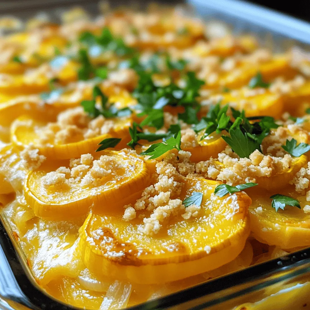 - 4 cups yellow squash, sliced into 1/4-inch rounds - 1 cup onion, finely chopped - 1 cup sharp cheddar cheese, shredded - 1 cup sour cream - 1 cup buttery crackers, crushed (like Ritz) - 2 large eggs, beaten - 1/4 cup unsalted butter, melted - 1 teaspoon garlic powder - Salt and pepper, to taste The star of Trisha Yearwood's squash casserole is the yellow squash. It brings a mild, sweet flavor and a soft texture. I love using fresh squash, but you can also use frozen. Next, we have onion and garlic powder. They add a lovely depth to the dish. Sharp cheddar cheese gives it a rich taste and creamy texture. I always suggest using real sour cream, as it makes the casserole extra smooth. Buttery crackers, like Ritz, provide a crunchy topping. They contrast nicely with the soft filling. Eggs act as a binder, holding everything together. Lastly, salt and pepper enhance the flavor, so don't skip them. - Fresh parsley For a pop of color and freshness, I like to sprinkle fresh parsley on top. It makes the dish look inviting and adds a hint of herby flavor. This simple touch can elevate your casserole. You can find the full recipe to make this delightful dish easily at home. - Preheat the oven to 350°F (175°C). - In a large skillet, add a splash of water and bring it to a simmer. - Add the sliced yellow squash and chopped onion. - Steam the vegetables until the squash is tender, about 5-7 minutes. - Drain off any extra water. This helps keep your casserole from being watery. - In a big mixing bowl, combine the steamed squash and onion with: - 4 cups yellow squash, sliced - 1 cup onion, chopped - 1 cup sharp cheddar cheese, shredded - 1 cup sour cream - 1 cup buttery crackers, crushed - 2 large eggs, beaten - 1/4 cup unsalted butter, melted - 1 teaspoon garlic powder - Salt and pepper, to taste - Stir everything together until it is well mixed. You want a creamy texture for the casserole. - Lightly grease a 9x13 inch baking dish with cooking spray or butter. - Pour the mixture into the dish and spread it out evenly. - Place the baking dish in your preheated oven and bake for 25-30 minutes. - Check for doneness by looking for a golden brown top. This method ensures a flavorful and simple dish. For the full recipe, you can refer to the earlier section. To make Trisha Yearwood's squash casserole perfect, focus on a few key steps. - Avoiding a watery casserole: After steaming the squash and onion, drain any extra water. If you skip this, the casserole will turn out mushy. - Achieving a golden topping: Bake the casserole until the top is golden brown, about 25-30 minutes. This adds a nice crunch and enhances the flavor. When it comes to serving, I have a few favorites. - Ideal pairings for the dish: This casserole goes well with a light salad or grilled chicken. The fresh flavors balance the richness of the casserole. - Serving straight from the oven: Serve it hot, right from the oven. The warm, bubbly cheese makes for a delightful experience. You can even sprinkle fresh parsley on top for a pop of color. For the complete experience, be sure to try the full recipe. {{image_4}} You can easily swap out some ingredients in Trisha Yearwood's squash casserole. For cheese, try using mozzarella or pepper jack. These cheeses can add a fun twist. If you want more color and flavor, add diced zucchini or bell peppers. They mix well with the squash and bring extra nutrients. If you need a gluten-free option, replace the buttery crackers with gluten-free crumbs. This keeps the texture while meeting dietary needs. For a vegan version, substitute eggs with flaxseed meal and dairy with plant-based yogurt. These swaps allow everyone to enjoy this tasty dish without missing out on flavor. To keep your squash casserole fresh, store it in the fridge. Use an airtight container. It can last up to three days. If you want longer storage, freeze it. Divide it into portions and place them in freezer bags. Remove excess air to prevent freezer burn. The casserole can stay good for up to three months in the freezer. When it's time to enjoy your leftovers, reheating is key. The best way is to use an oven. Preheat the oven to 350°F (175°C). Place the casserole in a baking dish. Cover it with foil to maintain moisture. Bake for about 20 minutes or until hot. If you prefer, you can use a microwave. Heat individual portions for about one to two minutes. Just be careful not to overcook, as it can dry out the dish. Enjoy your flavorful squash casserole again! Step-by-step overview: Making this casserole is easy and fun. Here are the steps: 1. Preheat Your Oven: First, set your oven to 350°F (175°C). This helps the casserole cook evenly. 2. Prepare the Vegetables: In a large skillet, add a splash of water. Bring it to a simmer. Add the sliced yellow squash and chopped onion. Steam them for about 5-7 minutes until tender. Drain any extra water. 3. Combine Ingredients: In a big bowl, mix the steamed squash and onion with shredded cheddar cheese, sour cream, crushed buttery crackers, beaten eggs, melted butter, garlic powder, salt, and pepper. Stir well until creamy. 4. Transfer to Baking Dish: Grease a 9x13 inch baking dish. Pour the mixture in and spread it evenly. 5. Bake to Perfection: Place the dish in the oven and bake for 25-30 minutes. Look for a golden brown top. 6. Cool and Garnish: After baking, let it cool a few minutes. Just before serving, sprinkle fresh parsley on top for color. This recipe is simple, and it always turns out great. You can find the full recipe for more details. Tips for prepping ahead: Yes, you can prepare this casserole ahead of time. Here’s how: - Make the Mixture: You can mix all the ingredients a day before. - Store in the Fridge: Put the mixture in a covered dish in the fridge. This keeps it fresh. - Bake When Ready: When it’s time to serve, take it out and bake it. This way, you save time on busy days. Recommended side dishes and beverages: Trisha Yearwood's squash casserole pairs well with many sides. Here are some ideas: - Salad: A light, crunchy salad adds freshness. - Bread: Serve with warm bread or rolls for a comforting meal. - Meat: Grilled chicken or pork chops are great protein choices. - Beverages: I recommend iced tea or lemonade to complement the meal. These pairings enhance your dinner and make it special. Enjoy experimenting! Trisha Yearwood's squash casserole combines simple, tasty ingredients for a comforting dish. Yellow squash, cheese, and spices create great flavor and texture. I shared tips on mixing and baking to avoid a watery casserole. For those with dietary needs, I discussed swaps and gluten-free options. Store leftovers properly for the best taste. Enjoy serving this dish fresh from the oven or warmed up later. This casserole is sure to be a hit at your table. Make it your own and savor each bite!