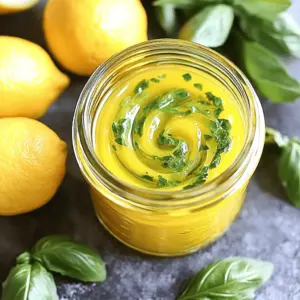 To make a zesty lemon basil vinaigrette, you need a few simple ingredients. Here’s what you’ll need: - 1/4 cup freshly squeezed lemon juice (about 2 large lemons) - 1/2 cup high-quality extra virgin olive oil - 1 tablespoon honey (or maple syrup for vegan) - 2 tablespoons fresh basil leaves, finely chopped - 1 teaspoon Dijon mustard - 1 clove garlic, finely minced - Sea salt and freshly cracked pepper to taste These ingredients blend to form a fresh and lively dressing that brightens any dish. The lemon juice gives a tangy kick, while the basil adds a sweet, herbaceous note. If you have specific dietary needs, you can easily adjust this recipe. Here are some easy swaps: - Use maple syrup in place of honey for a vegan option. - Substitute Dijon mustard with a gluten-free mustard if needed. - For a nut-free version, ensure your olive oil is processed in a nut-free facility. These substitutions keep the vinaigrette tasty while fitting your diet. Choosing the right olive oil is key for this recipe. I recommend a high-quality extra virgin olive oil. Look for one that is cold-pressed and has a fruity or peppery flavor. This oil will enhance the taste of your vinaigrette. Brands like California Olive Ranch or Lucini offer great options. Remember, good oil makes a big difference in flavor, so don’t skimp on this ingredient! You can find the full recipe above to create this vibrant dressing. Start by washing the lemons well. Cut the lemons in half and use a juicer or your hands to squeeze out the juice. Aim for about 1/4 cup of fresh juice, which usually comes from two large lemons. Make sure to strain out any seeds. Fresh lemon juice gives your vinaigrette a bright flavor. Grab a medium-sized mixing bowl. Add the fresh lemon juice, honey (or maple syrup), Dijon mustard, and minced garlic. Use a whisk to mix these ingredients together. Blend them until they are smooth and well combined. This will create a tasty base for your vinaigrette. While you whisk the mixture, slowly pour in the olive oil. This step is key. Drizzling it in slowly helps to emulsify the vinaigrette. This means it will become creamy and well-blended. Once the olive oil is fully mixed in, add the finely chopped basil leaves. Stir gently to mix. Taste your vinaigrette and season it with sea salt and pepper as you like. For the best flavor, put it in an airtight container. Let it rest for at least 10 minutes. This gives the flavors time to blend. Now, you can enjoy your fresh and flavorful lemon basil vinaigrette over salads or as a marinade. For the full recipe, check out the details above. When you make the vinaigrette, taste it as you go. If the vinaigrette is too tart, add more honey. If you prefer it sweeter, adjust to your liking. You can also play with salt and pepper. The balance will make a big difference. Store your vinaigrette in an airtight container. This keeps it fresh longer. It will last about a week in the fridge. You might notice the oil and lemon separate. Just shake it well before using it again. This simple step ensures you enjoy the best flavor every time. Feel free to get creative! While basil is great, try adding fresh parsley or cilantro. These herbs can change the taste and add a new twist. You can even mix in some mint for a refreshing kick. Fresh herbs make the vinaigrette lively and fun. Enjoy experimenting with flavors! {{image_4}} To make this vinaigrette vegan, simply swap honey for maple syrup. Maple syrup adds sweetness without any animal products. You can also skip the honey entirely if you prefer a tangier taste. The rest of the recipe stays the same. This makes it great for everyone, including those on a plant-based diet. While basil shines in this recipe, feel free to mix in other herbs. Fresh parsley or cilantro can add unique flavors. For a spicy kick, consider adding some fresh mint or dill. Each herb lends its taste, making the vinaigrette new and exciting. You can even create a blend of your favorites. You can enhance the vinaigrette by adding other citrus juices. Try using lime or orange juice along with lemon. Each citrus fruit brings its brightness and taste. A splash of grapefruit juice can also give it an intriguing twist. Just remember to keep the lemon as a base for that classic zing. For the full recipe, check below for more details on how to make your Healthy Lemon Basil Vinaigrette. To keep your Healthy Lemon Basil Vinaigrette fresh, use an airtight container. Glass jars work great. Make sure the lid seals tightly. Store it in your fridge right after you make it. This keeps the flavors vibrant and the ingredients safe. Homemade vinaigrette lasts about one week in the fridge. The lemon juice and herbs can lose flavor after a few days. Always check for any off smells or changes in color before using. If it looks or smells strange, it’s best to toss it. You can freeze your vinaigrette for later use. Pour it into ice cube trays for easy portions. Once frozen, transfer the cubes to a freezer bag. They can last up to three months. When ready to use, just thaw a few cubes in the fridge or at room temperature. This way, you’ll always have a zesty dressing on hand. For the full recipe, check the section above. You can store homemade vinaigrette in the fridge for about one week. Keep it in an airtight container to maintain freshness. The flavors will develop over time, making it taste even better. Just give it a good shake before using it again. Yes, you can use dried basil if fresh is not available. Start with one tablespoon of dried basil for every two tablespoons of fresh. Dried herbs are stronger in flavor, so adjust to your taste. However, fresh basil gives a bright, lively flavor that really shines. Lemon basil vinaigrette works well with many dishes. It’s perfect on salads, especially mixed greens or pasta salads. Try drizzling it on grilled vegetables or chicken for a fresh twist. You can also use it as a dip for bread or veggies. For a full recipe, check the section above. In this blog post, we explored how to make a tasty lemon basil vinaigrette. We covered the key ingredients you need, plus some fun substitutions. Next, I walked you through easy steps to prepare the dressing and shared tips to boost its flavor. We also looked at cool variations and how to store your vinaigrette for best results. Remember, this dressing enhances many dishes. You can enjoy fresh flavors at every meal with just a few simple steps.