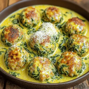 To make creamy spinach turkey meatballs, you will need: - 1 pound ground turkey - 1 cup fresh spinach, finely chopped - 1/2 cup breadcrumbs (preferably Italian seasoned) - 1/4 cup grated Parmesan cheese - 1 large egg - 3 cloves garlic, minced - 1 teaspoon dried oregano - Salt and freshly ground black pepper to taste - 1 tablespoon olive oil - 1 cup heavy cream - 1/2 teaspoon ground nutmeg - 1/2 cup cream cheese, softened to room temperature If you want to change things up, here are some options: - Use ground chicken instead of turkey. - Swap fresh spinach for frozen spinach. Just squeeze out the excess water. - Try whole wheat breadcrumbs for a healthier choice. - Substitute grated Parmesan with Pecorino Romano for a sharper taste. - Use Greek yogurt instead of cream cheese for a lighter sauce. These meatballs offer a good balance of protein and veggies. Here’s a quick look: - Calories: Approximately 400 per serving - Protein: 30 grams - Fat: 25 grams - Carbohydrates: 15 grams - Fiber: 1 gram - Sugars: 1 gram This recipe provides a delicious way to enjoy a meal that's both healthy and filling. For the complete cooking steps, you can check the Full Recipe. To start, gather your ingredients. You need ground turkey, spinach, breadcrumbs, Parmesan cheese, an egg, garlic, oregano, salt, and pepper. In a big bowl, mix these together. Use your hands for the best results. Combine them until you see no dry spots. Now, form them into meatballs, about 1.5 inches wide. Place them on a baking sheet lined with parchment paper. This helps them cook evenly. Preheat your oven to 400°F (200°C). Once you shape the meatballs, spread them out on the baking sheet. Leave space between each ball so they cook well. Bake them for 20-25 minutes. They should be golden brown and reach 165°F (74°C) inside. This ensures they are safe to eat and tasty. While the meatballs bake, get a skillet and heat olive oil over medium heat. Add heavy cream and let it warm up. Don’t let it boil. Next, whisk in ground nutmeg and cream cheese. Stir until the sauce is smooth. Season with salt and pepper to taste. When the meatballs are done, move them to the skillet. Coat them in the creamy sauce. Serve them warm, topped with extra Parmesan or spinach. For the full recipe, check out the details above. When mixing meatballs, you want to be gentle. Too much mixing can make them tough. Use your hands to combine the ingredients. This helps you feel if the mix is right. Make sure to distribute the spinach and cheese evenly. The goal is to have a good flavor in every bite. For perfect meatballs, size matters. Aim for meatballs about 1.5 inches wide. This size cooks evenly and stays juicy. Use a meat thermometer to check the temperature. The inside should reach 165°F (74°C). Also, give them space on the baking sheet. This helps them cook well without steaming. To get a creamy sauce, keep the heat low. If it gets too hot, the cream can curdle. Stir the sauce slowly as you add cream cheese. This helps it melt smoothly. For extra flavor, don’t forget the nutmeg. It adds a warm touch that makes the sauce pop. Try serving this sauce over pasta or rice for a full meal. For the full recipe, check out the detailed instructions above. {{image_4}} You can make this dish even healthier! Use lean turkey instead of regular ground turkey. Lean turkey has less fat, making it a lighter choice. This change keeps the meatballs moist while cutting calories. You can also swap out the heavy cream for a lighter option. Try using half-and-half or even Greek yogurt for a creamy texture without the extra fat. Both options work well and still taste great. Want to boost nutrition? Add more veggies! Grated zucchini or carrots mix well with the turkey and spinach. These vegetables add moisture and flavor. You can also try finely chopped bell peppers or mushrooms. They add a nice texture and extra nutrients. Just remember to adjust the breadcrumbs if your mixture gets too wet. This keeps the meatballs from falling apart. Switching up the sauce can change the whole dish! Instead of a creamy sauce, you can try marinara. It gives a fresh, tangy flavor that pairs well with meatballs. Or use pesto for a rich, herb-filled taste. You can even mix sauces. A layer of marinara topped with creamy sauce adds depth to your meal. Each sauce gives you a new way to enjoy these meatballs. You can find the full recipe for creamy spinach turkey meatballs to explore these ideas! To store your creamy spinach turkey meatballs, let them cool first. Place them in an airtight container. Make sure to separate layers with parchment paper to prevent sticking. Store them in the fridge for up to three days. This keeps them fresh and tasty. When you’re ready to enjoy leftovers, reheat them gently. You can use a microwave or a skillet. If using a microwave, heat in 30-second intervals until warm. For a skillet, add a splash of cream sauce, cover, and heat on medium until warm. This helps keep the meatballs moist and flavorful. If you want to freeze these meatballs, first let them cool completely. Arrange them in a single layer on a baking sheet. Freeze them for about 1-2 hours until solid. Once frozen, transfer them to a freezer-safe bag. They can last up to three months in the freezer. When ready to eat, thaw in the fridge overnight and reheat as mentioned above. Enjoy your creamy spinach turkey meatballs anytime! For the full recipe, check out the earlier section. Yes, you can make this recipe gluten-free. Use gluten-free breadcrumbs instead of regular ones. This simple swap keeps the texture while making it safe for those with gluten issues. You can also check labels on all ingredients to ensure they are gluten-free. To keep meatballs from falling apart, use the right balance of ingredients. The egg acts as a binder, so do not skip it. Make sure to mix the meat and other ingredients well. If the mixture feels too wet, add a bit more breadcrumbs. Shape them gently but firmly. Absolutely! You can use ground chicken or lean beef instead of turkey. Each type will give a different flavor and texture. Just remember that cooking times may vary. Adjust as needed to ensure all meats reach 165°F for safety. These creamy spinach turkey meatballs are simple and delicious. We covered ingredients, from substitutions to nutrition. You learned step-by-step how to prepare, bake, and make a creamy sauce. I shared tips to mix well and ensure perfect cooking. You also found variations, including healthier options and different sauces. Finally, we discussed how to store leftovers and answer common questions. Try these meatballs for a tasty meal that’s easy to customize. Enjoy making this dish as much as I enjoyed sharing it!