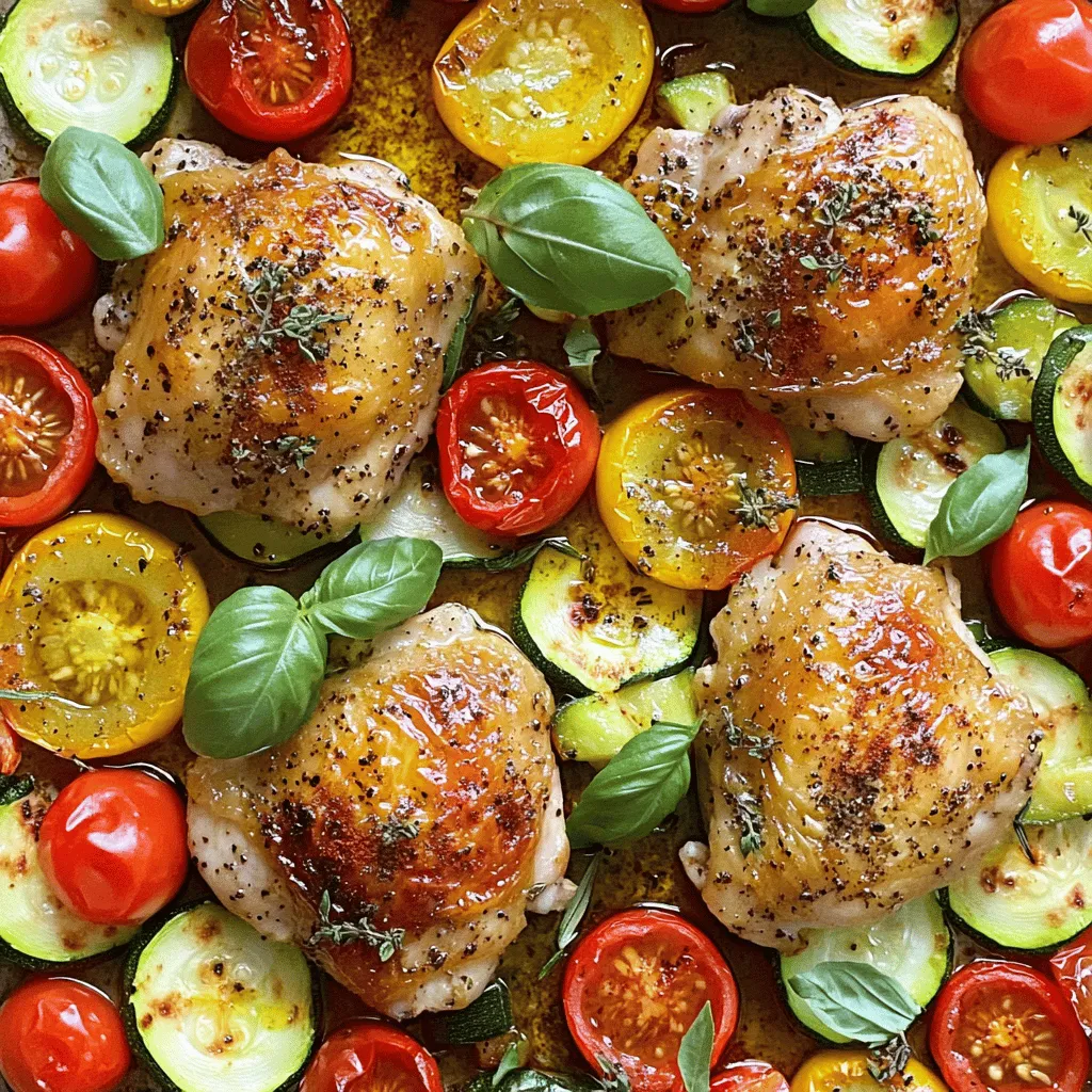- 4 boneless, skinless chicken thighs - 2 medium zucchinis, sliced into half-moons - 1 red bell pepper, cut into strips - 1 yellow bell pepper, cut into strips - 1 cup cherry tomatoes, halved - 4 cloves garlic, minced - 3 tablespoons olive oil - 1 teaspoon dried oregano - 1 teaspoon smoked paprika - Salt and pepper to taste When I create this Mediterranean Chicken & Zucchini Sheet Pan dish, I focus on fresh and simple ingredients. The chicken thighs stay juicy and full of flavor. The zucchinis and bell peppers add a vibrant color and texture. I love using cherry tomatoes for a sweet burst in every bite. In my kitchen, I always reach for quality olive oil. It enhances the richness of the dish. Dried oregano and smoked paprika bring depth to the flavor. A pinch of salt and pepper rounds it all out, making each bite delightful. This recipe makes meal prep easy. You can chop the veggies and marinate the chicken ahead of time. Just follow the [Full Recipe] for detailed steps. Enjoy this dish as a quick weeknight meal or for a special gathering. - Preheat your oven to 400°F (200°C). This step warms the oven for even cooking. - In a large bowl, mix together 3 tablespoons of olive oil, 4 cloves of minced garlic, 1 teaspoon of dried oregano, 1 teaspoon of dried thyme, 1 teaspoon of smoked paprika, along with salt and pepper. Whisk until the mixture is well blended. This marinade brings bold flavor to the chicken. - Take 4 boneless, skinless chicken thighs and coat them in the marinade. Make sure each piece is fully covered. - Let the chicken marinate for 15 minutes. This allows the flavors to soak in and makes the chicken taste amazing. - Grab a large sheet pan. Spread 2 medium zucchinis (sliced into half-moons), 1 red bell pepper (cut into strips), 1 yellow bell pepper (cut into strips), and 1 cup of halved cherry tomatoes evenly across the pan. This colorful mix adds flavor and nutrition. - Place the marinated chicken thighs on top of the veggies. This helps the chicken juices mix with the vegetables. - Drizzle any remaining marinade over the veggies. This adds extra flavor to the dish. - Bake everything in the oven for 25-30 minutes. The chicken should be cooked through and the veggies should be tender. This time gives you a deliciously baked meal. Follow these steps, and you’ll create a Mediterranean Chicken & Zucchini Sheet Pan that is both tasty and easy to make. For a detailed guide, check out the Full Recipe for more insights. - Make sure the chicken is well-coated in the marinade. This helps the flavors blend well. - Use a meat thermometer to check the chicken’s doneness. Aim for 165°F (74°C) for safe eating. - Add lemon juice just before serving. This brightens the dish and adds a fresh tang. - Try using fresh herbs like thyme or rosemary. They can really boost the flavor profile. - You can serve the meal directly from the sheet pan. This keeps it rustic and fun. - If you want to impress, transfer the dish to a platter. Drizzle olive oil on top for a beautiful finish. These tips will help you make your Mediterranean Chicken & Zucchini Sheet Pan even better! You can find the Full Recipe for more details. {{image_4}} You can change up the vegetables in this dish. Instead of zucchini, try using asparagus or broccoli. Both options add a nice crunch and flavor. You can also add olives for a briny taste. They give a nice contrast to the sweet veggies and chicken. If you want a leaner option, use chicken breasts instead of thighs. They cook well and stay tender. Another fun twist is to swap the chicken for shrimp. Shrimp cooks quickly and adds a nice seafood flavor to the dish. To make this meal gluten-free, check that all your ingredients are certified. There are many gluten-free options available nowadays. You can also use low-sodium ingredients. This helps make a healthier dish while keeping the flavors intact. Feel free to get creative with these variations. They let you explore new tastes while enjoying the core recipe. Check out the Full Recipe for even more ideas! After enjoying your Mediterranean Chicken & Zucchini Sheet Pan, store leftovers in airtight containers. This keeps the dish fresh and tasty. It’s best to eat the leftovers within three days. This way, you can enjoy the flavors at their peak without losing quality. To reheat, the oven is your best friend. Preheat it to 350°F (175°C). Place the chicken and veggies on a baking sheet. Heat for about 10-15 minutes until warm. This method helps keep the chicken juicy and the veggies tender. If you prefer the microwave, you can use it for convenience. Just add a splash of water to keep everything moist. Heat in short bursts, checking often to avoid overcooking. If you want to save portions for later, freeze them! Individual servings are great for meal prep. Use freezer-safe containers or bags. Make sure to label them with the date. To reheat, thaw in the refrigerator overnight. This will help your chicken and zucchini stay flavorful and juicy. Bake for 25-30 minutes at 400°F (200°C) until chicken is cooked through. This time ensures the chicken remains juicy, and the veggies become tender. I recommend checking the chicken's internal temperature. It should reach 165°F (74°C) for safe eating. Fresh chicken is preferred for optimal texture. If you use frozen chicken, fully thaw it before marinating. This step keeps the marinade effective. Thawing helps the chicken absorb all those tasty flavors. Serve with quinoa, rice, or a fresh salad for a complete meal. These sides add healthy grains and greens to your plate. I love a light lemon vinaigrette on salads for extra zing. Yes, it is perfect for meal prep. Store leftovers in the fridge for up to 3 days. This dish reheats well, making it a smart choice for busy days. You can enjoy it again without losing flavor. For the detailed step-by-step to make the Mediterranean Chicken & Zucchini Delight, check the Full Recipe. It guides you from start to finish. This blog shared a simple recipe for Mediterranean Chicken and Zucchini. We covered the main and additional ingredients, marinade steps, and baking instructions. I included tips for better taste, variations, and storage options. This dish is easy to make and can adapt to your needs. Try experimenting with different veggies or proteins to make it your own. You can enjoy it fresh or save it for later. Simple and tasty meals can fit into any lifestyle. Enjoy cooking and share your version with others!