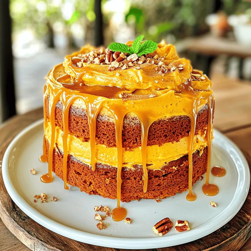- 2 cups all-purpose flour - 1 ½ teaspoons baking powder - 1 teaspoon baking soda - 1 teaspoon ground cinnamon - ½ teaspoon ground nutmeg - ½ teaspoon ground ginger - ½ teaspoon salt - 1 cup granulated sugar - ½ cup packed brown sugar - 1 cup vegetable oil - 4 large eggs - 1 cup canned pumpkin puree - 1 teaspoon vanilla extract - 8 oz cream cheese, softened - ½ cup unsalted butter, softened - 2 cups powdered sugar - ½ cup caramel sauce - A pinch of sea salt When it comes to making a pumpkin cake, the right ingredients matter. You need dry ingredients that create a fluffy texture. Flour, baking powder, baking soda, and spices like cinnamon, nutmeg, and ginger bring warmth to your cake. Don’t forget the salt; it boosts all the flavors. Next, the wet ingredients add moisture and richness. Sugar sweetens the cake, while vegetable oil keeps it tender. Eggs bind everything together. Canned pumpkin puree gives that classic pumpkin flavor and color. Finally, vanilla adds a nice touch of sweetness. For the frosting, cream cheese and butter create a creamy base. The powdered sugar sweetens the mix, while caramel sauce adds a rich, sweet flavor. A pinch of sea salt balances the sweetness perfectly. You can find the full recipe to guide you through each step to create this delightful cake. 1. Preheat the oven and prepare the cake pans: Start by setting your oven to 350°F (175°C). Grease and lightly flour two 9-inch round cake pans. This step stops the cakes from sticking. 2. Mix the dry ingredients: In a medium bowl, whisk together 2 cups of all-purpose flour, 1 ½ teaspoons of baking powder, 1 teaspoon of baking soda, 1 teaspoon of ground cinnamon, ½ teaspoon of ground nutmeg, ½ teaspoon of ground ginger, and ½ teaspoon of salt until they blend well. Set this mixture aside. 3. Combine sugars and oil: In a large bowl, add 1 cup of granulated sugar, ½ cup of packed brown sugar, and 1 cup of vegetable oil. Use an electric mixer on medium speed to mix until smooth and well combined. 1. Add eggs and pumpkin to the mix: Crack 4 large eggs into the sugar mixture one at a time. Mix well after each egg to blend them in fully. Then, add 1 cup of canned pumpkin puree and 1 teaspoon of vanilla extract, mixing until smooth. 2. Combine wet and dry mixtures: Gently fold the dry ingredients into the wet mixture using a spatula. Be careful to mix just enough until you no longer see dry flour. This helps keep the cake fluffy. 3. Bake the cakes and cool them: Pour the batter evenly into the prepared pans. Smooth the tops with a spatula. Bake for 25-30 minutes or until a toothpick comes out clean. After baking, let the cakes cool in the pans for about 10 minutes, then transfer them to wire racks to cool completely. 1. Beat together cream cheese and butter: In a mixing bowl, beat 8 oz of softened cream cheese and ½ cup of unsalted butter together until smooth and creamy. 2. Gradually add powdered sugar: Slowly add 2 cups of powdered sugar to the cream cheese mixture, beating until well combined. 3. Incorporate caramel sauce and sea salt: Mix in ½ cup of caramel sauce and a pinch of sea salt until everything blends well. This will make your frosting rich and flavorful. Follow these steps, and you will have a delicious pumpkin cake with caramel cream cheese frosting. For the complete process and ratios, refer to the Full Recipe. To make the best pumpkin cake, follow these simple tips. First, avoid over-mixing the batter. When you mix too much, the cake can turn out dense. Instead, mix until just combined. This keeps your cake light and fluffy. Next, make sure your ingredients are at room temperature. When eggs and other ingredients are warm, they blend better. This helps the batter rise and gives you a perfect cake. For a smooth frosting finish, start with softened cream cheese and butter. This makes blending easier and avoids lumps. Beat the mixture well until it's creamy. When spreading the frosting, use a spatula to create a nice even layer. For added flair, drizzle caramel sauce on top after frosting. This not only looks great but adds extra flavor! When it's time to serve, presentation is key. Slice the cake into even pieces and place each slice on a nice plate. Drizzling more caramel sauce around the slice adds a lovely touch. A light dusting of cinnamon on top gives a rustic feel. For a pop of color, add a small sprig of fresh mint on each plate. These small details make your pumpkin cake even more delightful. {{image_4}} You can easily boost the taste of your pumpkin cake. Adding spices like cloves or allspice can give it a richer flavor. You might want to try chocolate chips for a sweet twist. They melt and create pockets of gooey goodness in the cake. Using different frostings can also change the vibe. A vanilla frosting can lighten the overall taste. A chocolate frosting can add a decadent touch, making it a real treat. If you want a lighter option, whipped cream is a great choice. It pairs well with pumpkin flavors and adds a nice fluffiness. You can also explore vegan frosting options. A simple coconut cream frosting can be creamy and delicious. Just chill a can of coconut milk overnight, scoop the solid part, and whip it. It’s a fun twist for those who prefer plant-based treats. For those with gluten issues, gluten-free flour works well. Just make sure to use a blend that matches all-purpose flour. You can still enjoy this cake without the gluten. If you want to cut down on sugar, consider alternatives like stevia or coconut sugar. They can lower the sweetness while keeping the flavor intact. You can adjust the sweetness to your taste without losing joy in every bite. For the full recipe, check the link above and start baking! How do you store leftover cake? First, let the cake cool completely. This step keeps it from getting soggy. Wrap the cake tightly in plastic wrap. You can also place it in an airtight container. This helps keep the pumpkin cake fresh for up to four days in the fridge. What are the best containers for freshness? Use glass or plastic containers with tight lids. This keeps air out and moisture in. You can also use cake domes for easy access and great presentation. How do you freeze and thaw the cake? To freeze, wrap each layer in plastic wrap and then foil. This keeps the cake safe from freezer burn. You can freeze the cake for up to three months. To thaw, place the cake in the fridge overnight. Let it sit at room temperature for about an hour before serving. How long can the cake last in the freezer? When stored correctly, the cake can last for three months. Just remember to label your cake with the date. This way, you know when it’s best to eat. How do you reheat slices for the best flavor? Preheat your oven to 350°F. Place slices on a baking sheet and cover them with foil. Heat for about 10-15 minutes. This warms up the cake without drying it out. You can also use the microwave. Heat each slice for about 10-15 seconds. This option keeps it soft and tasty. Enjoy your pumpkin cake with caramel cream cheese frosting just like it was fresh! How to tell when the cake is done baking? To check if your cake is done, insert a toothpick in the center. If it comes out clean, your cake is ready. This usually takes about 25 to 30 minutes at 350°F. Keep an eye on it as it bakes. Can I use fresh pumpkin instead of canned? Yes, you can use fresh pumpkin. Just make sure to cook and puree it first. Fresh pumpkin gives a nice flavor, but canned pumpkin is easy and convenient. Can I make the frosting ahead of time? You can make the frosting ahead of time. Just store it in the fridge until you're ready to use it. When you want to frost your cake, let it warm up a bit. How long does caramel frosting last? Caramel frosting can last up to a week in the fridge. Just keep it in an airtight container. If it gets too thick, mix it well before using. What can I do if my cake is too dense? If your cake is dense, it might be over-mixed or over-baked. To fix this, mix just until combined. Also, check your oven temperature to make sure it’s accurate. How to prevent the cake from sticking to the pan? To prevent sticking, grease the pan well with butter or oil. Dust it lightly with flour. You can also line the bottom with parchment paper for extra safety. This blog post guides you through making a delicious pumpkin cake with caramel cream cheese frosting. You learned about the key ingredients, step-by-step instructions, and essential tips for great texture. We explored fun variations and storage tips to keep your cake fresh. With these insights, you can bake a tasty treat for any occasion. Embrace your creativity and enjoy the process. Happy baking!