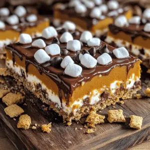To make delicious pumpkin s'mores bars, you need some key ingredients. These components create the perfect blend of flavors and textures. - 1 ½ cups graham cracker crumbs: This forms the base. Look for fresh, crunchy crumbs. - ½ cup unsweetened cocoa powder: This adds rich chocolate flavor to the bars. - ½ cup unsalted butter, melted: Use real butter for the best taste and texture. - 1 cup granulated sugar: This sweetens the filling, balancing the pumpkin's earthiness. - 1 cup pumpkin puree: Opt for pure pumpkin puree, not pie filling. It’s key for flavor. - 2 large eggs: These bind the filling together, giving it a smooth texture. - 1 teaspoon vanilla extract: This enhances the overall flavor of your bars. - 1 teaspoon ground cinnamon: A must for that warm fall spice. - ½ teaspoon ground nutmeg: Adds depth and warmth to the pumpkin flavor. - ¼ teaspoon salt: A small amount boosts all the flavors in the bars. - 1 cup mini marshmallows: These create that classic s'mores touch. - ½ cup chocolate chips (milk or dark): Choose your favorite type for extra sweetness. If you have allergies, consider these substitutions: - Use gluten-free graham crackers for a gluten-free option. - Replace eggs with flax eggs (1 tablespoon of flaxseed meal mixed with 2.5 tablespoons of water) for a vegan version. - For dairy-free, swap butter with coconut oil and use dairy-free chocolate chips. These ingredients work together to make a tasty fall treat. You can find the full recipe to get started on these pumpkin s'mores bars! 1. Preheat the oven. Start by heating your oven to 350°F (175°C). This step is key to getting the bars baked just right. 2. Prepare the baking pan. Grab a 9x13 inch baking pan. Lightly grease it or line it with parchment paper. This will help you remove the bars easily later. 3. Create the graham cracker crust. In a medium bowl, mix together: - 1 ½ cups graham cracker crumbs - ½ cup unsweetened cocoa powder - ½ cup unsalted butter, melted Stir until it looks like wet sand. Press this mixture firmly into the bottom of your pan. This crust will hold everything together. 4. Mix the pumpkin filling. In a large bowl, whisk together: - 1 cup granulated sugar - 1 cup pumpkin puree - 2 large eggs - 1 teaspoon vanilla extract - 1 teaspoon ground cinnamon - ½ teaspoon ground nutmeg - ¼ teaspoon salt Make sure it’s smooth. A well-mixed filling ensures great flavor in each bite. 5. Pour and spread the filling. Carefully pour the pumpkin mixture over the crust. Use a spatula to spread it evenly. This ensures every bar has the same taste. 6. Bake and test for doneness. Place the pan in the oven. Bake for about 25-30 minutes. The edges should be set. Insert a toothpick into the center. If it comes out mostly clean, your bars are done. 7. Add marshmallows and chocolate chips. Take the pan out of the oven. Immediately sprinkle on: - 1 cup mini marshmallows - ½ cup chocolate chips The heat will start to melt them, creating a gooey layer on top. 8. Broil for the perfect golden top. Return the pan to the oven and set it to broil. Keep a close eye on it for 1-2 minutes. You want the marshmallows to turn golden. 9. Cool and cut the bars. After broiling, let the bars cool in the pan for about 30 minutes. Then, place them in the fridge for an hour. This helps the flavors mix and the texture firm. When chilled, cut the bars into squares. Enjoy your pumpkin s'mores bars! To ensure even cooking, spread the filling smoothly over the crust. This helps it bake uniformly. Keep an eye on your bars as they bake. They should be firm at the edges and slightly soft in the center. A toothpick should come out mostly clean when they are done. You can add more spices to enhance the flavor. Try a pinch of ginger or cloves for an extra kick. Choose high-quality chocolate for the best taste. Good chocolate makes a big difference in flavor. Use dark chocolate chips for a rich contrast. Serve your bars on a rustic wooden board. This adds charm to your dish. Drizzle warm chocolate sauce on top for a decadent touch. Sprinkle crushed graham crackers on the bars for added texture. You can also top them with whipped cream for a delightful finish. Explore the full recipe to get more creative ideas! {{image_4}} You can change up the chocolate in your pumpkin s'mores bars for fun flavors. Try using white chocolate for a sweet twist. Dark chocolate adds depth and richness. For a more sweet treat, consider using peanut butter chips. Each option gives a new taste to the bars. Switching flavors for the seasons is also fun. In winter, you can swap pumpkin puree with peppermint extract. This change adds a festive touch and a cool flavor. You can also use chocolate mint chips for a unique taste. If you want a vegan version, swap the eggs with flaxseed meal. Mix one tablespoon of flaxseed meal with three tablespoons of water. Let it sit for five minutes to thicken. You can also use dairy-free chocolate chips and vegan butter for all the creamy goodness. You can change the crust too. Use crushed gluten-free cookies for a gluten-free option. You can also try chocolate cookies for a deeper flavor. If you want a nutty taste, consider using almond flour for the crust. These easy switches will help you enjoy pumpkin s'mores bars your way. For the full recipe, check out the detailed instructions. To keep your pumpkin s'mores bars fresh, store them in an airtight container. This helps maintain their texture and taste. You can stack the bars with parchment paper between layers to prevent sticking. Keep them in a cool, dry place. They will stay fresh for up to three days on the counter. If you want to keep them longer, refrigerate them. They can last up to a week in the fridge. Freezing is a great option for longer storage. First, let the bars cool completely. Cut them into squares, then wrap each square tightly in plastic wrap. Place the wrapped bars in a freezer-safe bag or container. You can freeze them for up to three months. When you are ready to eat them, remove the bars from the freezer. Thaw them in the fridge overnight for best texture. You can also let them sit at room temperature for a couple of hours. Enjoy your pumpkin s'mores bars at their best! For the full recipe, check out the previous section. Can I use fresh pumpkin instead of canned puree? Yes, you can use fresh pumpkin. Just cook and mash it well. Canned pumpkin is easier and saves time. It also has a smoother texture, which is great for bars. How do I know when my bars are adequately broiled? When broiling, watch closely for the marshmallows. They should turn golden and puffy. This usually takes just 1-2 minutes. Keep the oven light on to see better. What are some recommended pairings with pumpkin s'mores bars? These bars go well with hot chocolate or spiced cider. You might also enjoy them with a scoop of vanilla ice cream. The flavors balance nicely for a cozy treat. What to do if the crust is too crumbly or overly dry? If the crust is dry, add a bit more melted butter. Mix well and press down firmly. This should help it stick together better and hold its shape. How to fix a soggy filling or undercooked bars? If your bars are soggy, bake them a bit longer. Test with a toothpick to check doneness. If they are undercooked, return to the oven for 5 more minutes. In this blog post, we explored how to make delicious pumpkin s'mores bars. We covered essential ingredients, step-by-step instructions, and helpful tips for perfecting your baking. You now have ideas for variations and storage options to keep your bars fresh. These treats can be fun and easy to make. Feel free to customize them to fit your taste or diet. Enjoy baking and sharing this seasonal delight with friends and family!