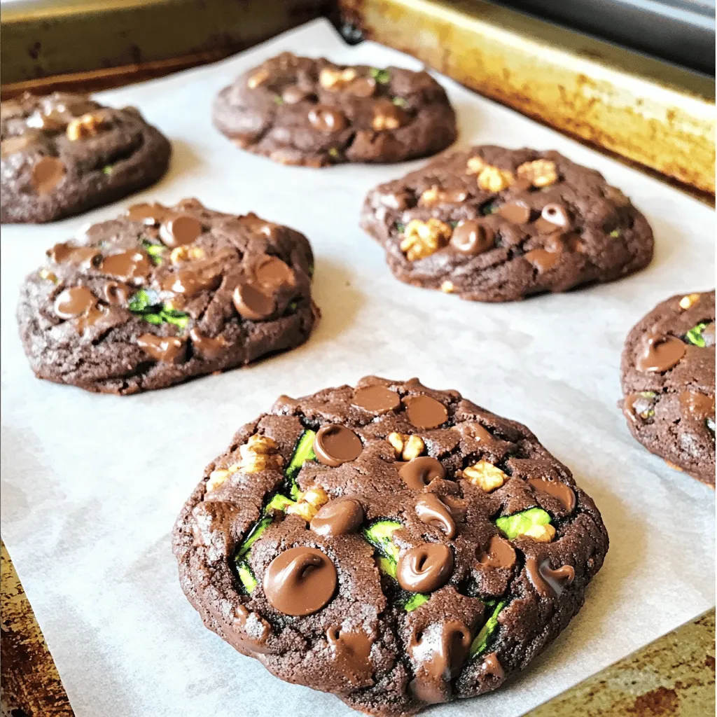 To make delicious chocolate zucchini cookies, you need specific ingredients. Here are the key ones: - 1 cup finely grated zucchini (make sure to squeeze out extra water) - 1/2 cup unsweetened cocoa powder - 1 cup all-purpose flour - 1/2 teaspoon baking soda - 1/2 teaspoon baking powder - 1/4 teaspoon fine salt - 1/2 cup granulated sugar - 1/2 cup packed brown sugar - 1/2 cup vegetable oil - 1 teaspoon pure vanilla extract - 1 large egg, beaten - 1/2 cup semi-sweet chocolate chips These ingredients form the base of your cookies. The zucchini adds moisture and nutrition without changing the taste much. You can enhance your cookies with fun add-ins. Here are some options: - 1/4 cup chopped walnuts (adds crunch) - A pinch of cinnamon (adds warmth) - A dash of espresso powder (boosts chocolate flavor) Feel free to mix and match these options. They can make your cookies even more special. To bake these cookies, you will need some basic kitchen tools: - Mixing bowls (one large and one medium) - Whisk or spoon for mixing - Baking sheet lined with parchment paper - Measuring cups and spoons - Grater for zucchini - Wire rack for cooling Having the right tools makes baking easier and more fun. Now you’re ready to make your chocolate zucchini cookies from the full recipe! To start, preheat your oven to 350°F (175°C). This step is key for great cookies. Next, line a baking sheet with parchment paper to prevent sticking. In a medium bowl, whisk together these dry ingredients: all-purpose flour, cocoa powder, baking soda, baking powder, and salt. Mix them well and set aside. In a larger bowl, combine finely grated zucchini, granulated sugar, brown sugar, vegetable oil, and vanilla extract. Add in a beaten egg and stir until the mixture is smooth. This wet mixture brings all the flavors together. Gradually add the dry mixture to the wet, stirring gently. Do not overmix; we want soft cookies. Finally, fold in semi-sweet chocolate chips and chopped walnuts, if you like. This will make your cookies even more delicious. Now, use a spoon to drop tablespoon-sized mounds of dough onto the baking sheet. Make sure to space them about 2 inches apart. This space helps them spread while baking. Once they are all on the sheet, place it in your oven. Bake for 10 to 12 minutes. Keep an eye on them; the edges should be set, but the centers should still look soft. This gives that chewy texture we love. After baking, remove the cookies from the oven. Let them cool on the baking sheet for about 5 minutes. Then, move them to a wire rack to cool completely. For a lovely presentation, arrange your cookies on a decorative plate. Dust them lightly with powdered sugar for a nice touch. You can also add fresh zucchini slices or chocolate pieces on the side for a fun look. These little steps make your cookies stand out. Enjoy your delicious creation! To get the best texture in your cookies, ensure you squeeze out extra water from the zucchini. This step keeps your cookies from being too wet. Mix your dry and wet ingredients gently. Overmixing can lead to tough cookies. Bake them until the edges are set but the centers look soft. This keeps them chewy and delicious. One common mistake is not measuring the flour correctly. Too much flour can make cookies dry. Make sure you spoon the flour into the measuring cup and level it off. Another mistake is not preheating your oven. An oven that isn’t hot enough can affect the rise and texture of your cookies. Also, avoid opening the oven door too often while baking. This lets heat escape and can lead to uneven baking. You can boost the flavor of your cookies by adding a pinch of cinnamon or a dash of espresso powder. These ingredients add depth to the chocolate taste. If you like nuts, chopped walnuts give a nice crunch. You can also use dark chocolate chips for a richer flavor. If you want a fun twist, try adding a tablespoon of orange zest for a fresh note. For more ideas, check out the Full Recipe. {{image_4}} You can change some ingredients to make these cookies healthier. Instead of granulated sugar, use coconut sugar. It has a lower glycemic index. You can also swap out vegetable oil for applesauce. Applesauce keeps the cookies moist while cutting calories. For flour, try using whole wheat flour. Whole wheat adds fiber and nutrients. You can make these cookies even more fun with extra flavors. Try adding shredded coconut for a tropical twist. Dried fruit, like cranberries or cherries, can add a sweet touch. You can also mix in different types of chocolate chips. White chocolate or dark chocolate can change the flavor profile completely. If you need a gluten-free version, use almond flour or a gluten-free flour mix. These options work well and still create a tasty cookie. For a dairy-free treat, choose dairy-free chocolate chips. You can also use almond milk instead of regular milk in the dough. This way, everyone can enjoy these delicious cookies! For the full recipe, check out the Chocolate Zucchini Delight Cookies. To keep your chocolate zucchini cookies fresh, store them in an airtight container. This will help maintain their soft texture. Place parchment paper between layers to prevent sticking. If you have cookies with nuts, keep them separate to avoid sogginess and maintain crunchiness. Keep the container in a cool, dry place, away from direct sunlight. Freezing cookie dough is a smart way to enjoy cookies anytime. After mixing your dough, scoop it into mounds on a baking sheet. Freeze the mounds for about an hour until firm. Then, transfer them to a freezer bag. Label the bag with the date and type of cookies. When you're ready to bake, just pop them in the oven straight from the freezer. Adjust the baking time by a minute or two. Chocolate zucchini cookies stay fresh for about five days at room temperature. If stored properly in an airtight container, they can last up to a week. For longer storage, freeze them. They can last up to three months in the freezer without losing flavor. Remember, the zucchini helps keep them moist and tasty! For the full recipe, check out the [Full Recipe]. Yes, you can use other sweeteners. Honey or maple syrup works well. However, you may need to adjust the liquid in the recipe. If you use a granulated sweetener like stevia, follow its packaging for the right amount. Always taste your dough to ensure it is sweet enough. To avoid soggy cookies, squeeze out excess water from the zucchini. Use a clean kitchen towel or cheesecloth. This step is key for achieving the right texture. Also, don’t overmix the dough. This helps keep the cookies light and chewy. Chocolate zucchini cookies likely started in the U.S. during the 1970s. This recipe became popular as a way to use extra summer zucchini. Home bakers liked the idea of sneaking vegetables into sweet treats. It’s a clever way to enjoy more veggies in a fun form. This article covered how to make delicious chocolate zucchini cookies. We explored key ingredients and optional flavors. You learned the steps for prepping, baking, and cooling cookies. I shared tips to improve texture and avoid common mistakes. We also discussed fun variations like gluten-free options. Lastly, I provided storage tips to keep them fresh. Now, you have all the tools to bake and enjoy these tasty treats! Happy baking!
